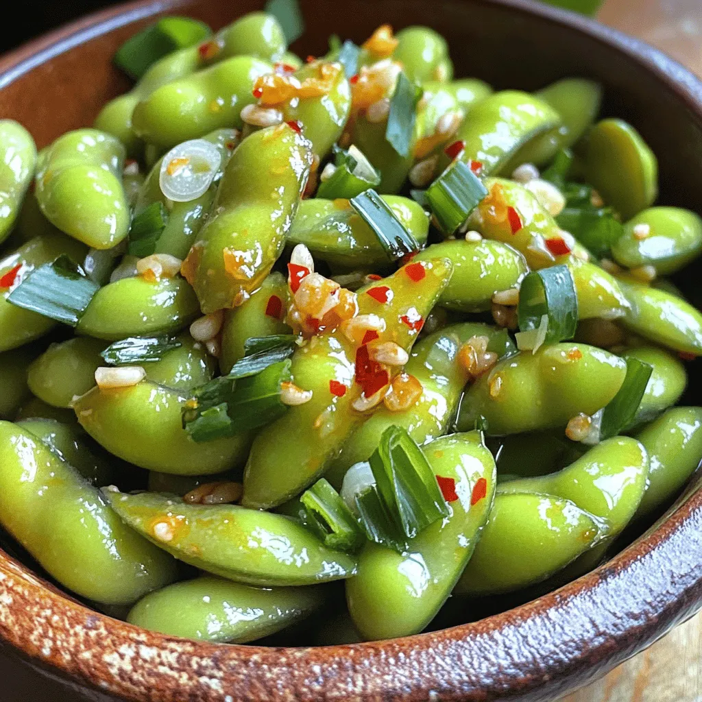- 2 cups frozen edamame pods - 2 tablespoons olive oil - 4 cloves garlic, minced - 1 teaspoon red pepper flakes (adjust to taste) - 1 tablespoon soy sauce - 1 tablespoon sesame oil - 1 teaspoon fresh lime juice - Sea salt, to taste - Sliced green onions for garnish In this recipe, frozen edamame is the star. You can find them in most grocery stores. The olive oil helps sauté the garlic, making it fragrant and delicious. The garlic adds depth, while red pepper flakes bring a kick. You can adjust the spice to your liking. Soy sauce and sesame oil round out the flavor. They create a savory base that pairs well with the edamame. Fresh lime juice adds brightness. Sea salt enhances all the flavors. Lastly, sliced green onions add a nice touch. They make your dish look appealing and add a pop of freshness. Enjoy making this simple yet tasty snack! - Bring water to a boil. - Cook edamame for 3-5 minutes until tender. - Drain and set aside. Start by filling a medium pot with water. Turn on the heat and wait for it to boil. Once it bubbles, add your frozen edamame pods. You want them to cook until they are tender but not mushy. Three to five minutes is perfect. After cooking, drain the edamame in a colander. This step is key to keep them fresh and crisp. Set them aside while you prepare the spicy garlic mixture. - Heat olive oil in a skillet. - Sauté minced garlic until golden. - Add red pepper flakes and cook briefly. Now, grab a large skillet. Pour in two tablespoons of olive oil and heat it over medium heat. Once hot, add the minced garlic. Stir it for about one minute until it turns golden. Be careful not to let it burn! After the garlic is fragrant, sprinkle in the red pepper flakes. Cook for another minute to release their spicy flavor. - Toss cooked edamame with garlic mixture. - Stir in soy sauce and sesame oil. - Let cook for additional 1-2 minutes. Next, add your drained edamame to the skillet. Toss them well to coat with the garlic and spice mix. Then pour in soy sauce and sesame oil. Stir everything together and let it cook for another one to two minutes. This helps the flavors blend nicely. - Drizzle lime juice and mix. - Season with sea salt. - Garnish with green onions if desired. Finally, take your cooked edamame off the heat. Drizzle fresh lime juice over the top and mix it in. Season with sea salt to taste. If you want to add a pop of color, sprinkle sliced green onions on top. This gives a fresh look and an extra crunch. Serve the edamame warm for a tasty snack! To get the best texture, cook the edamame for 3 to 5 minutes. If you cook it too long, it can become mushy. You want it tender, yet firm. After cooking, draining the edamame well is key. If you leave water in, the dish can become watery. For spice, adjust the red pepper flakes to suit your taste. Start with one teaspoon, then add more if you like it hotter. Fresh ingredients make a big difference. Use fresh garlic and lime juice for a brighter taste. This makes each bite pop! Minute Spicy Garlic Edamame pairs well with many dishes. Try it with grilled chicken or fish for a nice contrast. You can also serve it as an appetizer or snack at parties. People love to munch on it with drinks! {{image_2}} You can change the spice level to suit your taste. For a mild version, use less red pepper. Just add half a teaspoon of red pepper flakes. This keeps the flavor without too much heat. If you like it spicy, add more chili oil. Just one extra teaspoon can really kick it up. Don’t have olive oil? Try avocado oil instead. It adds a nice flavor too. You can also switch the soy sauce for tamari if you need it gluten-free. This swap keeps the taste rich and savory. Want to add some crunch? Toasted sesame seeds are perfect. Just sprinkle them on top before serving. You can also use fresh herbs, like cilantro or parsley. They add a fresh twist and brighten up the dish. To keep your Minute Spicy Garlic Edamame fresh, place it in an airtight container. This helps prevent moisture loss and keeps the flavors intact. Store it in the fridge right away to ensure safety. When stored this way, the edamame lasts for up to three days. After that, the flavor may fade, and the texture might change. To enjoy your edamame again, the best way to reheat it is in a skillet. Heat it over low to medium heat, stirring often. This method helps maintain the taste and texture. You can also microwave it for about 30 seconds. If you use the microwave, cover it with a damp paper towel. This keeps the edamame moist. Avoid reheating more than once for the best flavor. Yes, you can freeze edamame again after cooking. Make sure it is completely cool before freezing. Place it in a freezer-safe bag. Remove as much air as you can before sealing. When stored properly, frozen edamame can last up to three months. To use frozen edamame, just boil it for a few minutes until heated through. This way, you can enjoy your spicy snack anytime! It takes just 5 minutes to prep and about 10 minutes to cook. The total time involved is 15 minutes. This quick recipe makes it easy to enjoy a tasty snack or side dish in no time! Yes, you can use fresh edamame! Fresh edamame may have a slightly better texture. However, it takes longer to cook. Boil fresh edamame for about 5-7 minutes until tender. Make sure to taste them to check for doneness. You can serve this dish with rice or noodles for a complete meal. It pairs nicely with grilled chicken or fish. You can also enjoy it as an appetizer at parties. Add it to a veggie platter for a fun snack option! In summary, this blog post guides you through making Minute Spicy Garlic Edamame. You learned about the key ingredients, step-by-step cooking instructions, and tips for perfecting flavor and texture. You can customize the spice level and toppings to suit your taste. Remember, storing leftovers properly keeps them fresh. Whether as a snack or a side, this dish offers great flavor. Enjoy your cooking adventure with edamame, and let your taste buds celebrate!
