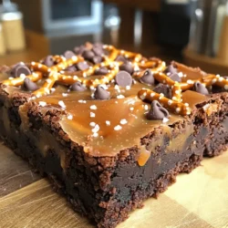 - 1 cup unsalted butter (2 sticks) - 2 cups granulated sugar - 4 large eggs - 1 teaspoon vanilla extract - 1 cup all-purpose flour - 1 cup unsweetened cocoa powder - 1 teaspoon baking powder - 1/2 teaspoon salt - 1 cup chocolate chips - 1 cup pretzel rods, crushed - 1 cup caramel sauce (store-bought or homemade) - Sea salt for topping These ingredients create a rich, fudgy brownie. The butter adds moisture, while the sugar brings sweetness. Eggs help bind everything together. The flour and cocoa powder provide structure and chocolate flavor. Baking powder helps the brownies rise. Salt balances the sweetness and enhances flavors. Chocolate chips add extra chocolate goodness, and crushed pretzels give a delightful crunch. - Chopped nuts (like pecans or walnuts) - Whipped cream - Extra caramel drizzle Adding nuts gives a nice texture contrast. Whipped cream adds creaminess, while extra caramel makes it sweeter and richer. Choose toppings based on your taste! - Medium saucepan - Large mixing bowl - Whisk - Spatula - 9x13 inch baking pan - Parchment paper (for easy removal) - Measuring cups and spoons These tools make the process smooth and easy. A whisk helps mix the batter well. A spatula ensures you get every bit of batter out. The pan size is key for baking evenly. Start by preheating your oven to 350°F (175°C). This step is key for even baking. While the oven warms up, prepare your 9x13 inch baking pan. You can either grease it with butter or line it with parchment paper. If you use parchment, leave some overhang. This helps you lift the brownies out later. Next, melt 1 cup of unsalted butter in a medium saucepan over low heat. Once melted, take it off the heat. Stir in 2 cups of granulated sugar until it blends well. Let this mixture cool for a minute. Then, add 4 large eggs one at a time, whisking after each. Don’t forget to mix in 1 teaspoon of vanilla extract. In another bowl, sift together 1 cup of all-purpose flour, 1 cup of unsweetened cocoa powder, 1 teaspoon of baking powder, and 1/2 teaspoon of salt. Gradually add the wet mixture to the dry ingredients. Stir gently until just combined. Be careful not to overmix. Finally, fold in 1 cup of chocolate chips and 1 cup of crushed pretzel rods. Pour half of the brownie batter into your prepared pan. Smooth it out with a spatula. Drizzle half of the caramel sauce over this layer. Then, spoon the rest of the brownie batter on top. Use a knife to swirl in the remaining caramel for a fun marbled look. Bake in your preheated oven for 25-30 minutes. Check for doneness by inserting a toothpick in the center. It should come out with a few moist crumbs. Once done, let the brownies cool in the pan for at least 15 minutes. After cooling, sprinkle a few flakes of sea salt on top for that sweet-and-salty kick. To make the best salted caramel pretzel brownies, focus on a few key steps. First, do not overmix the batter. This keeps your brownies soft and fudgy. Mix until just combined. Also, use room temperature eggs. They blend better and help with texture. For a richer taste, you can use high-quality cocoa powder. It makes a big difference in flavor. Lastly, let the brownies cool before cutting them. This helps them set and makes cutting easier. Store your brownies in an airtight container. This keeps them fresh for up to five days. If you want to keep them longer, freeze them. Wrap each brownie in plastic wrap, then place them in a freezer bag. They can last for up to three months in the freezer. To reheat, warm them in the microwave for about 10-15 seconds. This makes them gooey and delightful. One common mistake is not greasing the pan properly. This can make removing the brownies tough. Always grease or line the pan with parchment paper. Another mistake is using old baking powder. Check the date; fresh baking powder ensures your brownies rise well. Lastly, avoid opening the oven door too early. This can cause your brownies to sink. Wait until the last few minutes to check for doneness. {{image_2}} You can change up your salted caramel pretzel brownies with fun add-ins. Try adding nuts for a crunchy bite. Walnuts or pecans work well. You can also mix in different types of chocolate chips. Dark, white, or even mint chocolate chips can add a twist. For a fruity taste, add dried cherries or raspberries. This gives a nice balance to the sweet and salty. Making these brownies gluten-free is easy. Substitute the all-purpose flour with a gluten-free flour blend. Make sure it has a good mix of starches and fibers. You can also use almond flour for a nutty flavor. Just keep an eye on the baking time. Gluten-free options may bake a bit faster, so check them early. You can enjoy these brownies without animal products too. Replace the butter with coconut oil or a vegan butter. Use flax eggs instead of regular eggs for moisture. Mix one tablespoon of flaxseed meal with three tablespoons of water for each egg. This gives you a great binding effect. Use dairy-free chocolate chips and vegan caramel sauce. This way, everyone can taste this delicious treat! Store your salted caramel pretzel brownies in an airtight container. This keeps them fresh and moist. You can layer them with parchment paper to prevent sticking. Keep the container at room temperature for up to three days. If you want to store them longer, the fridge is a good option. Just remember to seal them well to avoid drying out. Freezing brownies is simple and a great way to save some for later. First, let the brownies cool completely after baking. Once cooled, cut them into squares. Wrap each piece in plastic wrap. Then, place the wrapped brownies in a freezer-safe bag or container. They can stay in the freezer for up to three months. When you want one, simply thaw it at room temperature or warm it in the microwave for a few seconds. Brownies taste best when eaten fresh, but they last well if stored properly. At room temperature, they stay good for about three days. In the fridge, they can last up to a week. Always check for any signs of spoilage, like a change in smell or texture. If you see any, it’s best to toss them. To enjoy the best flavor, try to eat them within the first few days. You can tell when brownies are done by checking the center. Insert a toothpick into the middle. If it comes out with a few moist crumbs, they are ready. If the toothpick has wet batter, bake them a bit longer. Brownies can also look set around the edges and slightly soft in the center. Yes, you can make these brownies ahead of time. They keep well for a few days at room temperature. Just store them in an airtight container. If you want to keep them longer, you can freeze them. Wrap the brownies tightly in plastic wrap, then place them in a freezer bag. They can last up to three months in the freezer. If you don't have caramel sauce, there are some tasty substitutes. You can use chocolate sauce, peanut butter, or butterscotch sauce. You can also make your own caramel by cooking sugar and cream together. This can give you a fresh, homemade touch. In this blog post, we covered everything about brownies. We listed main ingredients, optional toppings, and tools you'll need. Next, we shared step-by-step instructions to bake them perfectly. I offered tips to avoid mistakes and shared handy storage advice. We also explored fun variations, including gluten-free and vegan options. Remember, baking is about having fun. Don’t be afraid to try new flavors. Perfect your brownies, enjoy them fresh, and share them with others. Your journey to the best brownies starts now!