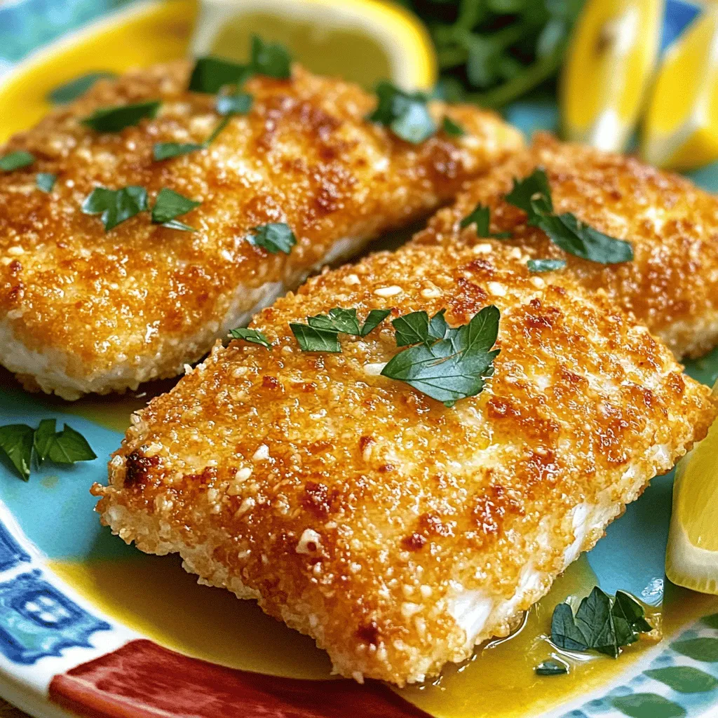 To make Air Fryer Parmesan Crusted Tilapia, you'll need these key ingredients: - 4 tilapia fillets - 1/2 cup grated Parmesan cheese - 1/2 cup breadcrumbs (preferably panko for extra crunch) - 1 teaspoon garlic powder - 1 teaspoon dried Italian herbs (or mixed herbs) - 1/2 teaspoon salt - 1/4 teaspoon black pepper - 2 large eggs - 2 tablespoons olive oil - Fresh lemon wedges for serving These ingredients come together to create a crunchy, tasty dish. The tilapia fillets are light and flaky, while the Parmesan and breadcrumbs add a satisfying crunch. To elevate your dish, consider these seasonings and enhancements: - Add smoked paprika for a hint of smokiness. - Try a sprinkle of cayenne pepper for heat. - Use fresh herbs like parsley or dill for bright flavor. - Mix in some lemon zest for a citrus kick. These extras can take your tilapia to the next level. You can also adjust the salt based on your taste. When choosing tilapia, look for fresh or frozen fillets. I recommend wild-caught tilapia if you can find it. It's often firmer and has a better taste. Farmed tilapia is also a good choice, but check for sustainability. Always select fillets that smell fresh and have a bright color. This choice can make your dish even more delicious. First, set your air fryer to 400°F (200°C). Let it preheat for about 5 minutes. This step helps the tilapia cook evenly and become crispy. Take a shallow bowl and add these ingredients: - 1/2 cup grated Parmesan cheese - 1/2 cup breadcrumbs (panko gives a nice crunch) - 1 teaspoon garlic powder - 1 teaspoon dried Italian herbs - 1/2 teaspoon salt - 1/4 teaspoon black pepper Mix them well. This blend will give your fish a tasty and crunchy crust. In a second bowl, beat together: - 2 large eggs - 2 tablespoons olive oil Now, take one tilapia fillet. Dip it into the egg mix, covering it fully. Then, move the fillet to the Parmesan mixture. Press it gently on both sides to coat well. Repeat this for all the fillets. Place the coated tilapia fillets in the air fryer basket. Make sure they sit in a single layer. You might need to do this in batches if your air fryer is small. Cook the fillets for 10-12 minutes. Flip them halfway through. They are done when the crust is golden brown and the fish flakes easily. Carefully take the fillets out and serve them hot with fresh lemon wedges. Enjoy your meal! To get the best tilapia, always start with fresh fillets. Look for firm texture and a mild smell. Make sure your air fryer is preheated to 400°F. This helps cook the fish evenly and keeps it moist. Flip the fillets halfway through cooking. This ensures both sides get that nice golden crust. Use panko breadcrumbs for extra crunch. They are lighter and crispier than regular breadcrumbs. Coat the fillets well in the egg mixture. This helps the crust stick better. Press the fillets into the Parmesan mix firmly. This makes sure you get a thick layer of flavor. Avoid overcrowding the air fryer. Give each fillet space to crisp up nicely. Serve the tilapia with fresh lemon wedges. The citrus really brightens the dish. Pair it with steamed veggies or a light salad. This adds color and nutrition to your meal. For a fun twist, try adding a side of garlic butter rice or quinoa. This makes for a hearty and satisfying dinner. {{image_2}} You can change the taste of your Air Fryer Parmesan Crusted Tilapia easily. Try adding different herbs. For a fresh twist, use dill, parsley, or cilantro. You can also replace the garlic powder with onion powder. A pinch of cayenne pepper adds heat if you like spice. Mixing in some lemon zest brightens the flavor, too. Each herb or spice can give your dish a unique touch. If you need a gluten-free meal, it's simple to adapt. Swap out regular breadcrumbs for gluten-free panko. This keeps the crunch but removes gluten. You can also use ground almonds or crushed rice crackers as a base. They add a nice texture and flavor. Check that your Parmesan cheese is gluten-free as well, just to be safe. Toppings can enhance your dish even more. Try adding a fresh salsa made with tomatoes and onions. A dollop of creamy avocado or guacamole pairs well, too. Fresh herbs like basil or chives can add color and freshness. For a tangy kick, a drizzle of balsamic glaze works wonders. These toppings make your meal not only tasty but also pretty. To keep your leftover tilapia fresh, place it in an airtight container. Make sure it cools down to room temperature first. You can store it in the fridge for up to 3 days. If you want to enjoy it later, freezing is a great option. To reheat your tilapia, use the air fryer for the best results. Preheat it to 350°F (175°C). Place the fillets in the basket for about 5-7 minutes. This method keeps the crust crispy and the fish moist. Avoid using a microwave, as it can make the fish soggy. To freeze your tilapia, wrap each fillet tightly in plastic wrap. Then, place the wrapped fillets in a freezer bag. Be sure to squeeze out all the air. You can freeze them for up to 2 months. When you're ready to eat, thaw them in the fridge overnight before reheating. Yes, you can use other fish. Cod, haddock, or snapper work well. Just keep the cooking time similar. Make sure the fish is fresh and not too thick. This helps it cook evenly. Each fish has a unique flavor, so choose one you like. You can bake it in the oven. Preheat your oven to 400°F (200°C). Place the coated tilapia on a baking sheet lined with parchment paper. Bake for 15-20 minutes. Flip them halfway through cooking. Look for a golden crust and flaky fish to know it's done. This dish pairs well with many sides. Try steamed vegetables like broccoli or carrots. You can also serve it with a fresh salad. Rice or quinoa adds a nice touch too. For a zesty kick, add lemon wedges on the side. It takes about 10-12 minutes to cook tilapia in an air fryer. Flip the fillets halfway through for even cooking. Check for a golden crust and flakiness to ensure it's done. This quick cook time makes it a great weeknight meal. We explored how to make perfect Air Fryer Parmesan Crusted Tilapia. I shared key ingredients, step-by-step instructions, and handy tips for a crispy crust. You learned about flavor variations and storage methods to keep it fresh. Remember, achieving a delicious meal is easy with the right approach. Now, you can enjoy this tasty dish at home anytime. Grab your air fryer and get cooking!