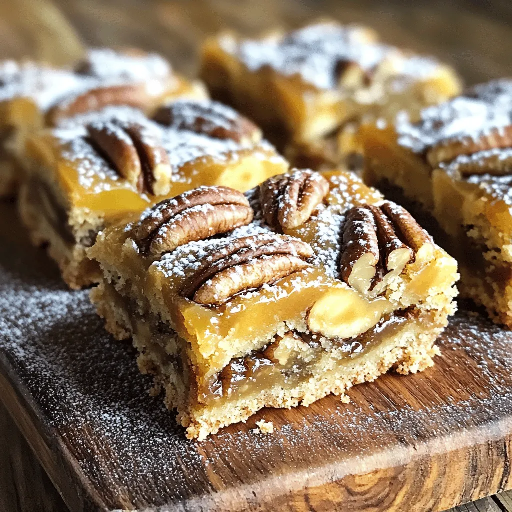 - 3 ripe bananas, mashed - 1/2 cup unsalted butter, melted - 1/2 cup brown sugar, packed - 1/4 cup granulated sugar - 2 large eggs - 1 teaspoon vanilla extract - 1 cup all-purpose flour - 1 teaspoon baking soda - 1/2 teaspoon salt - 1/2 cup chopped pecans - 1/3 cup caramel sauce Choosing ripe bananas makes a big difference. The riper your bananas, the sweeter your bars will be. Look for bananas with lots of brown spots on the skin. They are perfect for baking. If you want a lighter option, you can swap out the butter. Use vegetable oil or applesauce instead. This keeps your bars moist without the extra fat. You can add powdered sugar on top for a nice touch. Extra pecans can add crunch. Drizzle more caramel sauce on each slice for a treat! - Preheat your oven to 350°F (175°C). Grease a 9x9 inch baking pan with butter or line it with parchment paper. - In a large bowl, mix the melted butter with the mashed bananas until you get a smooth blend. - Next, stir in the brown sugar and granulated sugar until everything is well mixed. - Add the eggs, one by one, along with the vanilla extract. Mix until fully blended. - In another bowl, whisk the flour, baking soda, and salt together. Gradually add this dry mix to your wet ingredients, stirring just until combined. - Pour half of the batter into the prepared pan. Drizzle half of the caramel sauce over it. Use a knife to gently swirl the caramel into the batter. - Pour the rest of the batter on top. Drizzle the remaining caramel sauce and swirl it in again for a nice marbled look. - Bake in the oven for 25-30 minutes. Check if done by inserting a toothpick in the center. It should come out clean. - After baking, let the bars cool in the pan for 10 minutes. Then, move them to a wire rack to cool completely before slicing. To make soft banana bread bars, avoid overmixing the batter. Mix until just combined. Overmixing creates tough bars. To know when your bars are done, use a toothpick. Insert it in the center. If it comes out clean, your bars are ready. You can add spices like cinnamon or nutmeg for warmth. These spices pair well with banana. A splash of almond or coconut extract also adds depth. If you want more fun, toss in some chocolate chips. They melt and blend nicely with the caramel. These bars go great with coffee or tea. A warm drink balances the sweetness of the bars. For a beautiful dessert display, dust your bars with powdered sugar. Drizzle extra caramel sauce on each plate. Add a few chopped pecans for a nice touch. {{image_2}} You can make these bars gluten-free. Use almond flour or a gluten-free blend. This keeps the taste great while being safe for gluten-free eaters. For a vegan option, replace eggs with flax eggs. Mix one tablespoon of ground flaxseed with three tablespoons of water. Let it sit until it thickens. You can also use coconut oil instead of butter for a dairy-free treat. Want to change up the flavor? Add chocolate chips or dried fruit. Dark chocolate complements the caramel well. Dried cranberries add a nice tartness. You can also swap pecans for walnuts or almonds. Each nut gives its own flavor and crunch. In the fall, add spices like cinnamon or nutmeg. These spices make the bars warm and cozy. You can also try replacing bananas with apples or pears for a fruity twist. Just adjust the sugar if the fruit you choose is sweeter. To keep your banana bread bars fresh, store them in an airtight container. Place the bars at room temperature for up to three days. If you want to keep them longer, refrigerate them in the same container. This will help them last for about a week. If you want to save banana bread bars for later, freezing is a great option. Wrap each bar in plastic wrap and place them in a freezer-safe bag. They can stay good for up to three months in the freezer. When you’re ready to enjoy them, thaw the bars overnight in the fridge. To reheat, pop them in the microwave for about 15-20 seconds. This will make them warm and soft again. Check for signs of spoilage to ensure your bars are safe to eat. Look for mold or an off smell. If the bars feel dry or hard, they may have gone bad. To keep them fresh, always store them properly and check regularly. You can easily make these bars gluten-free. Just swap the all-purpose flour with gluten-free flour. Look for blends that work well in baking. Almond flour or coconut flour are other good options. Each flour can change the taste and texture, so test different types to find what you like best. Yes, you can use frozen bananas! Just thaw them first and drain any excess liquid. Frozen bananas are often sweeter than fresh ones. They work great in baking since they mash easily. This can also save you time if you have overripe bananas in your freezer. If your bars are too dense, try these tips. Check if you overmixed the batter; this can make them tough. Ensure you measured your flour correctly. Too much flour can lead to a dense texture. You can also add a bit more baking soda to give it a lift next time. This blog post covered how to make delicious Caramel Pecan Banana Bread Bars. We went through the key ingredients, tips for perfect texture, and creative variations. Baking these bars is straightforward, making them great for any skill level. Remember, you can adjust the recipe to fit your needs, like gluten-free or vegan options. Enjoy your baking, and share these treats with friends and family. They will love your homemade bars, and you'll be proud of your work!