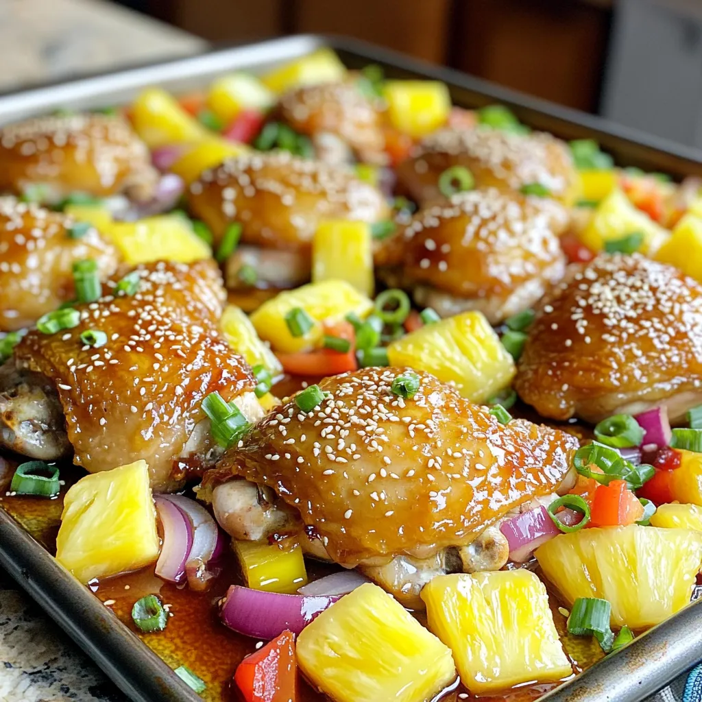 For this dish, you need just a few key items. These ingredients create a tasty meal that everyone will love. Here’s what you need: - 4 boneless, skinless chicken thighs - 1 cup fresh pineapple chunks - 1 bell pepper (red or yellow), sliced - 1 red onion, sliced - 3 cloves garlic, minced - 1 tablespoon fresh ginger, grated - 1/3 cup low-sodium soy sauce - 1/4 cup honey or maple syrup - 2 tablespoons rice vinegar - 1 tablespoon sesame oil - 1 teaspoon cornstarch mixed with 1 tablespoon water (optional for thickening) - Salt and pepper to taste These ingredients mix well to give you great flavor and a colorful plate. You can change this recipe to fit your taste. Here are some optional ingredients you might want to add: - Other vegetables like broccoli or snap peas - Pineapple juice for extra sweetness - Chili flakes for a spicy kick - Fresh herbs like cilantro or basil for added freshness Feel free to get creative! Mix in what you like best. Garnishes add a nice touch to your finished dish. Here are a few ideas: - 2 green onions, sliced (for garnish) - Sesame seeds (for garnish) - A sprinkle of black pepper or red pepper flakes These little extras make your meal look and taste even better. Enjoy making your Sheet-Pan Pineapple Teriyaki Chicken fun and tasty! Start by preheating your oven to 400°F (200°C). This step helps cook everything evenly. In a small bowl, mix the soy sauce, honey or maple syrup, rice vinegar, sesame oil, garlic, and ginger. Whisk until all ingredients blend well. Next, take your chicken thighs and place them in a large bowl or zip-top bag. Pour half of the teriyaki marinade over the chicken. Let it sit for at least 15 minutes. This quick marination helps the chicken absorb flavors. While the chicken marinates, prepare your vegetables. Slice the bell pepper and red onion. Cut the fresh pineapple into bite-sized chunks. Arrange the sliced bell pepper, onion, and pineapple on a large sheet pan. Drizzle a bit of olive oil over them and season with salt and pepper. Remove the chicken from the marinade and place it on the sheet pan. Spread the chicken among the vegetables and pineapple. Pour the remaining teriyaki marinade over everything. For a thicker sauce, add the cornstarch mixed with water at this stage. Now, it's time to bake! Place the sheet pan in the preheated oven. Bake for 25-30 minutes. Check that the chicken reaches an internal temperature of 165°F (74°C). Once done, take the pan out and let it rest for a few minutes. This helps the juices settle. Then, slice the chicken and serve it on plates. Drizzle any extra sauce from the pan over the top. Garnish with sliced green onions and a sprinkle of sesame seeds. Enjoy this tasty dish! To marinate chicken well, you need a good mix of flavors. Start with the soy sauce, honey or maple syrup, rice vinegar, sesame oil, garlic, and ginger. Whisk these together in a bowl until smooth. Then, place the chicken thighs in a large bowl or a zip-top bag. Pour half of the marinade over the chicken. Make sure it covers all parts. Let it sit for at least 15 minutes. For more flavor, you can marinate longer, up to two hours. Just keep it in the fridge to stay safe. When using a sheet pan, arrange your ingredients so they cook evenly. Start with the vegetables. I like to use red onion, bell pepper, and pineapple. Slice them up and spread them out on the pan. Drizzle with olive oil and sprinkle with salt and pepper. This helps them roast nicely. Next, place the marinated chicken on top of the veggies. Pour the rest of the marinade over everything. This method keeps the chicken juicy and the veggies tender. To make a great teriyaki sauce, balance is key. The soy sauce gives saltiness, while honey or maple syrup adds sweetness. Rice vinegar adds tang, and sesame oil gives a nutty flavor. For a thicker sauce, mix cornstarch with water and add it to the marinade just before baking. This will help the sauce cling to the chicken and veggies. Always taste before adding more salt or sweetener. Adjust it to your liking! {{image_2}} If you want to switch things up, try using other proteins. Chicken thighs are great, but you can also use chicken breasts. They cook a bit faster, so keep an eye on them. Pork tenderloin is another tasty choice. It pairs well with the sweet teriyaki sauce. For a lighter option, shrimp cooks quickly and soaks up flavor nicely. Just make sure to adjust the cooking time to avoid overcooking. You can mix and match vegetables for fun flavors and textures. Broccoli florets add a nice crunch and soak up the sauce well. Snap peas bring a sweet snap and vibrant color to the dish. Carrots, sliced thin, add natural sweetness and color. Zucchini is another great choice; it cooks quickly and gets tender. Just remember to keep the veggies in similar sizes for even cooking. Want a vegan twist? Use tofu as a protein substitute. Firm tofu works best; just press it to remove excess moisture. You can also use tempeh for a nutty flavor and chewy texture. Instead of honey, use maple syrup or agave nectar for sweetness. You can add more veggies like mushrooms or eggplant to make it heartier. The teriyaki sauce will still shine through, making it a delicious meal for everyone. After you enjoy your meal, let the leftovers cool down. Place them in an airtight container. This keeps the chicken and veggies fresh. You can store it in the fridge for up to three days. If you want to keep it longer, freezing is a good option. When you reheat your leftovers, the oven is best. Preheat the oven to 350°F (175°C). Place the chicken and veggies on a baking sheet. Cover it with foil to keep moisture. Heat for about 15-20 minutes, or until warm. This keeps the flavors rich and the chicken tender. To freeze, first, cool your leftovers completely. Then, place them in freezer-safe bags or containers. Remove as much air as possible to prevent freezer burn. You can freeze the dish for up to three months. When ready to eat, thaw it overnight in the fridge before reheating. Yes, you can use chicken breasts. However, thighs are juicier. Chicken breasts may dry out faster. If you choose breasts, cook them for less time. Check for doneness with a meat thermometer. The internal temperature should reach 165°F (74°C). This helps ensure safety and taste. You can tell the chicken is done by checking its color. It should be opaque and white inside. Using a meat thermometer is best. Insert it into the thickest part of the chicken. When it reads 165°F (74°C), the chicken is safe to eat. Let it rest a few minutes before slicing. This allows juices to settle, making it tender. This dish pairs well with rice or quinoa. You can also serve it with steamed veggies. A simple green salad adds freshness. For a fun twist, try it with noodles. Each option complements the sweet teriyaki flavor. You can get creative with sides based on your taste. You learned about the key ingredients and steps to make Sheet-Pan Pineapple Teriyaki Chicken. Customizing it with optional ingredients and garnishes can add your special touch. You also discovered tips for perfect marinating and cooking. This dish can fit different diets with easy swaps. In the end, this recipe is tasty, fun, and simple. You can impress your family or friends with it. Enjoy cooking and making this meal your own!
