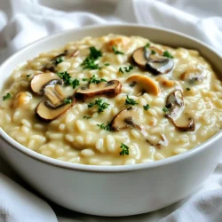 - 1 cup Arborio rice - 1 cup mixed mushrooms (cremini, shiitake, oyster), sliced - 4 cups vegetable broth - 1 small onion, finely chopped - 2 cloves garlic, minced The main ingredients create a rich flavor. Arborio rice is key for creaminess. Its starch helps to thicken the dish. The mixed mushrooms add depth and umami. I love using cremini, shiitake, and oyster for variety. The broth provides warmth and enhances the taste. Onion and garlic bring a fragrant base. Together, these ingredients form a perfect risotto. - 1 teaspoon truffle oil - 1/4 cup heavy cream - 1/2 cup grated Parmesan cheese Optional ingredients can elevate the dish. Truffle oil adds a luxurious touch. It enhances the mushroom flavor beautifully. Heavy cream gives a richer texture. Parmesan cheese brings saltiness and depth. You can mix these in at the end for a gourmet experience. - Salt and pepper - Fresh parsley, chopped Salt and pepper are essential for balance. They enhance all the flavors in the risotto. Fresh parsley brightens the dish visually and taste-wise. I like to sprinkle it on top before serving. This adds color and freshness to the creamy mushroom risotto. To start, heat 4 cups of vegetable broth in a saucepan. Use low heat to keep it warm. This step is key. Warm broth helps the rice cook evenly. Next, get a large skillet. Heat 1 tablespoon of olive oil and 1 tablespoon of butter over medium heat. Add 1 small chopped onion. Sauté until it turns translucent, for about 3-4 minutes. Now, stir in 2 minced garlic cloves. Cook for another minute. This will add a rich aroma. After that, add 1 cup of sliced mixed mushrooms. Cook them until they turn golden brown, about 5-6 minutes. They should release their juices and smell amazing. Once the mushrooms are ready, add 1 cup of Arborio rice to the skillet. Stir well to coat the rice in the oil and mushroom mixture. Toast the rice for about 2-3 minutes. You want the edges to look slightly translucent. Now, it's time to add the broth. Start with one ladleful at a time. Stir the rice while adding the broth. Allow the rice to absorb the liquid before adding more. Repeat this process for 20-25 minutes. The rice should become creamy and al dente. After the rice is cooked, stir in the remaining tablespoon of butter, 1/2 cup of grated Parmesan cheese, and 1/4 cup of heavy cream. This will give the risotto a rich texture. Finally, season with salt, pepper, and 1 teaspoon of truffle oil, if you like. Adjust the taste to your liking. Let the risotto sit for a moment before serving. Enjoy your creamy mushroom risotto! To make risotto creamy, add broth slowly. This lets the rice absorb flavors. When you add broth a little at a time, the rice releases its starch. This starch makes the risotto thick and smooth. Stir the rice often, too. This helps the starch come out better. You can boost flavor by adding more ingredients. Try peas or asparagus for a fresh taste. You can also use high-quality Parmesan cheese. Good cheese makes a big difference in flavor. Always use freshly grated cheese for the best taste. Stirring is key to great risotto. You should stir gently but often. This keeps the rice from sticking. Timing is also important. Cook until the rice is firm but not hard. This gives the risotto a perfect texture. Remember, risotto should feel creamy and smooth. {{image_2}} You can add fresh herbs for extra flavor. Thyme and rosemary work great in risotto. Their earthy taste enhances the mushrooms. For a fresh touch, use basil as a garnish. This adds color and bright flavor to the dish. Want to make your risotto heartier? Consider adding protein. Grilled chicken pairs well with the creamy texture. It adds a savory note that balances the dish. Shrimp or scallops also make excellent additions. They add a touch of elegance and pair well with mushrooms. If you want a vegetarian version, it’s easy! Substitute nutritional yeast for cheese. This gives a cheesy flavor without dairy. You can also use vegan butter instead of regular butter. This keeps the dish rich and creamy for everyone. To keep your creamy mushroom risotto fresh, cool it quickly. Spread it out on a plate. This helps it cool faster. Once cool, transfer it to an airtight container. Make sure to seal it tightly. Store it in the fridge for up to three days. Always label the container with the date. This way, you know when to use it. When it's time to reheat, you have two good options: microwave or stovetop. If you use the microwave, place the risotto in a bowl. Add a splash of broth or water. Cover it with a lid or microwave-safe wrap. Heat it in short bursts, stirring in between. For stovetop reheating, use a skillet. Add a little broth and warm it over low heat. Stir until creamy again. Always add a bit of liquid to bring back that rich texture. Yes, you can freeze risotto! However, it’s best to freeze it before adding cream or cheese. To freeze, let the risotto cool completely. Then, scoop it into freezer bags. Make sure to remove as much air as possible. Label the bags with the date. You can store it for up to three months. When ready to eat, thaw it in the fridge overnight. Reheat it on the stove, adding liquid to restore its creaminess. You can use other rice types, but Arborio rice is best for risotto. It has a high starch content. This starch helps create the creamy texture we love. Other rice types, like jasmine or basmati, will not give the same result. They cook differently and do not absorb liquid in the same way. If you can't find Arborio, look for Carnaroli or Vialone Nano. Both work well for risotto too. Making risotto without broth is possible, but it changes the flavor. You can use water, but it won't be as tasty. Try using a mix of white wine and water for a richer taste. You can also add sautéed vegetables or herbs to boost flavor. Another method is to use a vegetable puree. This adds creaminess and flavor without broth. Creamy mushroom risotto pairs well with many dishes. A simple green salad with lemon vinaigrette balances the richness. Grilled chicken or shrimp adds protein and texture. For a vegetarian option, serve it with roasted vegetables. A side of crusty bread also complements the meal. You can even top it with fresh herbs for extra flavor. Creamy mushroom risotto is a delightful dish that combines simplicity and flavor. We covered its main ingredients, like Arborio rice and mixed mushrooms, along with optional extras like truffle oil. The step-by-step instructions help you achieve a creamy texture through careful broth addition. Consider using fresh herbs or proteins to customize your risotto. With proper storage and reheating tips, you can enjoy leftovers with ease. Risotto is versatile, so don’t be afraid to experiment. Enjoy making this comforting meal!