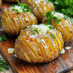 Here’s what you need for the Air Fryer Garlic Parmesan Hasselback Potatoes: - 4 medium-sized russet potatoes - 4 tablespoons unsalted butter, melted - 3 cloves garlic, minced - 1/2 cup grated Parmesan cheese - 2 tablespoons fresh parsley, finely chopped - 1 teaspoon paprika - Salt and pepper to taste - Olive oil spray These ingredients work together to create a rich and crispy potato dish. The russet potatoes shine here, with their starchy texture perfect for Hasselback style. The garlic and Parmesan add a delicious flavor. Fresh parsley brightens the dish with color and taste. Make sure to use unsalted butter so you can control salt levels. The paprika gives a hint of spice. Adjust salt and pepper to your liking. Having these ingredients ready makes cooking easy and fun. You can enjoy a tasty treat that feels fancy but is simple to make! - Preheat the air fryer to 375°F (190°C). - Wash and dry the russet potatoes. - Make slits in the potatoes. Start by getting your air fryer ready. Set it to 375°F (190°C) to warm up. While it heats, grab your russet potatoes. Rinse them well under cool water. Gently dry them with a clean towel. This helps the skin get crispy later. Next, you will cut the potatoes. Place each potato on a cutting board. Use a sharp knife to make thin slits across the top. Cut about 3/4 of the way down. Be careful not to cut all the way through. You want the potato to hold its shape. - Combine butter, garlic, paprika, salt, and pepper. Now, let’s make the garlic butter. In a small bowl, mix together melted butter and minced garlic. Add paprika, salt, and pepper to this mix. Stir it well until all the ingredients blend. This garlic butter will add great flavor. - Brush garlic butter mixture on potatoes. - Add Parmesan cheese and air fry. - Monitor cooking and garnish. Take your garlic butter and brush it over each potato. Make sure to get it into the slits. This lets the flavor soak in. Next, sprinkle grated Parmesan cheese on top. Press it gently into the slits for more flavor. Before cooking, lightly spray the air fryer basket with olive oil. This stops the potatoes from sticking. Place the potatoes in the basket, making sure they are not touching. Cook the potatoes in the air fryer for 25-30 minutes. Check them halfway through. If you like, brush on more garlic butter or add extra cheese. When they are done, the skins should be crispy, and the insides tender. Carefully take them out and let them cool for a few minutes. Finally, garnish with chopped parsley for a fresh touch before serving. To get crispy skin on your Hasselback potatoes, start with cold potatoes. When you slice them, make sure to do it carefully, leaving the bottom intact. This helps hold the potato together. After brushing with garlic butter, a light spray of olive oil adds extra crunch. For tender insides, you want to cook them just right. Aim for a cooking time of 25-30 minutes at 375°F. You can check for doneness by inserting a fork. If it goes in easily, they are ready. You can change up the flavor by adding spices. Try using garlic powder or even Italian herbs for a twist. If you want a spicy kick, add some red pepper flakes to the garlic butter. For the garlic butter, I suggest you customize it. Mix in some lemon juice or zest for brightness. You can also add a pinch of cayenne for heat. Different potato sizes need different cooking times. Smaller potatoes may cook faster, while larger ones can take longer. Keep an eye on them and adjust as needed. To check doneness, use a fork. If it slides easily into the potato, it’s done. You can also give them a gentle squeeze. If they feel soft, they are ready to enjoy. {{image_2}} You can switch up the cheese for different flavors. Try cheddar for a sharp taste or mozzarella for a creamy stretch. If you want to skip dairy, use nutritional yeast. It adds a cheesy flavor without the milk. Vegan cheese melts well too. Choose one that you enjoy most. Consider adding fresh herbs like thyme or rosemary. They give your potatoes a fresh taste. You can also sprinkle red pepper flakes for some heat. For sauces, aioli or sour cream pair well. They add creaminess and balance the garlic flavor. Drizzle your choice over the potatoes before serving. If you want low-carb options, try using cauliflower instead of potatoes. Slice it just like you would a potato. For a vegan twist, replace butter with olive oil. This keeps the dish plant-based. Use a vegan cheese option to keep it dairy-free. These changes still give you great flavor. To store your leftover Hasselback potatoes, let them cool first. Place them in an airtight container. This keeps them fresh. You can keep them in the fridge for up to 3 days. Make sure to check for any signs of spoilage before eating. The best way to reheat these potatoes is in the air fryer. Set it to 350°F (175°C) and cook for about 5-8 minutes. This method keeps the skin crispy. If you don't have an air fryer, you can use the oven. Preheat it to 350°F (175°C) and bake the potatoes for about 10-15 minutes. Yes, you can freeze Hasselback potatoes! First, let them cool completely. Wrap each potato in plastic wrap, then place them in a freezer bag. They will last up to 2 months. To reheat, thaw them in the fridge overnight. Then, use the air fryer or oven as mentioned above for best results. Yes, you can use other potatoes. While I prefer russet potatoes for their starchy texture, you can try Yukon Gold or red potatoes. These types also work well for Hasselback potatoes. Yukon Golds have a creamy taste, and red potatoes stay firm. The key is to select potatoes that are similar in size for even cooking. These potatoes pair well with many dishes. Try serving them with grilled chicken, steak, or roasted vegetables. They also go great with a fresh salad or a hearty soup. For a fun twist, serve them with a dipping sauce like sour cream or aioli. This adds flavor and excitement to your meal. To check if your potatoes are done, look for crispy skin and tender insides. You can use a fork to test them. If the fork slides in easily, they are ready. Cooking times may vary, so check them at 25 minutes. If they need more time, keep an eye on them. You want them just right! This blog post showed how to make Garlic Parmesan Hasselback Potatoes. We covered the ingredients, step-by-step directions, and tips for achieving the best results. Trying out new recipes can be fun and tasty. Remember, you can customize flavors and toppings to fit your taste. Enjoy your cooking journey, and don’t hesitate to experiment with different ingredients. Your perfect garlic potato dish awaits!