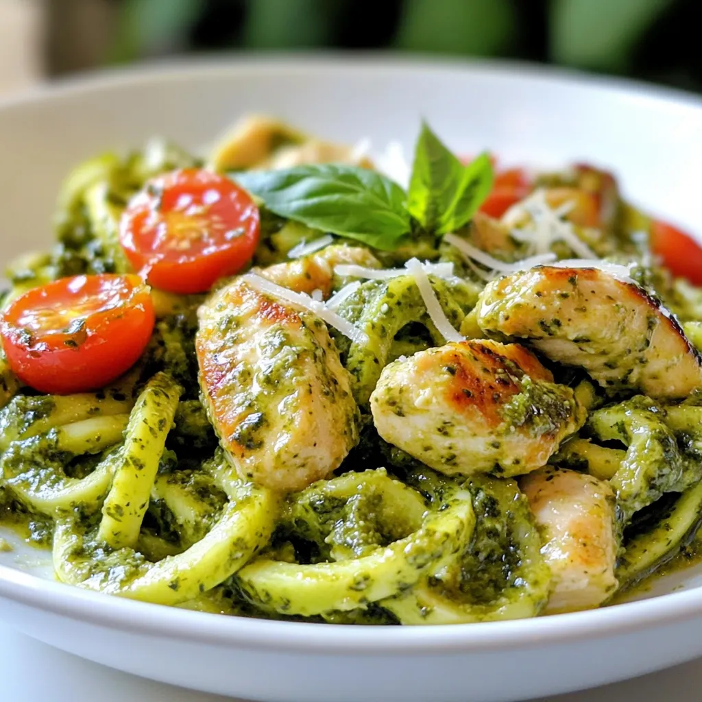 Here’s a simple list of what you need for creamy pesto chicken zoodles: - 2 medium zucchinis (these will be your zoodles) - 2 boneless, skinless chicken breasts - 1 cup basil pesto (you can use store-bought or homemade) - 1 cup heavy cream - 1 tablespoon olive oil - 1 teaspoon garlic powder - Salt and pepper to taste - ¼ cup grated Parmesan cheese - Cherry tomatoes, halved (for garnish) - Fresh basil leaves (for garnish) Choose medium zucchinis for the best zoodles. They are firm and will hold their shape well when cooked. Use boneless, skinless chicken breasts. This keeps the dish light and juicy. You can grab a jar of store-bought pesto for a quick meal. Homemade pesto adds a fresh touch. Heavy cream makes the sauce rich and creamy. This will balance the flavor of the pesto well. Olive oil helps to cook the chicken. Garlic powder, salt, and pepper add nice flavor. Grated Parmesan cheese gives a salty kick. It blends well with the creamy sauce. Cherry tomatoes and fresh basil leaves make the dish look pretty. They also add some fresh flavors. {{ingredient_image_1}} To start, grab your spiralizer or julienne peeler. Take the two medium zucchinis and turn them into zoodles. This means you'll create long, noodle-like strands. Once you finish this, set the zoodles aside. They will wait for their turn in the dish. Next, take a large skillet and heat one tablespoon of olive oil over medium heat. While the oil warms, season the two boneless, skinless chicken breasts with garlic powder, salt, and pepper. Once the oil shimmers, add the chicken to the pan. Sear the chicken for 6-7 minutes on each side. Look for a golden brown color and no pink inside. When done, take the chicken out and let it rest for a few minutes. After resting, slice it into strips. In the same skillet, reduce the heat to low. Add one cup of basil pesto and one cup of heavy cream. Stir the mixture well to combine. Let it simmer for 2-3 minutes. This will allow the sauce to thicken slightly. Keep an eye on it to ensure it doesn't stick to the pan. Now, add the sliced chicken back into the skillet along with the zoodles. Gently toss everything together. You want to coat the zoodles with the creamy pesto sauce. Cook for an additional 2-3 minutes. This heat will warm the zoodles but keep them crunchy. Finally, take the skillet off the heat. Stir in ¼ cup of grated Parmesan cheese. Taste the dish and adjust the seasoning if needed. Serve hot on plates. Add cherry tomato halves and fresh basil leaves on top for a nice touch. Enjoy your colorful and tasty meal! To keep your zoodles firm, avoid overcooking them. Cook them just until they warm through. This way, they stay crunchy and delicious. Always spiralize fresh zucchinis. They taste better than pre-packaged ones. If you have extras, store zoodles in a paper towel-lined container. This helps absorb moisture and keeps them fresh. To ensure juicy chicken, use a meat thermometer. Cook the chicken breast to 165°F. This prevents it from drying out. You can also marinate the chicken for extra flavor. If you want a different method, try grilling or baking the chicken. Both methods keep the chicken moist and add a nice flavor. Homemade pesto is great but store-bought saves time. Homemade can have fresher flavors, but store-bought is convenient. You can customize your pesto by adding nuts or cheese. Experimenting with different herbs can also change the taste. Try mixing in spinach or arugula for a twist! Pro Tips Using Fresh Zucchini: Choose firm zucchinis for the best texture. Fresh zucchini will give your zoodles a nice crunch and prevent them from becoming mushy. Homemade Pesto: If you have time, try making your own basil pesto. It adds a fresh, vibrant flavor that can elevate the whole dish. Don’t Overcook Zoodles: Zoodles cook quickly, so add them at the end of the cooking process to maintain their texture and nutritional value. Adjust Creaminess: If you prefer a lighter sauce, you can reduce the amount of heavy cream or substitute with half-and-half for a lower fat option. {{image_2}} You can add many vegetables to your creamy pesto chicken zoodles. For example, try bell peppers, spinach, or broccoli. These veggies add color and nutrients. You can also use seasonal vegetables. In summer, add fresh tomatoes or zucchini. In fall, try butternut squash or kale. These choices keep your meals exciting and healthy. If you want to switch up the protein, chicken is not your only choice. You can use shrimp or tofu instead. For shrimp, cook them for about 3-4 minutes until they turn pink. If you're using tofu, cook it until it is golden brown. Adjust the cooking time based on what protein you use. Make sure to check if it’s cooked through. For a dairy-free version, you can swap the heavy cream with coconut milk or almond milk. These options still create a creamy texture. For cheese, try nutritional yeast or a dairy-free cheese. When making your pesto, use a dairy-free cheese alternative. This way, everyone can enjoy this dish, no matter their diet. Store your creamy pesto chicken zoodles in airtight containers. Glass or BPA-free plastic containers work best. Keep the dish in the fridge for up to three days. If you want to save it longer, freeze the zoodles and chicken separately. You can freeze for up to two months. This keeps the zoodles from getting mushy. To reheat, use the stove or microwave. If you use the stove, gently warm the dish over low heat. Stir often to heat evenly. The microwave works too. Heat in short bursts, checking every minute. Be careful not to cook the zoodles too much. They should stay slightly crunchy. Enjoy your meal again without losing that fresh taste! Yes, you can make creamy pesto chicken zoodles ahead of time. Store the dish in an airtight container. It will stay fresh for about 3 days in the fridge. When you are ready to eat, reheat it gently in a skillet. Avoid high heat, as it can make the zoodles mushy. If you don't have zoodles, you can try other low-carb noodles. Spaghetti squash is a great option. You can also use shirataki noodles or even spiralized carrots. Each choice gives a unique taste and texture. To thicken the creamy pesto sauce, you have a few options. First, let the sauce simmer longer to reduce it. You can also add a bit of cornstarch mixed with water. Another way is to stir in more grated Parmesan cheese. Each method adds flavor and thickness. Yes, this recipe is great for meal prep. Cook the chicken and sauce ahead of time. Store the zoodles separately to keep them fresh. When you're ready to eat, combine everything and heat it up. This way, your meal stays tasty and quick to prepare! This recipe for creamy pesto chicken zoodles combines fresh ingredients with simple steps. You learn how to create a tasty dish using chicken, zoodles, and a rich pesto sauce. Remember to keep your zoodles crunchy and your chicken juicy. Explore variations by adding veggies or switching proteins. This meal is also great for meal prep, making it perfect for busy days. Enjoy experimenting in your kitchen with this easy and delicious dish.