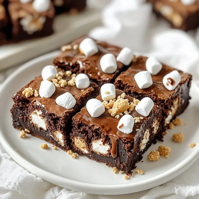 - 1 cup unsalted butter - 1 cup granulated sugar - 1 cup brown sugar, packed - 4 large eggs - 1 teaspoon vanilla extract - 1 cup all-purpose flour - 1 cup unsweetened cocoa powder - 1/2 teaspoon baking powder - 1/4 teaspoon salt - 1 cup semi-sweet chocolate chips - 1 cup mini marshmallows - 1 cup crushed graham crackers Use unsalted butter for better control of salt. It helps the sweetness shine. For the sugars, I like to mix granulated and brown sugar. This gives a rich taste and chewy texture. Eggs should be at room temperature. This helps them blend better into the mix. When measuring flour, scoop it lightly. Do not pack it down to avoid too dense brownies. If you want to skip the butter, try coconut oil. It adds a unique flavor. For a dairy-free option, use dairy-free chocolate chips. You can swap granulated sugar for coconut sugar. This gives a hint of caramel taste. If you don’t have mini marshmallows, you can use regular marshmallows, but cut them small. For a gluten-free twist, replace all-purpose flour with almond flour. 1. Start by preheating your oven to 350°F (175°C). This ensures even baking. 2. Grease a 9x13 inch baking pan with butter. Line it with parchment paper. This helps in easy removal later. 3. In a medium saucepan, melt 1 cup of unsalted butter over low heat. 4. Once melted, take it off the heat. Stir in 1 cup of granulated sugar and 1 cup of brown sugar. Mix until smooth. 5. Let the mixture cool for a few minutes. Now, add 4 large eggs. Whisk them in one by one. 6. Pour in 1 teaspoon of vanilla extract and mix well. This adds great flavor. 7. In a separate bowl, combine 1 cup of all-purpose flour, 1 cup of cocoa powder, 1/2 teaspoon of baking powder, and 1/4 teaspoon of salt. 8. Gradually add this dry mix to the wet ingredients. Stir gently until everything is combined. 1. Fold in 1 cup of semi-sweet chocolate chips. This makes the brownies extra rich. 2. Pour half of the brownie batter into the prepared pan. Spread it evenly. 3. Next, layer 1 cup of mini marshmallows and 1 cup of crushed graham crackers on top. 4. Pour the rest of the brownie batter over the marshmallows and graham crackers. Spread it carefully to cover them. 5. Bake in your preheated oven for 25-30 minutes. Use a toothpick to check. It should come out with a few moist crumbs. 1. Once baked, take the pan out of the oven. Let it cool for at least 15 minutes in the pan. 2. Use the parchment paper to lift the brownies out. 3. Place them on a wire rack to cool completely. This keeps them from getting soggy. 4. Once cool, cut them into squares. Serve them warm or at room temperature for the best taste. To get the best brownie texture, mix well but don’t overmix. Overmixing adds air and can make brownies cakey. Always use room temperature eggs for easy blending. This helps create a rich, fudgy texture. You want your brownies to be dense, not fluffy. Bake them just until the toothpick shows moist crumbs. This means they are perfectly baked. If you have leftover S’mores Brownie Bars, store them in an airtight container. This keeps them fresh and moist for up to five days. You can also wrap them in plastic wrap. For longer storage, place them in the fridge or freezer. If you freeze them, wrap each bar separately. This way, you can grab one whenever you want a sweet treat. Want to make these bars even more special? Add toppings! A drizzle of chocolate sauce on top can boost flavor. You can also sprinkle more mini marshmallows or graham crackers. For a twist, try adding a pinch of sea salt. It pairs well with the sweet chocolate and marshmallows. This little touch adds depth to the flavor. {{image_2}} You can add nuts to your S’mores brownie bars for extra crunch. Chopped walnuts or pecans work well. Simply fold in one cup of nuts into the batter. This gives a nice texture contrast to the soft brownie and gooey marshmallows. Nuts also add a rich flavor that complements the chocolate. To make a gluten-free version, swap all-purpose flour with a gluten-free flour blend. Look for one that includes xanthan gum for best results. The rest of the recipe stays the same. Your brownie bars will still be soft and delicious, just without gluten. You can easily add fun flavors to your S’mores brownie bars. For a minty twist, use peppermint extract instead of vanilla. Just one teaspoon will do. If you prefer citrus, add orange zest or a few drops of orange extract. These flavors brighten the bars and make them unique. Experiment with these ideas to find your favorite! Store your S’mores Brownie Bars in an airtight container. This keeps them fresh. Place a layer of parchment paper between layers of bars. This prevents sticking. Keep them at room temperature for up to four days. If you want to keep them longer, consider freezing. To freeze your S’mores Brownie Bars, first let them cool completely. Cut them into squares. Wrap each square in plastic wrap. Then, place them in a freezer-safe bag. They can stay in the freezer for up to three months. When you want to enjoy them, just take out as many as you need. To reheat, preheat your oven to 350°F (175°C). Place the bars on a baking sheet. Cover them with aluminum foil to prevent drying out. Heat for about 10 minutes. Alternatively, you can microwave a bar for about 15 seconds. This will make them warm and gooey again. Enjoy that melty goodness! Yes, you can substitute eggs. You can use flax eggs or applesauce. For one egg, mix one tablespoon of ground flaxseed with three tablespoons of water. Let it sit for five minutes to thicken. For applesauce, use a quarter cup per egg. This will keep the bars moist. To boost the s’mores flavor, add more marshmallows and graham crackers. You could also drizzle melted chocolate on top. Use a mix of chocolate chips, like dark and milk, for a richer taste. Try adding toasted coconut for a fun twist. This gives extra texture and flavor. If you lack graham crackers, use crushed cookies like Digestives or vanilla wafers. You can even make your own using flour, sugar, and butter. Just crush them into small pieces. This keeps the crunchy layer in your bars, so they remain tasty. This blog post covers how to make delicious s’mores brownie bars. We talked about the right ingredients, smart tips, and fun substitutions. You learned step-by-step how to prepare, bake, cool, and serve these treats. I shared tips for perfect texture and storing extras. We explored tasty variations and the best ways to store and reheat. In the end, these brownies are a fun dessert to enjoy. Use the tips and tricks to make them your own. Happy baking!