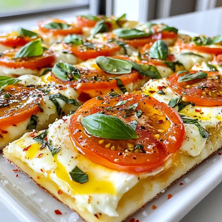 To make your Tomato Basil Mozzarella Flatbread, gather these fresh ingredients: - 1 store-bought flatbread or pizza dough - 2 ripe tomatoes, sliced - 1 cup fresh mozzarella cheese, sliced or torn - 1 cup fresh basil leaves - 2 tablespoons olive oil - 1 teaspoon balsamic vinegar - Salt and pepper to taste When picking tomatoes, look for ones that feel firm and smell sweet. Choose mozzarella that is moist and springy. Fresh basil should have bright green leaves and a strong aroma. Always check the date on store-bought dough to ensure it is fresh. For an extra kick, add red pepper flakes. You can also try adding garlic for depth. A sprinkle of oregano can enhance the Italian flavor, too. Feel free to make it your own! {{ingredient_image_1}} To start, preheat your oven to 400°F (200°C). If you have pizza dough, roll it out. Use a baking sheet lined with parchment paper for easy cleanup. If you bought flatbread, just place it on the sheet. Next, brush the flatbread with olive oil. Make sure to cover the whole surface. This oil adds flavor and helps it crisp up. Now, it's time to add the tomatoes. Slice two ripe tomatoes and arrange them evenly on the flatbread. Leave space between each slice. This will help the tomatoes cook well. After that, add the fresh mozzarella. You can tear it into pieces or slice it. Spread it over the tomatoes, covering them nicely. Now, season your flatbread. Sprinkle salt and pepper over the top. If you like heat, add some red pepper flakes. This step is optional but adds a great kick. Place your flatbread in the oven. Bake it for 12-15 minutes. You want the cheese to be bubbly and slightly golden. The edges should be crispy. Keep an eye on it so it doesn’t burn. Once baked, take it out of the oven. Let it cool for about a minute. This short wait lets the cheese settle. Drizzle balsamic vinegar over the top. Then, scatter fresh basil leaves for a burst of flavor. Cut your flatbread into slices. Serve it warm for the best taste. This dish pairs well with a fresh salad or a light soup. You can also enjoy it as a snack or appetizer. If you have leftovers, store them properly. This flatbread is perfect for sharing, so get ready to impress your friends! To get that perfect crispy flatbread, start with a hot oven. Preheat it to 400°F (200°C) before baking. If you use pizza dough, roll it thin. Thin dough crisps up better. Brush olive oil all over the flatbread. This helps it brown nicely. Bake until the cheese bubbles and the edges are golden. This usually takes 12-15 minutes. If you have leftovers, let them cool first. Place the flatbread in an airtight container. This keeps it fresh for up to two days. If you want to keep it longer, wrap it in foil and freeze it. When you’re ready to eat, reheat it in the oven for the best taste. For a great drink, pair your flatbread with a light white wine. A crisp Sauvignon Blanc works well. If you prefer non-alcoholic drinks, try sparkling water with a slice of lemon. Both drinks enhance the fresh flavors of the dish. Enjoy! Pro Tips Use Fresh Ingredients: The flavor of the flatbread greatly depends on the freshness of the tomatoes, mozzarella, and basil. Choose ripe, in-season tomatoes for the best taste. Experiment with Cheese: While fresh mozzarella is classic, try adding a mix of cheeses like goat cheese or a sprinkle of parmesan for added depth of flavor. Perfect Your Baking Time: Keep an eye on the flatbread as it bakes; ovens can vary. Remove it from the oven when the cheese is bubbly and just starting to brown for that perfect texture. Add a Flavor Boost: For an extra layer of flavor, consider adding a sprinkle of garlic powder or fresh minced garlic on top before baking. {{image_2}} If you need gluten-free flatbread, try using a gluten-free pizza dough. Many brands offer this option in stores. You can also use almond flour or chickpea flour to make your own flatbread. Look for recipes online to guide you. For a vegan option, use nut-based cheese or tofu. Cashew cheese melts well and adds a rich flavor. You can also use dairy-free mozzarella made from coconut. These options still give you that creamy texture without animal products. You can boost the flatbread by adding protein. Grilled chicken, shrimp, or chickpeas work well. For veggies, try bell peppers, spinach, or onions. These add color and taste. Mix and match your favorites to create your perfect flatbread! To keep your leftover flatbread fresh, let it cool first. Place it in an airtight container. You can also wrap it tightly in plastic wrap. It stays good in the fridge for up to three days. If you want to extend its life, consider freezing it. When you're ready to enjoy the leftovers, the oven is your best friend. Preheat it to 350°F (175°C). Place the flatbread on a baking sheet. Heat for about 10 minutes, or until the cheese melts again. If you're in a hurry, you can use a microwave, but it won't be as crispy. To freeze your flatbread, wrap it tightly in plastic wrap. Then, place it in a freezer bag. This will keep your flatbread fresh for about three months. When ready to eat, thaw it in the fridge overnight before reheating. Enjoy the fresh flavors even after freezing! To make Tomato Basil Mozzarella Flatbread from scratch, you need a few simple steps. First, preheat your oven to 400°F (200°C). You can use store-bought flatbread or make your own dough. If making dough, roll it out on a baking sheet lined with parchment paper. Next, brush olive oil over the dough. Then, add sliced tomatoes evenly across the flatbread. Scatter fresh mozzarella pieces on top. Season with salt, pepper, and red pepper flakes if you like a little heat. Bake for 12-15 minutes until the cheese is bubbly and the edges are crispy. Finally, drizzle balsamic vinegar and add fresh basil before serving. Yes, you can use dried basil instead of fresh. However, fresh basil gives a bright flavor. If you use dried basil, use less than you would of fresh. Dried herbs are more concentrated. About one teaspoon of dried basil equals a tablespoon of fresh. Mix it in with the tomatoes or sprinkle it on top before baking. This will still give your flatbread a nice herbal taste. Flatbread pairs well with many sides. Here are a few tasty options: - A fresh green salad with a light vinaigrette - Roasted vegetables like zucchini or bell peppers - A bowl of tomato soup for dipping - Antipasto platter with olives, cheese, and meats - Garlic knots or breadsticks for extra carbs These sides will make your meal more enjoyable and complete. You learned how to make a tasty tomato basil mozzarella flatbread. We covered key ingredients, tips for freshness, and additional flavors. I shared easy steps for prep and baking, plus serving ideas. You also got tips for crispiness, storing leftovers, and drink pairings. Don't forget the fun variations and helpful storage tips. This dish is adaptable. Enjoy creating your flatbread just how you like it. Happy cooking!