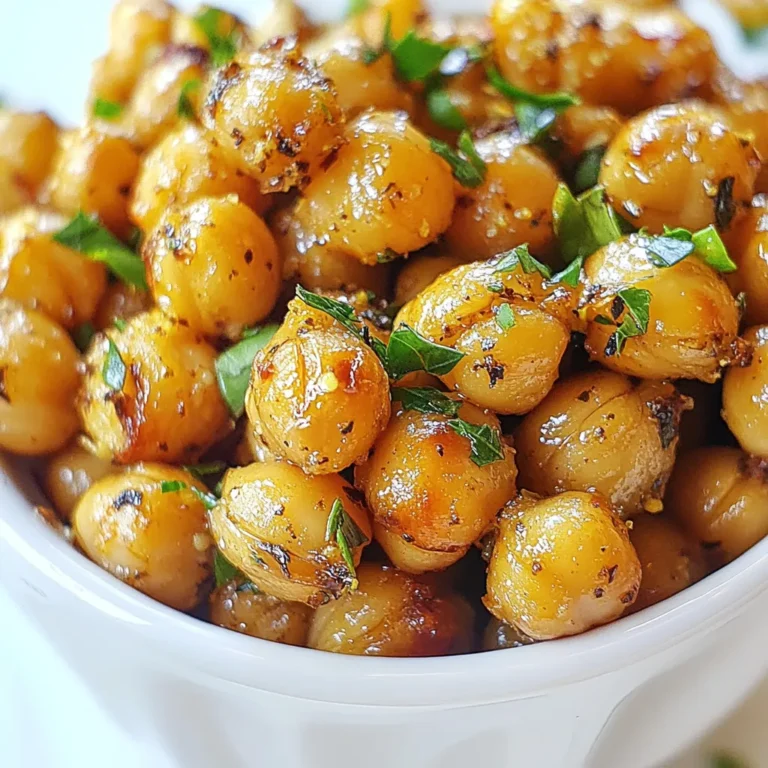 - 1 can (15 oz) chickpeas, drained and rinsed - 2 tablespoons olive oil - 4 cloves garlic, minced - 1 teaspoon dried oregano - 1 teaspoon dried thyme - 1/2 teaspoon smoked paprika - Salt and pepper to taste - Fresh parsley, chopped (for garnish) - Oven - Baking sheet - Mixing bowl - Parchment paper - Paper towels Chickpeas are the star of this snack. They are full of protein, fiber, and taste. You need one can of chickpeas for this recipe. Rinsing them well removes extra salt and helps them crisp up. You will also want to dry them using paper towels. This step is key to getting that perfect crunch. Next, you will need two tablespoons of olive oil. This oil adds flavor and helps the spices stick. Garlic is a must, so grab four cloves and mince them up. The smell of garlic while cooking is heavenly! Dried oregano and thyme give this dish an aromatic touch. One teaspoon of each will do. Smoked paprika adds a nice depth of flavor with its mild heat. You only need half a teaspoon for this. Don’t forget salt and pepper! They enhance all the flavors. Finally, some fresh parsley will brighten up the dish. Chop it up to use as a garnish. Make sure to have your tools ready. You will need an oven, a baking sheet, a mixing bowl, parchment paper, and paper towels. Get these items together, and you are ready to make a tasty snack! {{ingredient_image_1}} First, preheat your oven to 400°F (200°C). This helps the chickpeas cook evenly. Next, drain and rinse one can of chickpeas. Rinse well to remove any canning liquid. After rinsing, pat the chickpeas dry with paper towels. This step is key to making them crispy. Any extra moisture can prevent them from getting that nice crunch. In a mixing bowl, combine the dried chickpeas with two tablespoons of olive oil. Add in four minced garlic cloves, one teaspoon of dried oregano, and one teaspoon of dried thyme. Sprinkle in half a teaspoon of smoked paprika, along with salt and pepper to taste. Toss the chickpeas well to coat them evenly in the oil and herbs. This mix adds great flavor to your snack. Spread the seasoned chickpeas in a single layer on a baking sheet lined with parchment paper. Make sure they have space between them for even cooking. Roast in the oven for about 25 to 30 minutes. Remember to shake the pan halfway through. This helps all sides cook evenly. The chickpeas are done when they turn golden brown and crispy. After roasting, let them cool slightly. Enjoy your tasty and crunchy snack! To get your chickpeas nice and crispy, start by drying them well. After rinsing, use a paper towel to pat them dry. This helps remove extra moisture. Moisture can make them soggy when roasted. Next, roast them at 400°F (200°C) for about 25 to 30 minutes. Be sure to shake the pan halfway through. This helps them cook evenly. Look for a golden brown color to know they are done. You can change up the flavor of your chickpeas. Try adding spices like cumin, chili powder, or garlic powder for a kick. These spices bring warmth and depth to your snack. Using fresh herbs can also make a big difference. Fresh parsley or basil adds a bright taste. If you use dried herbs, use less since they are more concentrated. Roasted chickpeas are great on their own, but you can get creative! Sprinkle them on salads for a crunchy topping. They also work well in grain bowls or as a side dish. Pair them with dips like hummus or tzatziki for an easy snack. You can even mix them with nuts for a tasty trail mix. Enjoy mixing and matching to find your favorite way to eat them! Pro Tips Dry Chickpeas Thoroughly: Make sure to pat the chickpeas dry with a paper towel after rinsing. The drier they are, the crispier they will become during roasting. Experiment with Spices: Feel free to customize the seasoning! Try adding cumin, cayenne pepper, or even nutritional yeast for a different flavor profile. Shake it Up: Don't forget to shake the baking sheet halfway through roasting. This ensures that all sides of the chickpeas get evenly crispy. Cool Before Serving: Allow the roasted chickpeas to cool slightly before serving to maintain their crunchiness. Enjoy them as a snack or topping! {{image_2}} You can easily change up the flavor of your chickpeas. For a spicy twist, add cayenne or chili powder. This will give your snack a nice kick. If you prefer something sweet, try adding cinnamon and a touch of honey. This adds a delightful hint of sweetness that balances the savory garlic. These roasted chickpeas are great for many diets. They are naturally gluten-free and nut-free. If you want a vegan option, they fit right in. You can enjoy them without any animal products, making them a healthy choice for everyone. If you don’t want to use the oven, you can use an air fryer. Air frying will give you crispy chickpeas in less time. Just set the air fryer to 400°F and cook for about 15-20 minutes. Shake the basket halfway for even cooking. You can also roast chickpeas on the stovetop. Use a skillet on medium heat. Stir them often for about 10-15 minutes until they are golden and crunchy. This method works well if you want a quick snack! To keep your roasted chickpeas fresh, use an airtight container. Glass jars work well. You can also use zip-top bags if you remove the air. Make sure they cool down before sealing. This helps prevent moisture buildup. Store them in the fridge for the best flavor. They will stay fresh for a longer time if kept cool. Roasted chickpeas can last about 3 to 4 days in the fridge. Check for any signs of spoilage after that. If they smell off or feel mushy, it’s best to toss them. You want them to stay crunchy and tasty. Freshness is key for that perfect snack! To keep your roasted chickpeas crispy, use the oven for reheating. Spread them out on a baking sheet and heat at 350°F (175°C) for about 10 minutes. You can also use an air fryer for a quick reheating. Just a few minutes will do! Avoid using the microwave, as it makes them soggy. Enjoy your crunchy snack just like it was fresh out of the oven! To make garlic herb roasted chickpeas, follow these simple steps: - Preheat your oven to 400°F (200°C). - Drain and rinse one can of chickpeas. Pat them dry with a paper towel. - In a mixing bowl, combine the chickpeas with 2 tablespoons of olive oil, 4 minced garlic cloves, 1 teaspoon each of dried oregano and thyme, and 1/2 teaspoon of smoked paprika. - Add salt and pepper to taste. Toss well to coat the chickpeas evenly. - Spread the chickpeas on a baking sheet lined with parchment paper in a single layer. - Roast for 25-30 minutes, shaking the pan halfway through. Look for a golden brown color and a crispy texture. - Remove them from the oven and garnish with chopped fresh parsley. Enjoy your tasty snack! Yes, you can use dried chickpeas, but they need more work. - Soak the dried chickpeas in water overnight or for at least 8 hours. - Drain and rinse them, then cook them in boiling water for 1 to 2 hours until tender. - After cooking, follow the same steps as with canned chickpeas. Using dried chickpeas gives you more control over texture and flavor. Chickpeas are packed with nutrition. Here are some health benefits: - They are high in protein, making them great for muscle building. - Chickpeas are rich in fiber, which helps with digestion and keeps you full. - They contain important vitamins and minerals, like iron and magnesium. - Eating chickpeas can help lower cholesterol and support heart health. Yes, roasted chickpeas are a good snack for weight loss. - They are low in calories while being high in protein and fiber. - A serving can satisfy your hunger without adding too many calories. - The crunchiness makes them a great alternative to chips, keeping cravings at bay. Enjoy them as a healthy treat! Roasting chickpeas gives you a tasty, healthy snack that's easy to make. We covered the ingredients, tools, and step-by-step process to get crispy chickpeas. You learned tips for extra flavor and various cooking methods. Storage tips help ensure your chickpeas stay fresh. With this knowledge, you can enjoy roasted chickpeas in many ways. Embrace your creativity by trying different spices or cooking methods. Enjoy your new, crunchy snack as part of a healthy diet!