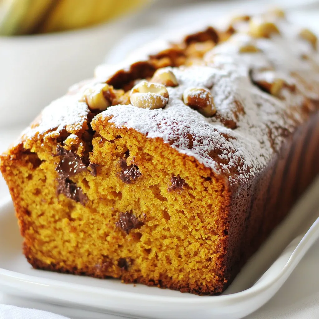 - 1 cup canned pumpkin puree - 1/2 cup vegetable oil - 1 cup brown sugar - 1/2 cup granulated sugar These main ingredients create the heart of your pumpkin bread. Canned pumpkin puree adds moisture and flavor. Vegetable oil keeps the bread soft. Brown and granulated sugars bring sweetness and richness. - 2 cups all-purpose flour - 1 teaspoon baking soda - 1/2 teaspoon baking powder - 1/2 teaspoon salt - 1 teaspoon ground cinnamon - 1/2 teaspoon ground nutmeg - 1/4 teaspoon ground ginger These baking components help the bread rise and add flavor. All-purpose flour gives it structure. Baking soda and baking powder are key for leavening. The spices add warmth and make it taste like fall. - 1 cup semi-sweet chocolate chips - 1/2 cup chopped walnuts If you want a fun twist, add chocolate chips. They melt and create pockets of gooey goodness. Chopped walnuts add crunch and a nutty taste. You can mix and match to suit your taste! {{ingredient_image_1}} - Preheat your oven to 350°F (175°C). - Grease a 9x5 inch loaf pan or line it with parchment paper. - In a large bowl, mix 1 cup of pumpkin puree, 1/2 cup of vegetable oil, 1 cup of brown sugar, and 1/2 cup of granulated sugar. - Add 2 large eggs and 1 teaspoon of vanilla extract. Whisk until smooth. - In another bowl, whisk together 2 cups of all-purpose flour, 1 teaspoon of baking soda, 1/2 teaspoon of baking powder, and 1/2 teaspoon of salt. - Add 1 teaspoon of ground cinnamon, 1/2 teaspoon of ground nutmeg, and 1/4 teaspoon of ground ginger. Mix well. - Gradually add the dry ingredients to the wet mixture. Stir gently until just combined. - Fold in 1 cup of semi-sweet chocolate chips and 1/2 cup of chopped walnuts, if you want. - Pour the batter into the prepared loaf pan. Smooth the top with a spatula. - Bake for 60 to 70 minutes. Check with a toothpick; it should come out clean. - Let it cool in the pan for about 10 minutes. Then, transfer it to a wire rack to cool completely. Enjoy your delicious Pumpkin-Choco Delight Bread! - Checking doneness: To check if your bread is done, stick a toothpick in the center. If it comes out clean, your bread is ready. If it has batter on it, bake for a few more minutes. You want a moist bread, but not wet. - Avoiding overmixing: When you mix wet and dry ingredients, do it gently. Overmixing makes the bread tough. Stir just until you see no dry flour. It's okay if there are some lumps; they will bake out. - Dusting with powdered sugar: Before serving, sprinkle powdered sugar on top. This adds a sweet touch and makes it look pretty. Use a fine sieve for an even coating. - Serving suggestions: Serve slices on a colorful platter. You can add a small bowl of chocolate sauce for dipping. It makes the treat even more fun and delicious. - How to store leftover bread: Keep any leftover bread in an airtight container. It stays fresh for up to three days at room temperature. If you want to keep it longer, wrap it tightly with plastic wrap and freeze it. - Reheating recommendations: To reheat, place a slice in the microwave for about 10-15 seconds. You can also warm it in the oven at 350°F (175°C) for about 5-10 minutes. Enjoy it warm for the best taste! Pro Tips Use Fresh Spices: For the best flavor, opt for fresh ground spices instead of pre-ground ones. They enhance the aroma and taste of your Pumpkin-Choco Delight Bread. Check for Doneness: Ovens can vary in temperature. To ensure your bread is baked through, check for doneness a few minutes before the recommended baking time. Cooling is Crucial: Allow the bread to cool in the pan for about 10 minutes before transferring it to a wire rack. This helps prevent it from becoming soggy. Customize Your Nuts: Feel free to substitute walnuts with your favorite nuts or omit them entirely based on your preferences for a different texture and flavor. {{image_2}} You can enhance your pumpkin bread with spices. Try adding cloves or allspice for a warm taste. These spices add depth and make the bread feel cozy. You can also switch to dark chocolate chips instead of semi-sweet. Dark chocolate gives a richer flavor and pairs well with pumpkin. If you want a healthier bread, try using honey or maple syrup instead of sugar. These options add sweetness and flavor. For a gluten-free version, use almond flour or a gluten-free blend. Both options work well and keep the bread moist. In fall, add cranberries or pecans for a festive twist. Cranberries give a tartness that balances the sweetness. Pecan pieces add crunch and flavor. You can also use other types of squash, like butternut or acorn squash, for a different taste. Simply swap them in for pumpkin puree. To keep your Chocolate Chip Pumpkin Bread fresh, store it in the fridge. Wrap it tightly in plastic wrap or place it in an airtight container. This helps keep it moist and tasty. You can also freeze your bread. Slice it into pieces for easy serving. Then, wrap each slice in plastic wrap and place them in a freezer bag. This way, you can enjoy it later without losing flavor. At room temperature, your bread lasts about three days. Keep it cool and away from direct sunlight. If you see any mold or feel a strange smell, throw it away. In the fridge, it can last up to a week. Check for any signs of dryness or hard texture. These mean it is time to say goodbye to your treat. Can I use fresh pumpkin instead of canned? Yes, you can use fresh pumpkin. Just cook and puree it. Make sure it is smooth. Canned pumpkin is easy and saves time. It also gives a consistent flavor. Can I make mini loaves instead? Absolutely! You can make mini loaves. Just adjust the baking time. Bake them for about 25 to 30 minutes. Check with a toothpick to see if they are done. What is the best temperature for baking? The best temperature for baking this bread is 350°F (175°C). This temperature helps the bread rise well. It also gives a nice golden color. Adjusting baking time for different pan sizes If you use a smaller pan, reduce the baking time. For larger pans, you may need to bake a bit longer. Always check for doneness with a toothpick. Is this recipe nut-free? Yes, the recipe is nut-free if you skip the walnuts. It still tastes great without them. You can also add seeds for crunch if you like. How to make it vegan-friendly? To make this recipe vegan, swap out the eggs. You can use 1/4 cup of applesauce for each egg. Use a plant-based oil instead of vegetable oil. This keeps the texture nice and moist. This blog post walked you through making Chocolate Chip Pumpkin Bread. We covered essential ingredients, like canned pumpkin and spices, and discussed baking steps, tips for doneness, and how to store leftovers. With a few variations and substitutions, you can make this recipe your own. Whether adding chocolate or tweaking spices, this bread is flexible. I hope you feel inspired to bake and share this treat with others. Happy baking!