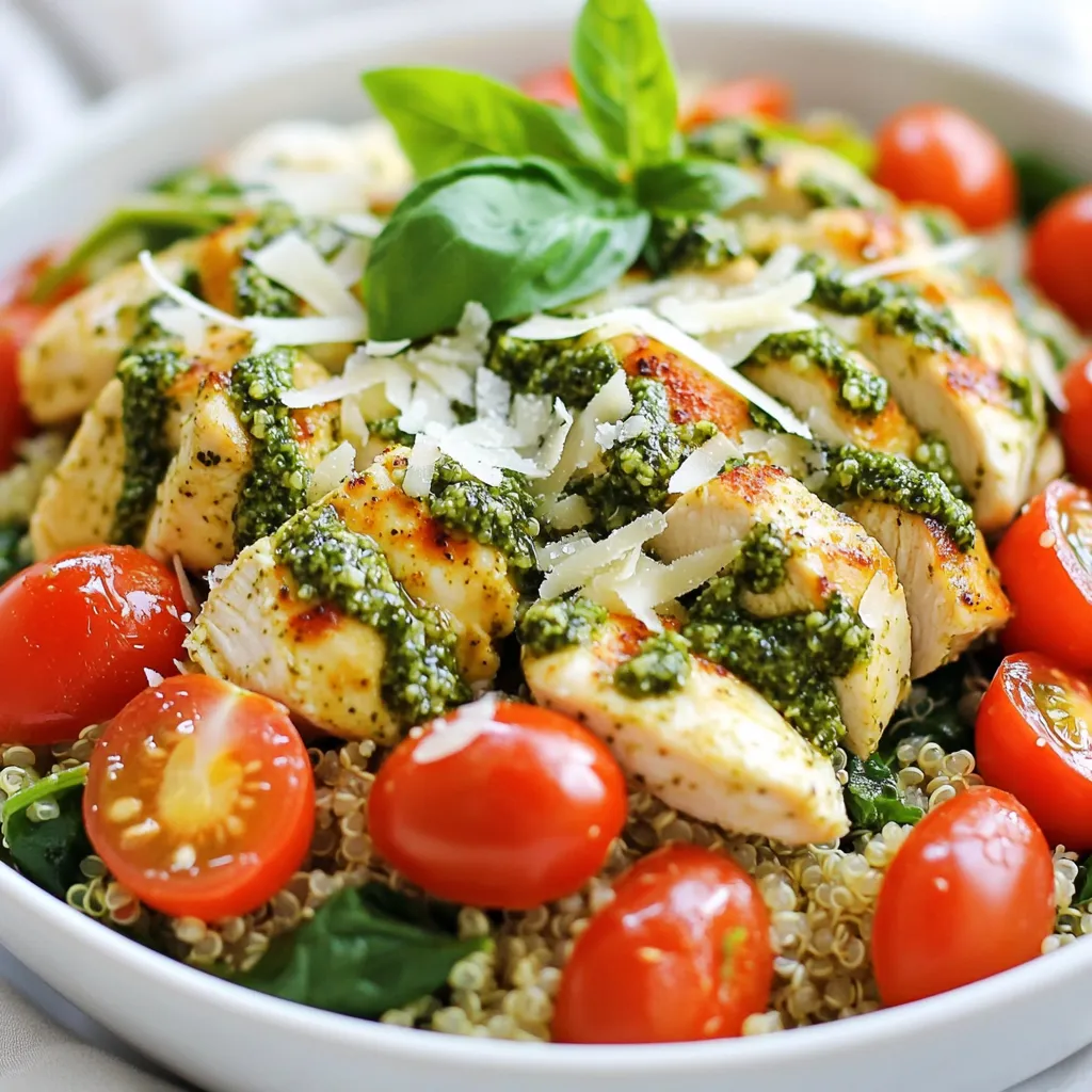 - 1 cup quinoa, rinsed and drained - 1 lb boneless, skinless chicken breasts, diced - 1/2 cup basil pesto (store-bought or homemade) - 1 teaspoon garlic powder - 1 teaspoon Italian seasoning - Grated Parmesan cheese (for serving) - 2 cups chicken or vegetable broth - 1 cup cherry tomatoes, halved - 2 cups fresh spinach In this recipe, we focus on fresh and simple items. Quinoa is our base. It’s a great source of protein and fiber. Chicken provides heartiness. Use diced, boneless chicken for easy cooking. Pesto adds flavor. You can use store-bought or make your own. We also need seasonings. Garlic powder gives a nice kick. Italian seasoning adds depth. Grated Parmesan cheese is perfect for topping. It melts slightly and adds creaminess. Next, we have our broth and veggies. Chicken or vegetable broth keeps things moist. Cherry tomatoes burst with flavor when cooked. Fresh spinach wilts down, adding color and nutrients. These ingredients come together to make a tasty dish. Each bite is a mix of flavors and textures. {{ingredient_image_1}} To cook quinoa, start by rinsing one cup of quinoa under cold water. This step removes any bitter coating. In a medium pot, combine the rinsed quinoa with two cups of chicken broth. Bring this mixture to a boil over high heat. Once boiling, reduce the heat to low and cover the pot. Let it simmer for about 15 minutes. The quinoa is ready when it is fluffy and the liquid is absorbed. To ensure fluffiness, let it sit for a few minutes after cooking, then fluff it with a fork. While the quinoa cooks, heat one tablespoon of olive oil in a large skillet over medium heat. Add one pound of diced, boneless, skinless chicken breasts to the skillet. Season the chicken with one teaspoon of garlic powder, one teaspoon of Italian seasoning, and salt and pepper to taste. Cook the chicken for about 5 to 7 minutes. Stir it occasionally to ensure it browns evenly and cooks through. You want it golden brown, as this adds flavor to the dish. Once the chicken is cooked, add one cup of halved cherry tomatoes to the skillet. Sauté them for an additional 2 to 3 minutes until they soften. Next, stir in two cups of fresh spinach and cook until it wilts, which takes about 1 to 2 minutes. Now it’s time to combine everything. Add the cooked quinoa to the skillet with the chicken and tomatoes. Pour in half a cup of basil pesto and gently stir until all ingredients are well coated. Adjust the seasoning if needed. Let it sit for a couple of minutes to absorb the flavors before serving. To make your pesto chicken quinoa skillet truly shine, adjust the seasonings. Start with salt and pepper to bring out flavors. You can add more garlic powder or Italian seasoning for a bolder taste. Taste as you go; this helps you find the right balance. Balancing the richness of the pesto is key. If it feels too heavy, add a splash of lemon juice. This brightens the dish and cuts through the creaminess. You can also mix in a little chicken broth to lighten it up, if needed. Using the right skillet matters. A large, non-stick skillet works best. It prevents sticking and helps with even cooking. A cast-iron skillet is also a great choice for added flavor. For cooking quinoa, a medium pot is ideal. Make sure it has a lid to trap steam. This helps the quinoa cook perfectly fluffy. Choose one with a thick bottom to avoid burning the grains. When serving your skillet dish, consider pairing it with a side salad. A simple green salad with vinaigrette complements the meal well. You might also add roasted veggies for extra color and nutrition. For plating, try a fun twist. Serve the quinoa in a bowl and top with chicken and veggies. Sprinkle grated Parmesan cheese on top for a beautiful finish. Adding fresh basil leaves as a garnish gives a pop of color and flavor. Pro Tips Use Homemade Pesto: For a fresher and more personalized flavor, try making your own basil pesto at home using fresh basil, garlic, pine nuts, Parmesan cheese, and olive oil. Add More Veggies: Feel free to incorporate other vegetables such as bell peppers, zucchini, or asparagus to enhance nutrition and add more color to the dish. Meal Prep Friendly: This recipe is great for meal prepping! Make a larger batch and store leftovers in airtight containers for quick lunches or dinners throughout the week. Season to Taste: Always taste your dish before serving. Adjust the seasoning as needed with extra salt, pepper, or a squeeze of lemon juice for brightness! {{image_2}} You can switch up the protein in this dish. Here are some ideas: - Alternative meats: Try turkey or pork instead of chicken. Both work well. They add different flavors. - Vegetarian options: Use chickpeas or tofu for a plant-based meal. They add protein and texture. You can make this dish even tastier with some simple changes. Consider these ideas: - Adding spices or herbs: Toss in red pepper flakes for heat. Fresh herbs like parsley or cilantro can brighten the dish. - Incorporating different vegetables: Add bell peppers, zucchini, or mushrooms. They add color and nutrients. Need to make this dish fit your diet? Here are some adjustments: - Gluten-free options: This recipe is already gluten-free with quinoa. Just check your pesto for gluten ingredients. - Nut-free variations: Use a nut-free pesto. You can make it with seeds like sunflower or pumpkin instead of nuts. To store leftovers, place the pesto chicken quinoa in an airtight container. Make sure to cool it to room temperature before sealing. This helps keep the food fresh. The shelf life in the fridge is about 3 to 4 days. For freezing, let the dish cool completely. Then, transfer it to a freezer-safe container. Be sure to label it with the date. The best practices for freezing include leaving some space at the top of the container. This allows for expansion. For reheating, thaw the dish overnight in the fridge. Then, warm it on the stove or in the microwave. Stir occasionally to ensure even heating. You can make meal prep easier by pre-cooking the quinoa and chicken. Cook the quinoa and store it in an airtight container. Cook the chicken and season it as per the recipe. Store both in the fridge for up to 3 days. Batch cooking is also a great idea. Make a larger batch of the skillet and divide it into portions. This way, you have quick meals ready for busy days. It takes about 30 minutes to make this dish. - Prep time: 10 minutes - Cook time: 20 minutes You boil the quinoa while cooking the chicken. This saves time and keeps everything simple. In just half an hour, you can enjoy a warm, tasty meal. Yes, you can use homemade pesto. - Fresh flavors: Homemade pesto often tastes better. - Control over ingredients: You can pick your own herbs and nuts. - No preservatives: It’s healthier without extra additives. Making pesto at home is easy. Just blend basil, garlic, nuts, cheese, and oil. Use it in this dish for a special touch. You can use other grains if you don’t have quinoa. - Brown rice: A great choice with a nice chew. - Couscous: Quick to cook and light in texture. - Farro: A hearty grain with a nutty flavor. Each option changes the taste a bit. So, feel free to mix it up! This blog post covered how to make a flavorful Pesto Chicken Quinoa Skillet. We discussed the key ingredients like quinoa, chicken, and pesto, plus seasonings like garlic powder and Italian herbs. I shared step-by-step instructions on cooking techniques and achieving the best flavors. I also included tips for variations and storage advice. In the end, this dish offers a quick, tasty meal that you can tweak to fit your needs. Enjoy experimenting with flavors and ingredients to make it your own!