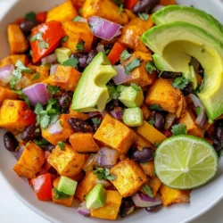 - 2 medium sweet potatoes, peeled and diced - 1 red bell pepper, chopped - 1 yellow bell pepper, chopped - 1 small red onion, diced The main ingredients create a colorful and tasty base for the dish. Sweet potatoes add a sweet and creamy texture. Bell peppers bring crunch and color. Red onion adds a mild, sweet flavor. - 1 teaspoon smoked paprika - 1 teaspoon cumin - ½ teaspoon chili powder These spices take the dish to a new level. Smoked paprika gives a warm, smoky taste. Cumin adds earthiness, while chili powder gives it a kick. Together, these flavors make every bite exciting. - 2 avocados, sliced - Fresh cilantro, for garnish - Lime wedges, for serving The toppings make the dish fresh and vibrant. Avocado adds creaminess that balances the spices. Cilantro gives a bright, fresh note. Lime wedges add a zesty punch and enhance the flavors. These toppings are essential for a perfect finish. {{ingredient_image_1}} - Prepping sweet potatoes Start by peeling the sweet potatoes. Then, dice them into small cubes. Aim for even size. This helps them cook evenly. - Chopping vegetables Next, chop the red and yellow bell peppers. Dice the red onion. Mince the garlic. Keep your cuts small. This makes it easy to mix later. - Heating olive oil In a large skillet, heat one tablespoon of olive oil over medium heat. Let it warm for a minute. This oil adds flavor and helps cook the veggies. - Sautéing sweet potatoes and vegetables Add the diced sweet potatoes to the skillet. Season them with salt and pepper. Cook for about ten minutes. Stir often until they turn tender. After that, stir in the diced onion and bell peppers. Sauté for another five to seven minutes. The vegetables should soften nicely. - Adding spices and black beans Now, add minced garlic, smoked paprika, cumin, and chili powder. Stir everything well. Cook for two more minutes. The spices will infuse the dish with flavor. Then, stir in the rinsed black beans. Heat them through for two to three minutes. - Final cooking steps before serving Taste the mixture and adjust the seasoning if needed. Once done, remove the skillet from heat. You can serve it straight from the skillet. Or, portion it into bowls. Top each serving with sliced avocado and fresh cilantro. Serve lime wedges on the side to add a zesty kick. To make sweet potatoes tender, start with even-sized pieces. This helps them cook at the same rate. Use a sharp knife to dice them. Cook them in olive oil over medium heat for about 10 minutes. Stir them often to avoid burning. When they are soft, they are ready for the next step. For sautéing vegetables evenly, add them in stages. Start with sweet potatoes first, then add onions and peppers. This way, each vegetable has time to cook. Stir gently so they do not stick to the pan. Cook until they are bright and soft. To add more flavor, consider using different spices. Try adding oregano, paprika, or even a pinch of cayenne pepper. These can give your dish a new kick. You can also squeeze fresh lime juice over the top. This adds brightness and balances the flavors well. Balancing flavors is key. If the dish feels too sweet, add some salt. If it’s too salty, a bit of sugar helps. Always taste as you go. Adjust spices to your liking for the perfect blend. Serving your Southwest Sweet Potato Skillet can be fun. You can serve it right in the skillet for a family-style meal. This makes it feel warm and inviting. Top with sliced avocados and fresh cilantro. This adds color and freshness to the dish. For drinks, pair it with a cold limeade or iced tea. If you want something more filling, serve it with rice or tortilla chips. These sides complement the flavors in the skillet. Pro Tips Choose the Right Sweet Potatoes: Look for firm, smooth-skinned sweet potatoes without any bruises or blemishes for the best flavor and texture. Customize Your Spice Level: If you enjoy heat, consider adding diced jalapeños or a pinch of cayenne pepper to amp up the flavor. Meal Prep Friendly: This dish is perfect for meal prep! Make a larger batch and store leftovers in the fridge for quick lunches or dinners throughout the week. Serving Suggestions: For added protein, serve with a side of grilled chicken or shrimp, or add a dollop of Greek yogurt for creaminess. {{image_2}} You can switch out vegetables in this dish easily. Try using zucchini or mushrooms for a new twist. You can also swap the black beans for chickpeas if you prefer. For a vegan or vegetarian option, you don't need to change much. Just skip any meat additions and stick with the beans for protein. To change the flavor, consider using different spice blends. You might add taco seasoning for a bolder taste. If you want more protein, try adding cooked chicken or shrimp. This will make your skillet heartier and more filling. Think of this dish as a breakfast option, too! Top it with eggs for a great start to your day. You can also turn it into a burrito bowl. Just serve it over rice or quinoa and add your favorite toppings. This way, you get a fun and versatile meal. To store leftovers, let the skillet cool first. Place it in an airtight container. You can keep it in the fridge for up to four days. If you want to separate portions, use smaller containers. This makes it easy to grab a quick meal. The best way to reheat is on the stovetop. Heat a pan over medium heat and add a splash of water or oil. This helps keep the sweet potatoes soft. Stir it well to heat evenly. The microwave works too, but it can make the dish mushy. If you use the microwave, cover it loosely with a paper towel. For meal prep, you can freeze this dish. Let it cool completely before you freeze it. Use freezer-safe containers for storage. It can last for up to three months in the freezer. To thaw, place it in the fridge overnight. For reheating, use the stovetop method for the best texture. If your sweet potatoes are undercooked, try cutting them smaller. Smaller pieces cook faster. You can also cover the skillet with a lid. This traps steam and helps them cook evenly. If they are still hard, cook them longer. Check every few minutes until they are soft. Yes, you can! Make the Southwest Sweet Potato Skillet in advance. Cook it, then let it cool. Store it in an airtight container in the fridge. It will stay fresh for about three days. When you’re ready to eat, just reheat it on the stove or in the microwave. You can serve the skillet with many sides. Here are some great options: - Rice or quinoa: They add nice texture and soak up the flavors. - Tortillas: Use them to make wraps or tacos. - Salad: A fresh salad adds crunch and balance. - Salsa or hot sauce: For extra flavor and spice. - Cornbread: A sweet side that pairs well with savory dishes. These options will make your meal even more delicious! You learned about crafting a tasty Southwest Sweet Potato Skillet. We covered key ingredients like sweet potatoes, bell peppers, and spices. You now know how to prepare, cook, and store this dish. Consider variations to mix things up. Don't be afraid to try new flavors or swap ingredients. With this guide, you can enjoy a nutritious meal that’s simple to make. Dive in and enjoy the experience of cooking and tasting!