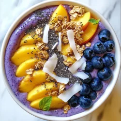 - 1 cup frozen blueberries - 1 ripe peach, pitted and sliced - 1 banana, sliced - 1/2 cup Greek yogurt (or a dairy-free alternative) - 1/2 cup almond milk (or any milk of your choice) - 1 tablespoon honey (optional) To make a Blueberry Peach Smoothie Bowl, you need fresh and frozen ingredients. The frozen blueberries give a nice chill to your bowl. A ripe peach adds sweetness and flavor. The banana makes the smoothie creamy and smooth. Greek yogurt boosts protein and adds a tangy taste. Almond milk keeps it light and dairy-free. You can add honey if you want more sweetness. - Sliced fresh peaches - Additional blueberries - Granola - Chia seeds - Coconut flakes Toppings make your smoothie bowl more fun and tasty. Sliced fresh peaches add color and flavor. Extra blueberries give a burst of juice with each bite. Granola adds crunch and makes it satisfying. Chia seeds are packed with nutrients and add a nice texture. Coconut flakes give a tropical twist that makes it special. You can mix and match toppings based on your taste. Enjoy being creative! {{ingredient_image_1}} To start, gather all your ingredients. You need: - 1 cup frozen blueberries - 1 ripe peach, pitted and sliced - 1 banana, sliced - 1/2 cup Greek yogurt - 1/2 cup almond milk - 1 tablespoon honey (optional) Next, put the frozen blueberries, peach, banana, Greek yogurt, almond milk, and honey in a blender. Blend everything on high until it is smooth and creamy. If you see bits of fruit, scrape down the sides and blend again to mix it all well. After blending, check the mixture. If it seems too thick, add a splash more almond milk. Blend again until you reach your desired creaminess. You want a smooth texture that you can easily pour into a bowl. Now it’s time to serve! Pour the smoothie mixture into a bowl. Create a well in the center for your toppings. You can use: - Sliced fresh peaches - Additional blueberries - Granola - Chia seeds - Coconut flakes Arrange the toppings artfully on top. This step not only adds flavor but also makes your bowl look pretty. Enjoy your refreshing smoothie bowl right away! When you make a Blueberry Peach Smoothie Bowl, pick ripe peaches and high-quality blueberries. Ripe peaches should feel soft but not mushy. Look for deep color and a sweet smell. For blueberries, choose plump, shiny berries with no blemishes. Fresh is great, but frozen works well, too. Frozen blueberries give your smoothie a nice chill and thick texture. You can boost the flavor by adding other fruits or spices. Try adding a handful of strawberries or a slice of mango for a fruity twist. If you want to spice things up, a pinch of cinnamon or a dash of vanilla can add warmth. These little touches make your smoothie bowl even more exciting. Toppings add crunch and fun to your smoothie bowl. Sliced fresh peaches and blueberries are classic choices. Granola gives a nice crunch, while chia seeds add a bit of chewiness. Coconut flakes are a tasty option as well. Feel free to mix and match toppings to find your perfect combo! Pro Tips Use Frozen Fruit: Using frozen blueberries not only gives your smoothie bowl a refreshing chill but also helps achieve a thicker texture. Adjust Sweetness: Taste your smoothie before adding honey. The natural sweetness of the peach and banana may be enough for your palate. Experiment with Toppings: Feel free to mix and match toppings like nuts, seeds, or your favorite granola for added crunch and nutrition. Make it Vegan: Substitute Greek yogurt with a plant-based yogurt and use maple syrup instead of honey to make this smoothie bowl vegan-friendly. {{image_2}} To make a vegan version, swap Greek yogurt and almond milk for plant-based options. Use coconut yogurt and almond milk or oat milk. This keeps the creamy texture without dairy. You can also try soy yogurt for added protein. The flavor stays fresh and fruity, just like the classic bowl. Want to boost your smoothie bowl? Add protein powder or nut butter. A scoop of your favorite protein powder blends in smoothly. This adds flavor and makes your bowl more filling. Nut butter, like almond or peanut, can enhance taste and nutrition. Both options help power your day. You can switch fruits based on what’s in season. In summer, try using ripe strawberries or cherries. In fall, add slices of juicy pears or apples. These fruits create a new taste while keeping the smoothie bowl fresh. Feel free to mix and match for fun flavors throughout the year. You can store any extra smoothie in the fridge. Pour it into a sealed container. It stays fresh for up to two days. When you are ready to eat it, stir well. If it looks too thick, add a splash of almond milk and mix again. Want to save time? Freeze smoothie ingredients for future use. Cut your ripe peach and banana into slices. Place them in a freezer bag. Add your blueberries to the bag too. Seal it well and label it with the date. Use these frozen fruits within three months for the best taste. Check for signs of spoilage before using leftovers. If your smoothie smells funny or looks off, toss it. Use glass jars or BPA-free containers for storage. They keep your food fresh longer and are easy to clean. Always store your smoothie bowl in the fridge if you don’t eat it right away. Yes, you can use fresh fruit. However, your smoothie bowl will be warmer and less thick. Frozen fruit gives it a chill and creaminess. If you prefer fresh, add ice to the blender. This will help keep it cold and thick. To reduce sweetness, cut back on honey or skip it entirely. You can also use plain Greek yogurt. This will balance the sweetness from the fruit. If you want more flavor without sugar, add a bit of lemon juice. It adds a nice zing! Absolutely! You can prep the base in advance. Blend the fruit, yogurt, and milk, then store it in the fridge. Keep toppings separate for best results. You can mix it all together when you are ready to eat. This article covered key ingredients for a delicious smoothie bowl, including frozen blueberries and ripe peaches. I shared simple steps to create a creamy blend and offered tips on selecting ingredients and adding textures. You can also tailor the bowl to your taste or dietary needs with easy variations. Keep experimenting with new toppings and flavors. A smoothie bowl can be both tasty and healthy. Enjoy your creations and feel free to share your experiences!