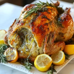 - 1 whole turkey (12-14 lbs), thawed - 1 cup unsalted butter, softened - 10 cloves garlic, minced - 2 tablespoons fresh rosemary, chopped - 2 tablespoons fresh thyme, chopped - 2 tablespoons fresh sage, chopped - 1 tablespoon onion powder - 1 tablespoon smoked paprika - 2 teaspoons salt - 1 teaspoon black pepper - 4 cups low-sodium chicken broth - 1 lemon, quartered - 1 onion, quartered - Fresh herbs for garnish (extra rosemary, thyme, and sage) When you choose your turkey, aim for one that weighs between 12 to 14 pounds. This size serves about ten to twelve people. Using unsalted butter lets you control the salt level in your dish. The garlic adds bold flavor, while the fresh herbs bring freshness and aroma. Each tablespoon of herbs should be finely chopped for even mixing. The broth keeps your turkey moist and adds depth to the flavor. Fresh herbs make this dish shine. If you cannot find fresh rosemary, thyme, or sage, use dried herbs. Use 1 teaspoon of dried herbs for each tablespoon of fresh herbs. For garlic, if you run out of fresh cloves, garlic powder can work, but use less. You can also swap lemon for orange for a sweeter taste. {{ingredient_image_1}} First, set your oven to 325°F (165°C). This is the ideal temperature for roasting turkey. A steady heat helps cook the turkey evenly. Next, in a medium bowl, mix the following: - 1 cup unsalted butter, softened - 10 cloves garlic, minced - 2 tablespoons fresh rosemary, chopped - 2 tablespoons fresh thyme, chopped - 2 tablespoons fresh sage, chopped - 1 tablespoon onion powder - 1 tablespoon smoked paprika - 2 teaspoons salt - 1 teaspoon black pepper Stir until all ingredients blend well. This butter mix adds great flavor to your turkey. Take your thawed turkey and remove the innards from the cavity. Pat the turkey dry using paper towels. Gently separate the skin from the turkey breast with your fingers. Rub half of the garlic herb butter mixture under the skin of the turkey breast. Make sure it spreads evenly. Then, cover the entire turkey with the rest of the butter mixture. Inside the turkey cavity, place quartered lemon and onion for extra taste. Now, put the turkey in a large roasting pan. Pour 4 cups of low-sodium chicken broth around the turkey. This keeps it moist while roasting. Cover the turkey loosely with aluminum foil. Roast it in the preheated oven for about 3 to 4 hours. For the last hour, remove the foil to let the skin crisp. Check the internal temperature; it should reach 165°F (75°C) at the thickest part. Once done, take the turkey out of the oven. Let it rest for 20-30 minutes before carving. This helps the juices stay inside. Serve the turkey on a platter, pouring some pan juices over it. Add fresh herbs for a lovely touch. To keep your turkey moist and tasty, use a good amount of butter. Mix the butter with garlic and herbs. This adds flavor and moisture. Rub this mixture under the skin and on the outside. Pour chicken broth in the pan while roasting. It will help steam the turkey from below. After roasting, always let the turkey rest. Resting lets the juices stay in the meat. If you cut it too soon, the juices run out, and the meat can dry. A good rest is about 20 to 30 minutes. Cover it loosely with foil to keep it warm. One mistake is not drying the turkey before seasoning. Make sure to pat it dry. Another mistake is cooking at too high a heat. Always use a low heat, around 325°F (165°C). Check the internal temperature with a meat thermometer. It should reach 165°F (75°C) in the thickest part. Don’t forget to remove the foil for the last hour. This helps the skin get crispy and golden. Pro Tips Resting Time Matters: Allow the turkey to rest for at least 20-30 minutes after roasting. This helps the juices redistribute, resulting in a juicier turkey. Use a Meat Thermometer: Invest in a good meat thermometer to ensure your turkey is cooked to the safe internal temperature of 165°F (75°C) without overcooking. Flavor Boosters: Consider adding other aromatics like celery or carrots in the roasting pan to enhance the flavor of the drippings for gravy. Herb Variations: Feel free to experiment with other fresh herbs like tarragon or parsley for a unique flavor profile that complements your turkey. {{image_2}} You can change the herbs to suit your taste. Try using fresh parsley or dill. They add a bright flavor. You can also use dried herbs if fresh ones aren't available. Use one-third of the amount when using dried herbs. For a zesty kick, stuff your turkey with citrus fruits. Oranges and limes work great. Cut them into quarters and place them inside the turkey. This adds a fresh aroma and helps keep the meat juicy. You can try different cooking methods to make your turkey special. Brining is a popular choice. Soak the turkey in a saltwater mixture overnight. This keeps the meat moist and flavorful. Smoking is another fun option. Use wood chips like hickory or apple for a deep, rich taste. Cook the turkey slowly on a smoker for several hours. This method gives a unique flavor that everyone will love. Experimenting with these variations can make your garlic herb roasted turkey even better! Store your garlic herb roasted turkey in the fridge. Use an airtight container for best results. Cut the turkey into smaller pieces. This helps it cool faster and stay fresh. You can keep it for up to four days. If you have extra gravy, store that separately. To reheat, preheat your oven to 325°F (165°C). Place the turkey pieces in a baking dish. Add a splash of chicken broth to keep it moist. Cover the dish with foil. Heat for about 20 minutes. Check that it’s warm all the way through. You can also use a microwave. Heat on low power, stirring often. You can freeze leftover turkey too! Wrap it tightly in plastic wrap, then foil. This keeps the air out and prevents freezer burn. Freeze it for up to three months. When ready to eat, thaw it in the fridge overnight. Reheat as mentioned earlier. Enjoy your turkey later! For a gathering of 10-12 people, you need a 12-14 pound turkey. This size gives everyone enough meat, plus some leftovers for the next day. If you have more guests, add another pound for each extra person. Yes, you can use a frozen turkey. Just remember to thaw it in the fridge for about 24 hours for every 4-5 pounds. This will ensure safe and even cooking. If you are short on time, you can thaw it in cold water, changing the water every 30 minutes. Plan for about 13-15 minutes per pound at 325°F (165°C). For a 12-14 pound turkey, this means 3 to 4 hours of cooking time. Always use a meat thermometer to check the thickest part of the turkey. It should reach 165°F (75°C) for safe eating. You can serve many sides with garlic herb roasted turkey. Classic choices include mashed potatoes, green beans, cranberry sauce, and stuffing. A fresh salad or roasted vegetables also make great pairs. Don't forget warm bread or rolls to soak up the delicious juices! This blog post guided you through cooking the perfect garlic herb roasted turkey. You learned about key ingredients, step-by-step instructions, and tips to keep it juicy. Exploring variations and storage tips helps you maximize your meal. Remember to avoid common mistakes to ensure success. Preparing a tasty turkey can impress your guests and create lasting memories. Use these insights to enjoy your cooking journey and serve up a delicious feast next time. It’s all about embracing flavors and having fun in the kitchen!