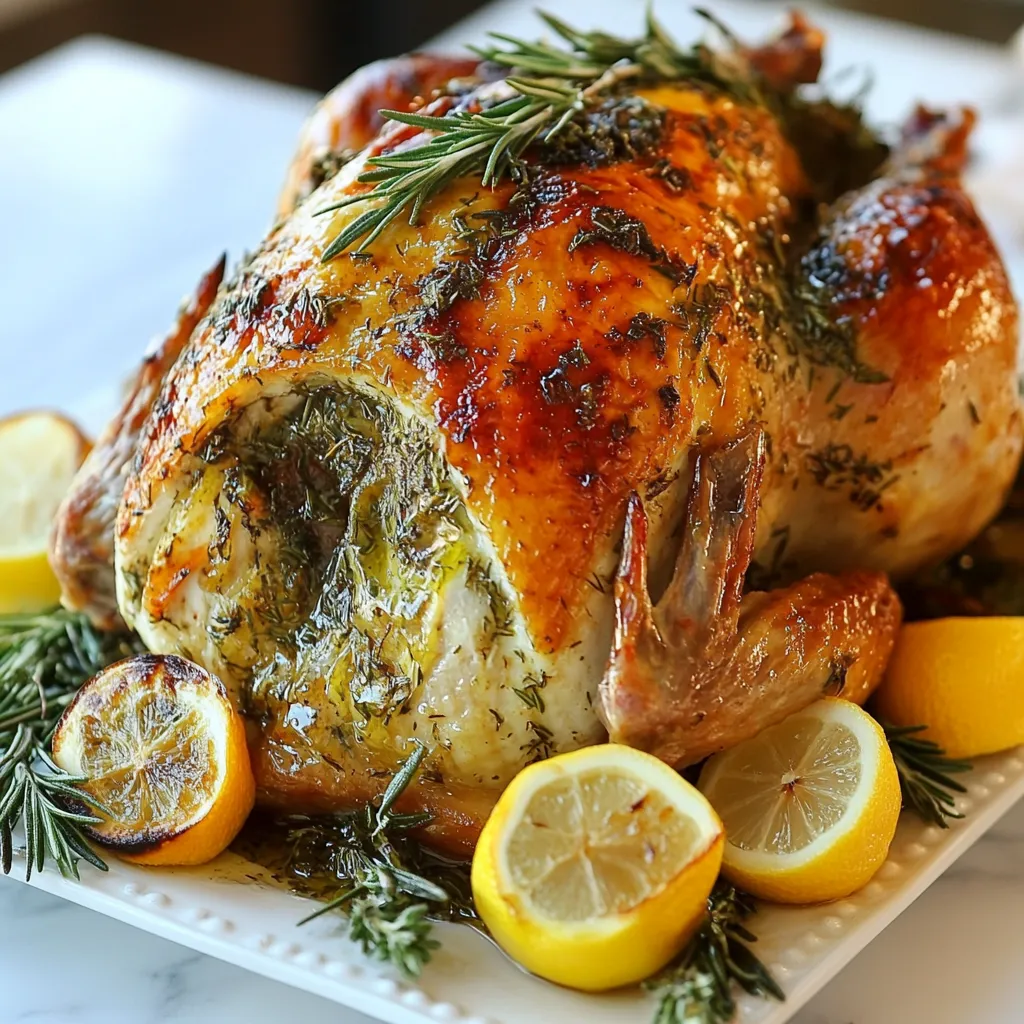 - 1 whole turkey (12-14 lbs), thawed - 1 cup unsalted butter, softened - 10 cloves garlic, minced - 2 tablespoons fresh rosemary, chopped - 2 tablespoons fresh thyme, chopped - 2 tablespoons fresh sage, chopped - 1 tablespoon onion powder - 1 tablespoon smoked paprika - 2 teaspoons salt - 1 teaspoon black pepper - 4 cups low-sodium chicken broth - 1 lemon, quartered - 1 onion, quartered - Fresh herbs for garnish (extra rosemary, thyme, and sage) When you choose your turkey, aim for one that weighs between 12 to 14 pounds. This size serves about ten to twelve people. Using unsalted butter lets you control the salt level in your dish. The garlic adds bold flavor, while the fresh herbs bring freshness and aroma. Each tablespoon of herbs should be finely chopped for even mixing. The broth keeps your turkey moist and adds depth to the flavor. Fresh herbs make this dish shine. If you cannot find fresh rosemary, thyme, or sage, use dried herbs. Use 1 teaspoon of dried herbs for each tablespoon of fresh herbs. For garlic, if you run out of fresh cloves, garlic powder can work, but use less. You can also swap lemon for orange for a sweeter taste. {{ingredient_image_1}} First, set your oven to 325°F (165°C). This is the ideal temperature for roasting turkey. A steady heat helps cook the turkey evenly. Next, in a medium bowl, mix the following: - 1 cup unsalted butter, softened - 10 cloves garlic, minced - 2 tablespoons fresh rosemary, chopped - 2 tablespoons fresh thyme, chopped - 2 tablespoons fresh sage, chopped - 1 tablespoon onion powder - 1 tablespoon smoked paprika - 2 teaspoons salt - 1 teaspoon black pepper Stir until all ingredients blend well. This butter mix adds great flavor to your turkey. Take your thawed turkey and remove the innards from the cavity. Pat the turkey dry using paper towels. Gently separate the skin from the turkey breast with your fingers. Rub half of the garlic herb butter mixture under the skin of the turkey breast. Make sure it spreads evenly. Then, cover the entire turkey with the rest of the butter mixture. Inside the turkey cavity, place quartered lemon and onion for extra taste. Now, put the turkey in a large roasting pan. Pour 4 cups of low-sodium chicken broth around the turkey. This keeps it moist while roasting. Cover the turkey loosely with aluminum foil. Roast it in the preheated oven for about 3 to 4 hours. For the last hour, remove the foil to let the skin crisp. Check the internal temperature; it should reach 165°F (75°C) at the thickest part. Once done, take the turkey out of the oven. Let it rest for 20-30 minutes before carving. This helps the juices stay inside. Serve the turkey on a platter, pouring some pan juices over it. Add fresh herbs for a lovely touch. To keep your turkey moist and tasty, use a good amount of butter. Mix the butter with garlic and herbs. This adds flavor and moisture. Rub this mixture under the skin and on the outside. Pour chicken broth in the pan while roasting. It will help steam the turkey from below. After roasting, always let the turkey rest. Resting lets the juices stay in the meat. If you cut it too soon, the juices run out, and the meat can dry. A good rest is about 20 to 30 minutes. Cover it loosely with foil to keep it warm. One mistake is not drying the turkey before seasoning. Make sure to pat it dry. Another mistake is cooking at too high a heat. Always use a low heat, around 325°F (165°C). Check the internal temperature with a meat thermometer. It should reach 165°F (75°C) in the thickest part. Don’t forget to remove the foil for the last hour. This helps the skin get crispy and golden. Pro Tips Resting Time Matters: Allow the turkey to rest for at least 20-30 minutes after roasting. This helps the juices redistribute, resulting in a juicier turkey. Use a Meat Thermometer: Invest in a good meat thermometer to ensure your turkey is cooked to the safe internal temperature of 165°F (75°C) without overcooking. Flavor Boosters: Consider adding other aromatics like celery or carrots in the roasting pan to enhance the flavor of the drippings for gravy. Herb Variations: Feel free to experiment with other fresh herbs like tarragon or parsley for a unique flavor profile that complements your turkey. {{image_2}} You can change the herbs to suit your taste. Try using fresh parsley or dill. They add a bright flavor. You can also use dried herbs if fresh ones aren't available. Use one-third of the amount when using dried herbs. For a zesty kick, stuff your turkey with citrus fruits. Oranges and limes work great. Cut them into quarters and place them inside the turkey. This adds a fresh aroma and helps keep the meat juicy. You can try different cooking methods to make your turkey special. Brining is a popular choice. Soak the turkey in a saltwater mixture overnight. This keeps the meat moist and flavorful. Smoking is another fun option. Use wood chips like hickory or apple for a deep, rich taste. Cook the turkey slowly on a smoker for several hours. This method gives a unique flavor that everyone will love. Experimenting with these variations can make your garlic herb roasted turkey even better! Store your garlic herb roasted turkey in the fridge. Use an airtight container for best results. Cut the turkey into smaller pieces. This helps it cool faster and stay fresh. You can keep it for up to four days. If you have extra gravy, store that separately. To reheat, preheat your oven to 325°F (165°C). Place the turkey pieces in a baking dish. Add a splash of chicken broth to keep it moist. Cover the dish with foil. Heat for about 20 minutes. Check that it’s warm all the way through. You can also use a microwave. Heat on low power, stirring often. You can freeze leftover turkey too! Wrap it tightly in plastic wrap, then foil. This keeps the air out and prevents freezer burn. Freeze it for up to three months. When ready to eat, thaw it in the fridge overnight. Reheat as mentioned earlier. Enjoy your turkey later! For a gathering of 10-12 people, you need a 12-14 pound turkey. This size gives everyone enough meat, plus some leftovers for the next day. If you have more guests, add another pound for each extra person. Yes, you can use a frozen turkey. Just remember to thaw it in the fridge for about 24 hours for every 4-5 pounds. This will ensure safe and even cooking. If you are short on time, you can thaw it in cold water, changing the water every 30 minutes. Plan for about 13-15 minutes per pound at 325°F (165°C). For a 12-14 pound turkey, this means 3 to 4 hours of cooking time. Always use a meat thermometer to check the thickest part of the turkey. It should reach 165°F (75°C) for safe eating. You can serve many sides with garlic herb roasted turkey. Classic choices include mashed potatoes, green beans, cranberry sauce, and stuffing. A fresh salad or roasted vegetables also make great pairs. Don't forget warm bread or rolls to soak up the delicious juices! This blog post guided you through cooking the perfect garlic herb roasted turkey. You learned about key ingredients, step-by-step instructions, and tips to keep it juicy. Exploring variations and storage tips helps you maximize your meal. Remember to avoid common mistakes to ensure success. Preparing a tasty turkey can impress your guests and create lasting memories. Use these insights to enjoy your cooking journey and serve up a delicious feast next time. It’s all about embracing flavors and having fun in the kitchen!