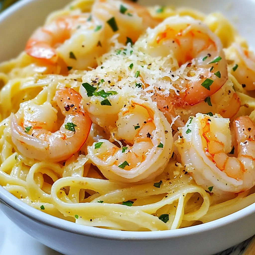 To make shrimp scampi linguine, gather these ingredients: - 8 ounces linguine pasta - 1 pound large shrimp, peeled and deveined - 4 cloves garlic, minced - 1/2 teaspoon red pepper flakes - 1/4 cup unsalted butter - 2 tablespoons olive oil - 1 lemon (zested and juiced) - 1/4 cup fresh parsley, chopped - Salt and pepper to taste - Grated Parmesan cheese for serving (optional) These ingredients work together to create a flavorful and easy dinner dish. The shrimp and garlic bring a rich taste, while the lemon adds a bright zing. You can add these optional ingredients to enhance your dish: - Cherry tomatoes for a pop of color and sweetness - Spinach for a touch of green and added nutrition - A pinch of capers for a briny kick These options add diversity to your meal. Feel free to mix and match based on your taste. If you need to swap out some ingredients, here are some ideas: - Use whole wheat linguine for a healthier option. - Replace shrimp with chicken or tofu for a different protein. - Use garlic powder if you don’t have fresh garlic. These substitutions help you make the recipe your own. You can adapt it based on what you have at home or what you prefer. Enjoy the process and make it your own! {{ingredient_image_1}} Start by boiling water in a large pot. Add salt to the water. Once the water boils, add 8 ounces of linguine pasta. Cook it according to the package instructions. Aim for al dente, which means it should be firm but not hard. This usually takes about 8 to 10 minutes. After cooking, drain the pasta. Do not rinse it! Save 1/2 cup of the pasta water. Set the linguine aside while you prepare the shrimp. In a large skillet, heat 1/4 cup of unsalted butter and 2 tablespoons of olive oil over medium heat. Once the butter melts, add 4 cloves of minced garlic and 1/2 teaspoon of red pepper flakes. Cook these for about 1 to 2 minutes. Watch closely to avoid burning the garlic, as it can turn bitter quickly. Next, increase the heat to medium-high. Add 1 pound of peeled and deveined shrimp to the skillet. Season with salt and pepper. Cook the shrimp for about 2 to 3 minutes on each side. They should turn pink and opaque when done. Now, pour in the reserved pasta water along with the juice and zest of 1 lemon. Stir everything together to form a light sauce. Add the cooked linguine to the skillet and toss to coat the pasta well. Let it cook for an additional 1 to 2 minutes until everything is heated through. Finally, remove from heat and fold in 1/4 cup of chopped fresh parsley. Taste the dish and adjust the seasoning if needed. Serve your shrimp scampi linguine in warm bowls, and enjoy! To boost the flavor of your shrimp scampi, focus on fresh ingredients. Use fresh garlic instead of jarred. Fresh shrimp taste better than frozen. A squeeze of lemon brightens up the dish. Adjust red pepper flakes for your spice level. I suggest starting with 1/2 teaspoon. If you want more heat, add more later. Toss in fresh parsley at the end for bright flavor. It adds color and freshness to the dish. For a stunning presentation, use warm bowls. Serve the linguine right after cooking. Top each serving with extra parsley. A sprinkle of grated Parmesan cheese adds flavor. Place a lemon wedge on the side; it looks great and offers an extra squeeze of zest. You can also add a light drizzle of olive oil on top for shine. This makes your dish look gourmet, impressing anyone who sees it. One common mistake is overcooking the shrimp. Shrimp cook quickly; they should be pink and opaque. If they turn tough, you've cooked them too long. Another mistake is not reserving pasta water. This water helps create a rich, creamy sauce. Lastly, don’t forget to adjust the seasoning. Taste your dish before serving. You might need more salt or pepper. Avoid these mistakes, and you’ll make a perfect shrimp scampi linguine every time! Pro Tips Fresh Shrimp is Best: Always opt for fresh shrimp if available for the best flavor. If using frozen shrimp, make sure to fully thaw them before cooking for even cooking. Perfect Pasta Texture: To achieve the best texture, cook the pasta until it is al dente. This will ensure it holds up well when tossed with the sauce. Customize the Heat: Adjust the amount of red pepper flakes based on your spice preference. For a milder dish, reduce the quantity or omit it entirely. Garnish for Flavor: A sprinkle of fresh parsley and a squeeze of lemon juice just before serving enhances the dish's freshness and flavor. {{image_2}} You can make shrimp scampi linguine even better by adding veggies. Spinach works well, adding color and nutrition. Just toss it in at the end, so it wilts but stays bright. Cherry tomatoes bring sweetness. They also add a pop of color. Zucchini or bell peppers can be sliced and sautéed with the shrimp for more flavor. Carrots, though less common, add crunch and a nice color contrast. Feel free to mix and match veggies based on your taste! While linguine is great, you can switch it up! Spaghetti is a classic choice, and it holds sauce well. Fettuccine offers a wider noodle that feels rich. Penne or rigatoni can also be fun. They trap the sauce inside, giving each bite flavor. Whole wheat pasta adds fiber and a nutty taste. Gluten-free options are available too. Just adjust cooking times based on the pasta you choose. You can easily make this dish spicy or mild. For a spicy kick, add more red pepper flakes or even sliced fresh chili peppers. If you like it mild, skip the red pepper flakes altogether. You can also use sweet paprika for flavor without the heat. Adjust the amount of garlic to your taste. More garlic gives a robust flavor, while less makes it softer. Balance the spice to match your mood or your guests' preferences! To store leftover shrimp scampi linguine, first let it cool down. Place it in an airtight container. You can keep it in the fridge for up to three days. Make sure to seal it well to keep the flavors fresh. When you reheat shrimp scampi linguine, use a skillet for the best taste. Add a splash of water or broth to help it heat evenly. Warm it on medium heat. Stir often to avoid sticking. This keeps the shrimp tender and the pasta moist. You can freeze shrimp scampi linguine if you want to save some for later. Place it in a freezer-safe container. Make sure to leave some space at the top for expansion. It can last up to two months in the freezer. When ready to eat, thaw it in the fridge overnight before reheating. Shrimp scampi linguine lasts about three days in the fridge. Store it in an airtight container. It keeps the flavors fresh and tasty. Just remember, the shrimp may lose some texture over time. Yes, you can make shrimp scampi linguine ahead of time. Cook the pasta and shrimp, then store them separately. When ready to eat, just reheat the shrimp and mix them with the pasta. This way, your meal stays fresh and delicious. You can pair shrimp scampi linguine with several sides. A crisp green salad works well. Garlic bread is another great choice. You can also serve it with roasted veggies for a colorful plate. A chilled white wine adds a nice touch, too! In this post, we explored the key ingredients and steps to make shrimp scampi linguine. We covered ingredient options, cooking methods, and common mistakes. Remember, small tweaks can enhance flavor and presentation. Variations are fun ways to switch up the dish. Proper storage and reheating ensure your meal stays fresh. Keep these tips in mind for your next cooking adventure to impress your family and friends! Enjoy your delicious shrimp scampi linguine!