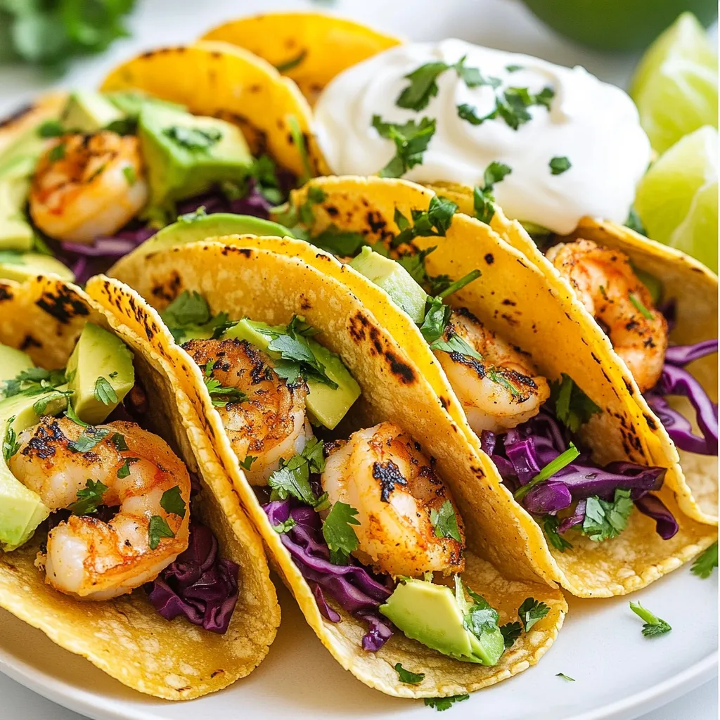 To make cilantro lime shrimp tacos, you need fresh and tasty ingredients. Here’s what you’ll need: - 1 lb large shrimp, peeled and deveined - 1/4 cup fresh cilantro, chopped - 1 lime, juiced and zested - 2 cloves garlic, minced - 1 teaspoon ground cumin - 1 teaspoon chili powder - 2 tablespoons olive oil - Salt and pepper to taste - 8 small corn tortillas These main ingredients create a bright and zesty flavor in your tacos. The shrimp brings a sweet taste, while the lime adds a tangy kick. Garlic, cumin, and chili powder give it depth and warmth. You can make your tacos even better with some optional toppings and sides. Here are some ideas: - 1 avocado, sliced - 1 cup shredded red cabbage - 1/2 cup sour cream or Greek yogurt (for topping) - Extra lime wedges (for serving) Adding avocado gives a creamy texture. Shredded cabbage adds crunch, and sour cream or yogurt brings a rich finish. Lime wedges offer extra zest for those who love a burst of citrus. Understanding the nutrition in your meal helps you eat better. Here’s a quick look at the key nutrients: - Shrimp is high in protein and low in calories. - Avocado provides healthy fats and fiber. - Cabbage is full of vitamins C and K. - Olive oil adds good fats and antioxidants. - Lime juice is rich in vitamin C. This meal is balanced and packed with nutrients. It’s a smart choice for a light, tasty dinner. Enjoying these tacos can help you feel good while satisfying your cravings. {{ingredient_image_1}} To start, take your large shrimp and put them in a bowl. Add 1/4 cup of fresh cilantro, the juice and zest from 1 lime, and 2 cloves of minced garlic. Mix in 1 teaspoon of ground cumin and 1 teaspoon of chili powder. Drizzle in 2 tablespoons of olive oil. Season with salt and pepper to taste. Toss everything until the shrimp are well coated. Let them marinate for 15 to 20 minutes. This step adds great flavor. Now, heat a skillet over medium-high heat. Once it's hot, add the marinated shrimp in a single layer. Cook them for 2 to 3 minutes on each side. The shrimp should turn pink and opaque. Remove them from the heat when they are done. This process is quick, so keep an eye on them. While the shrimp are cooking, warm your small corn tortillas in a dry skillet. Heat them for about 30 seconds on each side until they are soft. Now it’s time to assemble the tacos! Take a warm tortilla and add a few pieces of shrimp. Next, layer on some sliced avocado and a handful of shredded red cabbage. For the finishing touch, add a dollop of sour cream or Greek yogurt. Squeeze fresh lime juice over everything for a burst of flavor. Serve your tacos with lime wedges on the side. Enjoy this fresh and flavorful treat! To cook shrimp just right, start with high heat. This keeps the shrimp juicy. Lay the shrimp in a single layer in your skillet. Cook for 2-3 minutes on each side. Look for a pink and opaque color. Don't overcook them; they can get tough quickly. Marinades make your shrimp burst with flavor. Use lime juice and zest for brightness. Garlic adds a rich taste. Cumin and chili powder bring warmth and depth. Marinate your shrimp for 15-20 minutes. This short time makes a big difference in flavor. These tacos pair well with fresh sides. Try a light salad or black beans. A fruity salsa can add a nice touch. Serve with lime wedges for extra zing. You can also offer toppings like pickled onions or fresh jalapeños for heat. Pro Tips Marinate for Flavor: Allowing the shrimp to marinate for at least 15-20 minutes enhances the flavors, making each bite incredibly delicious. Perfectly Cooked Shrimp: Cook shrimp until they are pink and opaque; overcooking can lead to a rubbery texture. Keep an eye on them while cooking! Warm Tortillas: Warming the tortillas makes them more pliable and enhances their flavor. Use a dry skillet to avoid them becoming too crispy. Add Freshness: Fresh lime juice is key to brightening up the tacos. Squeeze some over the assembled tacos for an extra zesty kick! {{image_2}} You can swap shrimp for other proteins. Chicken or fish works great. Try using grilled chicken breast for a lean option. For a twist, use fish like tilapia or cod. Both cook quickly and soak up flavors well. Ground beef or turkey are also tasty choices. Season them with the same spices for a similar taste. If you want a meatless taco, consider using grilled veggies. Bell peppers, zucchini, and mushrooms add great flavor. You can also use black beans for protein. They are filling and pair well with spices. Another fun option is crispy tofu. Marinate it like shrimp and sauté until golden. It adds a lovely crunch. You can change the flavor with different spices. Try adding paprika for a smoky taste. For heat, toss in some cayenne or jalapeños. If you want something sweet, use mango or pineapple salsa. This adds a nice contrast to the shrimp. You can also play with herbs. Use dill or parsley instead of cilantro for a fresh twist. These small changes can make your tacos feel new and exciting! To keep your shrimp tacos fresh, store them in an airtight container. Place leftovers in the fridge within two hours of cooking. The shrimp and toppings can last up to two days. Keep the tortillas separate to avoid sogginess. This way, you can enjoy them later without losing flavor. When you’re ready to eat your tacos again, reheat them properly. Preheat your skillet over medium heat. Add the shrimp and cook for about two minutes or until heated through. Warm the tortillas in a separate skillet for 30 seconds on each side. This keeps them soft and pliable. If you want to save shrimp for later, freezing is a great option. Place the marinated shrimp in a freezer-safe bag. Remove as much air as possible to prevent freezer burn. They can be frozen for up to three months. When you're ready to use them, thaw in the fridge overnight before cooking. To make shrimp tacos from scratch, start with fresh shrimp. First, peel and devein the shrimp, if needed. Next, mix lime juice, lime zest, minced garlic, cumin, chili powder, olive oil, cilantro, salt, and pepper in a bowl. Toss the shrimp in the marinade and let them sit for 15-20 minutes. Heat a skillet and cook the shrimp until pink and opaque. Warm corn tortillas in a dry skillet. Assemble the tacos with shrimp, avocado, and cabbage. Don't forget the sour cream and lime juice! Yes, you can use frozen shrimp for this recipe. Just remember to thaw them first. Place the shrimp in cold water for about 10-15 minutes until they are soft. After thawing, drain and pat them dry before marinating. This step helps the shrimp absorb the flavors better. For healthy sides, consider serving a fresh salad. A simple green salad with tomatoes and cucumbers works well. You can also serve black beans or corn salsa. These options add fiber and nutrients to your meal. Grilled vegetables are another tasty choice that pairs nicely with the shrimp. Leftovers of shrimp tacos can last for about 2-3 days in the fridge. Make sure to store them in an airtight container. It’s best to keep the shrimp and tortillas separate to avoid sogginess. Reheat the shrimp gently to maintain their texture and flavor. If you want to switch up the tortillas, try flour tortillas. They are soft and easy to fold. Lettuce wraps are another fun option for a low-carb meal. You can also use whole wheat or spinach tortillas for added flavor and nutrition. Cilantro lime shrimp tacos are packed with flavor and simple to make. We explored key ingredients, marinating, cooking techniques, and storage tips. With plenty of topping options and sides, you can customize your meal. Remember, you can adjust proteins and flavors to fit your taste. These tacos are not just yummy; they offer a fun cooking experience. Enjoy your taco night with friends and family, knowing you can whip up delicious meals anytime.