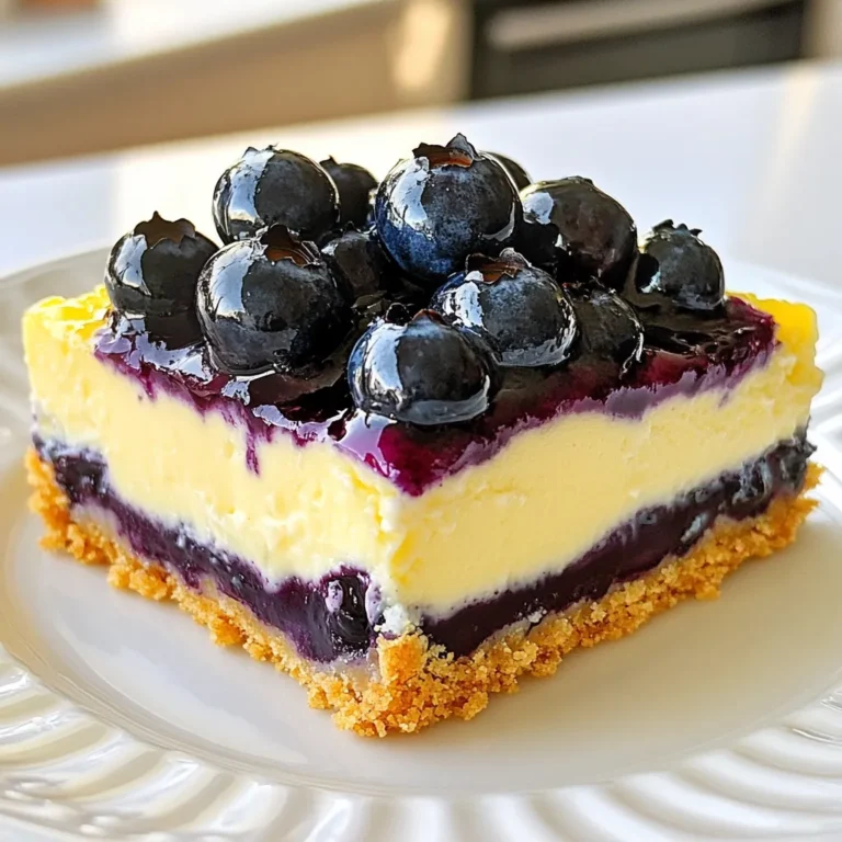 - 1 cup graham cracker crumbs - 1/4 cup granulated sugar - 1/2 cup unsalted butter, melted - 16 oz cream cheese, softened - 1 cup granulated sugar - 2 large eggs - 1 teaspoon vanilla extract - Zest of 1 lemon - 1/4 cup fresh lemon juice - 1 cup fresh blueberries - 1 cup fresh blueberries - 1 tablespoon sugar - 1 tablespoon lemon juice - 1 teaspoon cornstarch Making these blueberry lemon cheesecake bars starts with gathering your ingredients. You want to have everything ready to go. For the crust, you will need graham cracker crumbs, sugar, and melted butter. These three items create a tasty base. Combine them well, so the crumbs soak up the butter and sugar. For the filling, cream cheese is key. You will also need more sugar, eggs, vanilla extract, lemon zest, lemon juice, and fresh blueberries. This filling is rich and creamy. The lemon adds a bright taste. Finally, for the topping, you will need more fresh blueberries, sugar, lemon juice, and cornstarch. These ingredients will create a sweet and shiny layer for your bars. When you have all your ingredients, you can start making this delightful treat. It is fresh and flavorful, perfect for any occasion. {{ingredient_image_1}} - Preheat the oven to 350°F (175°C). - In a bowl, mix 1 cup of graham cracker crumbs, 1/4 cup of sugar, and 1/2 cup of melted butter. - Press this mixture into the bottom of a greased 8x8 inch baking dish. Bake for 10 minutes, then set aside to cool. - In a clean bowl, beat 16 oz of softened cream cheese with 1 cup of sugar until smooth. - Add 2 large eggs one at a time, mixing well after each. Stir in 1 teaspoon of vanilla extract, the zest of 1 lemon, and 1/4 cup of fresh lemon juice. - Gently fold in 1 cup of fresh blueberries, being careful not to break them. - Pour the cheesecake filling over the cooled crust. Bake for 25-30 minutes until the center is no longer jiggly. - As the cheesecake bakes, prepare the topping. In a saucepan, combine 1 cup of fresh blueberries, 1 tablespoon of sugar, 1 tablespoon of lemon juice, and 1 teaspoon of cornstarch over medium heat. Cook until bubbly and thickened, about 5 minutes. Remove from heat and let cool. - Use fresh graham cracker crumbs for best flavor. Fresh crumbs give a rich taste. - Let the crust cool before adding filling for a better texture. Cooling stops the crust from getting soggy. - Beat cream cheese until fully softened to avoid lumps. Soft cream cheese blends easily for smooth filling. - Don't overmix the cheesecake batter once eggs are added. Mix just enough to combine, keeping it fluffy. - Add additional lemon zest for more citrus flavor. Extra zest brightens the taste and aroma. - Substitute other berries for a mixed berry topping. Raspberries or strawberries can add new, fun flavors. Pro Tips Use Room Temperature Ingredients: Allow your cream cheese and eggs to come to room temperature before mixing. This ensures a smoother batter and helps prevent lumps in your cheesecake filling. Don’t Overmix the Filling: When adding the eggs and folding in the blueberries, mix just until combined. Overmixing can incorporate too much air, leading to cracks in your cheesecake as it cools. Chill Thoroughly: For the best texture and flavor, allow the cheesecake bars to chill for at least 3 hours in the refrigerator. Overnight is even better for a firmer set. Fresh Blueberries Are Best: Use fresh blueberries for both the filling and topping. They provide the best flavor and texture, but if you must use frozen, ensure they are thawed and drained well to avoid excess moisture. {{image_2}} You can make these bars even more fun by using different fruits. Raspberries or blackberries work great instead of blueberries. They bring a new taste and color. If you want to impress, add lemon slices on top. They look pretty and add extra zing! If you need a gluten-free treat, it’s simple! Just swap graham cracker crumbs for gluten-free ones. There are many tasty options in stores now. This way, everyone can enjoy the bars without worry. Want to shake things up? Mix in a teaspoon of almond extract. It gives a nice twist to the flavor! You can also swirl in fresh fruit puree before baking. This adds a delicious layer of taste and makes your bars even prettier. To keep your blueberry lemon cheesecake bars fresh, store them in an airtight container. They will stay good for up to 5 days in the fridge. If you're not serving the bars right away, it's best to keep the topping separate. This way, the bars stay nice and fresh. You can freeze these cheesecake bars for longer storage. Just make sure to freeze them uncut. When you're ready to enjoy them, thaw the bars in the fridge. This helps keep their texture smooth and creamy. These cheesecake bars taste best when served chilled or at room temperature. Avoid reheating them, as heat can change their texture. Enjoy them as is for a delightful treat! The recommended chilling time is at least 3 hours. This time lets the bars set properly. It also allows the flavors to blend well. You can chill them overnight for the best taste. Yes, mascarpone can be used as an alternative. It offers a rich and creamy taste. This swap can change the texture slightly. Mascarpone gives a lighter feel while still being delicious. You can pair these bars with whipped cream or a scoop of vanilla ice cream. Both options add creaminess. They also provide a nice contrast to the tart lemon flavor. Fresh berries can also complement the dish well. Yes, if you use gluten-free graham cracker crumbs. Many brands offer gluten-free options now. Just check the labels to be sure. This makes it easy to enjoy this treat while being mindful of dietary needs. This blog post covered the delightful journey of making blueberry lemon cheesecake bars. We explored the key ingredients, from the buttery crust to the creamy filling and fresh topping. Remember, you can customize this recipe by adding different fruits or going gluten-free. The tips shared will help you achieve the perfect texture and taste. Enjoy these bars as a sweet treat or a fun dessert for any gathering. Baking is simple, and I'm sure you’ll impress everyone with your skills.
