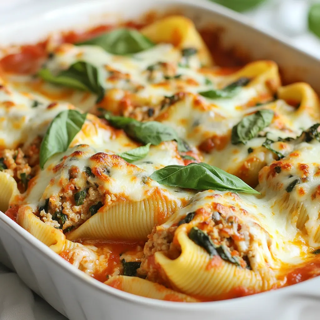 - 20 jumbo pasta shells - 1 pound ground turkey - 2 cups fresh spinach, chopped - 1 cup ricotta cheese - 1 cup shredded mozzarella cheese, divided - 1/2 cup grated Parmesan cheese - 1 egg, beaten - 1 teaspoon dried oregano - 1 teaspoon salt - 1/2 teaspoon black pepper - 2 cups marinara sauce - 1 tablespoon olive oil - 2 cloves garlic, minced To create your Turkey Spinach Stuffed Shells, you need some key ingredients. First, get 20 jumbo pasta shells. They will hold all the tasty filling. Next, pick up 1 pound of ground turkey. This adds protein and flavor to your dish. Fresh spinach is a must; use 2 cups of chopped spinach for color and nutrition. Now, for the cheesy goodness. You need 1 cup of ricotta cheese, which gives a creamy texture. Also, grab 1 cup of shredded mozzarella cheese. You’ll use half for the filling and half for topping. Add 1/2 cup of grated Parmesan cheese for a salty kick. Don’t forget an egg to help bind the filling. For seasoning, you’ll need 1 teaspoon of dried oregano, 1 teaspoon of salt, and 1/2 teaspoon of black pepper. This blend enhances every bite. For the sauce and extras, have 2 cups of marinara sauce ready to cover the shells. A tablespoon of olive oil helps sauté the garlic. You’ll need 2 cloves of minced garlic to add depth to the turkey filling. With these ingredients, you’ll create a hearty and flavorful meal that everyone will love. {{ingredient_image_1}} - Start by cooking 20 jumbo pasta shells in a large pot. - Boil them in salted water for about 8-10 minutes. - Check for al dente texture, then drain and set aside. - In a large skillet, heat 1 tablespoon of olive oil over medium heat. - Add 2 cloves of minced garlic and 1 pound of ground turkey. - Cook until the turkey is browned, which takes about 5-7 minutes. - Stir in 2 cups of chopped fresh spinach and cook until it wilts. - Once done, remove the skillet from heat and let it cool slightly. - In a mixing bowl, combine the cooked turkey mixture with 1 cup of ricotta cheese, 1/2 cup of mozzarella cheese, 1/2 cup of grated Parmesan cheese, 1 beaten egg, 1 teaspoon of dried oregano, 1 teaspoon of salt, and 1/2 teaspoon of black pepper. - Mix until well combined. - Pour 1 cup of marinara sauce into the bottom of a 9x13 inch baking dish. - Carefully stuff each cooked pasta shell with the turkey and cheese mixture, then place them in the baking dish over the marinara sauce. - After stuffing all the shells, pour the remaining marinara sauce on top and sprinkle with the rest of the mozzarella cheese. - Cover the dish with aluminum foil and bake in a preheated oven at 375°F (190°C) for 25 minutes. - Remove the foil and bake for another 10-15 minutes until the cheese is bubbly and golden. - Once done, let it cool for a few minutes before serving. To keep your pasta shells from sticking, cook them in a large pot of boiling salted water. Stir them gently while they cook. This helps them stay separate. Drain the shells carefully, and add a drizzle of olive oil to keep them from sticking together. Cooking turkey to the right doneness is key. Use a meat thermometer to check the internal temperature. It should reach 165°F (74°C). This ensures the turkey is safe to eat and juicy. Stuffed shells pair well with garlic bread and a simple side salad. A crispy green salad adds freshness. You could also serve them with steamed veggies for extra color and nutrients. For presentation, garnish with fresh basil or parsley. This adds a nice pop of color. You can also sprinkle some extra cheese on top before serving for a cheesy finish. One common mistake is overcooking the pasta shells. They should be al dente, or firm to the bite. If you overcook them, they can break apart when you stuff them. Another mistake is skipping seasoning steps. Each ingredient adds flavor. Don’t forget the salt, pepper, and herbs. They bring out the best in your dish. Pro Tips Use Fresh Ingredients: Fresh spinach and high-quality cheeses will enhance the flavor of your stuffed shells, making them more delicious. Prep Ahead: You can prepare the stuffing and stuff the shells a day in advance, storing them in the fridge until ready to bake. Experiment with Spices: Feel free to add your favorite herbs or spices, such as red pepper flakes for a spicy kick or Italian seasoning for extra flavor. Don’t Overcook the Pasta: Cook the pasta shells just until al dente; they will continue to cook in the oven, preventing them from becoming mushy. {{image_2}} You can make Turkey Spinach Stuffed Shells vegetarian by using plant-based protein. Options like lentils or crumbled tofu work great. You can also boost the veggie content. Add mushrooms, bell peppers, or zucchini to the filling. This not only adds flavor but also packs in more nutrients. Experiment with different cheeses for your stuffed shells. Try using goat cheese or feta for a tangy twist. For a creamier texture, you might like to mix in some cream cheese. If you prefer vegan options, look for plant-based cheese that melts well. Vegan ricotta is a great choice for a lighter filling. To add some heat, sprinkle in some red pepper flakes or cayenne pepper. A little goes a long way! You can also mix in fresh herbs like basil or thyme. These herbs enhance the flavor and give your dish a fresh taste. Don't be afraid to play around with spices to find your perfect flavor. To store leftovers, let the turkey spinach stuffed shells cool completely. Place them in an airtight container. This keeps them fresh for up to three days. You can layer the shells with parchment paper if you need to stack them. This prevents sticking. I recommend using glass or BPA-free plastic containers. They keep your food safe and make reheating easier. Plus, they are better for the environment. Yes, you can freeze stuffed shells! They freeze well and taste great after reheating. First, let the dish cool completely. Then, place the stuffed shells in a single layer on a baking sheet. Freeze them for about one hour. This helps them hold their shape. After that, transfer the shells to a freezer-safe container. Use freezer bags or airtight containers. Squeeze out excess air to prevent freezer burn. They can last up to three months in the freezer. For safe reheating, use your oven or microwave. If using an oven, preheat it to 350°F (175°C). Place the shells in a baking dish and cover with foil. Bake for about 20-25 minutes until heated through. This keeps the cheese from burning. If using a microwave, place a few shells on a plate. Cover them with a damp paper towel to keep moisture. Heat in short bursts of 1-2 minutes, checking often. To maintain flavor and texture, avoid overcooking. Enjoy your delicious meal! This dish takes about 20 minutes to prepare. Cooking the shells adds another 25-30 minutes in the oven. In total, you’ll spend about 55 minutes from start to finish. Here’s a quick breakdown: - Prep Time: 20 minutes - Cooking Time: 25-30 minutes - Total Time: 55 minutes Yes, you can prepare these stuffed shells ahead of time. You can make the filling and stuff the shells, then cover and store them in the fridge for up to a day. This way, dinner is a breeze! Just bake them when you are ready to eat. If you freeze them, bake them from frozen, adding a bit more time to cook. If you want to swap out ground turkey, consider these options: - Ground chicken: A lean alternative that works well. - Ground beef: Offers a richer flavor but has more fat. - Plant-based meat: Great for a vegetarian option. - Lentils or mushrooms: Perfect for a hearty, meatless filling. These swaps let you adjust the dish to fit your needs. In this post, we explored how to make delicious turkey spinach stuffed shells. We covered the main ingredients like jumbo pasta, turkey, and fresh spinach. You learned each step from cooking the pasta to assembling the dish. We also shared useful tips to avoid mistakes and variations to try. Remember, the right herbs and cheeses can make your dish shine. Whether you want to freeze leftovers or serve it fresh, you'll enjoy this meal any time. Embrace these ideas and make your cooking fun and flavorful!