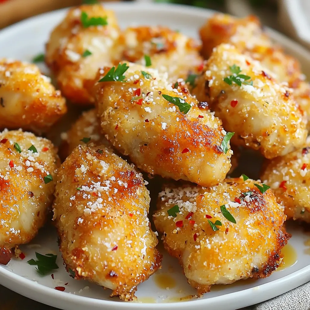 - 1 lb boneless, skinless chicken breasts, cut into bite-sized pieces - 1/4 cup all-purpose flour - 1/2 cup grated Parmesan cheese - 1 teaspoon garlic powder - 1 teaspoon paprika - 1/2 teaspoon cayenne pepper (adjust to taste) - 1/2 teaspoon salt - 1/4 teaspoon black pepper - 2 large eggs - 1 tablespoon olive oil - 2 tablespoons unsalted butter, melted - Fresh parsley, chopped (for garnish) - Optional: Red pepper flakes for extra heat The main star here is the chicken. You need one pound of boneless, skinless chicken breasts. Cut them into bite-sized pieces. This makes them easy to cook and eat. Next, we have our coating ingredients. You will need 1/4 cup of all-purpose flour. This helps create a nice crisp on the chicken. The flour needs flavor, so we add garlic powder, paprika, cayenne pepper, salt, and black pepper. For our seasoning blends, you will want 1/2 cup of grated Parmesan cheese. This cheese adds a rich, nutty taste. The cayenne pepper gives a spicy kick, so adjust it to your liking. Lastly, don’t forget the garnishing options. Fresh parsley adds color and freshness. If you want more heat, sprinkle red pepper flakes on top. These ingredients come together to create a dish that is flavorful and fun to eat. {{ingredient_image_1}} Start by mixing the flour with the spices. In a bowl, add 1/4 cup of all-purpose flour. Then, add 1 teaspoon of garlic powder, 1 teaspoon of paprika, 1/2 teaspoon of cayenne pepper, 1/2 teaspoon of salt, and 1/4 teaspoon of black pepper. Stir until you blend the dry mix well. Next, beat the eggs in a separate bowl. You need 2 large eggs for this step. Whisk them until they are smooth and mixed. This will help the coating stick to the chicken. Now, you are ready to coat the chicken. Take each bite-sized piece of chicken and dip it in the beaten eggs first. Make sure it is fully covered. Then, roll the chicken in the seasoned flour mix. This step gives the chicken a tasty crust. Place the coated chicken bites on a clean plate. While you coat the chicken, preheat your oven to 400°F (200°C). Line a baking sheet with parchment paper. This will help with easy cleanup later. In a large bowl, combine 2 tablespoons of melted unsalted butter and 1 tablespoon of olive oil. Mix them well. Now, toss the coated chicken bites in this mixture. Make sure they are evenly coated for great flavor. Spread the chicken pieces in a single layer on the prepared baking sheet. Next, sprinkle 1/2 cup of grated Parmesan cheese generously over the chicken. This will add a rich, cheesy flavor. Bake the chicken in the preheated oven for 15-20 minutes. Flip the bites halfway through cooking. You want them golden brown and fully cooked. Once done, take them out of the oven and let them cool for a minute. If you like, garnish with chopped parsley and add red pepper flakes for extra heat. Enjoy your spicy garlic Parmesan chicken bites! For perfect Spicy Garlic Parmesan Chicken Bites, preheat your oven to 400°F (200°C). This high heat cooks the chicken quickly and gives it a nice golden color. To ensure even baking, spread the chicken bites in a single layer on the baking sheet. This way, they don’t steam each other and get crispy all around. Flipping them halfway through is also key; it helps them brown evenly on both sides. These chicken bites pair well with creamy ranch or zesty blue cheese dip. Serve them with fresh veggies for a crunch. For a fun twist, you can also place them on a bed of mixed greens or in a wrap. To make your dish look appealing, add a sprinkle of chopped parsley over the top. You can even arrange the bites on a nice platter for a party or game day. If you want to control the heat, simply adjust the amount of cayenne pepper. You can leave it out for a milder flavor or add more if you love spice. For different tastes, try mixing in some Italian herbs or even a squeeze of lemon for brightness. Alternative seasonings like smoked paprika or garlic salt can also change the flavor profile while keeping it delicious. Pro Tips Coat Well: Ensure each piece of chicken is thoroughly coated in the flour mixture for a crispier texture. Adjust the Heat: Modify the amount of cayenne pepper based on your spice tolerance—start with less if you're unsure! Use Fresh Parmesan: For the best flavor, opt for freshly grated Parmesan cheese instead of pre-packaged. Check for Doneness: Use a meat thermometer to ensure the internal temperature of the chicken reaches 165°F (75°C) for safe consumption. {{image_2}} You can switch up the main protein in this dish. If you want a lighter option, try using shrimp instead of chicken. Shrimp cooks quickly and absorbs flavors well. For a plant-based choice, tofu works great too. Press the tofu to remove water, then cut it into bite-sized pieces. If you need a gluten-free option, swap all-purpose flour for a gluten-free blend. Almond flour or chickpea flour can also add unique flavors and textures. Make sure to check labels for gluten-free certification if you buy pre-made flour. You can get creative with the cheeses. Try mixing in some cheddar or mozzarella for a different taste. Each cheese brings its own flavor profile. You could even use feta for a tangy kick. Adding fresh herbs can enhance the flavor too. Consider parsley, basil, or oregano. Just chop them finely and mix them into your flour blend. For a bolder flair, try different spices. A dash of cumin or curry powder can add warmth. You could also use smoked paprika instead of regular for a deeper flavor. Just remember, small changes can lead to big taste differences. After you enjoy your Spicy Garlic Parmesan Chicken Bites, store any leftovers properly. Use an airtight container to keep them fresh. Place the bites in the fridge within two hours of cooking. This helps to prevent any bacteria growth. They will last about 3 to 4 days in the fridge. Always check for any off smells before eating leftovers, just to be safe. When it’s time to eat the leftovers, reheating them right is key. The best method is to use the oven. Preheat the oven to 350°F (175°C). Place the chicken bites on a baking sheet and reheat for about 10 to 15 minutes. This keeps them crispy and warm. If you use the microwave, the bites may get soggy. If you must use it, heat them in short bursts. Check every 30 seconds until they are warm. But remember, the oven is the best way to keep the crunch. Can I make these chicken bites ahead of time? Yes, you can make these chicken bites ahead of time. Prepare the bites as directed, but do not bake them. You can store them in the fridge for up to 24 hours. When you are ready to cook, just bake them straight from the fridge. This keeps them fresh and tasty. What can I use instead of Parmesan cheese? If you need a substitute for Parmesan cheese, try using Pecorino Romano or Grana Padano. Both provide a similar flavor and texture. You can also use nutritional yeast for a dairy-free option. This gives a cheesy taste without using cheese. What’s the serving size? This recipe makes about four servings. Each serving includes a generous amount of chicken bites. If you are serving as an appetizer, you might get more servings depending on your guests. How many calories are in each serving? Each serving has around 300 calories. This can vary based on the brand of ingredients you use. For a healthier option, consider using less butter or oil. Can I fry these chicken bites instead of baking? Yes, you can fry these chicken bites! Heat oil in a pan over medium-high heat. Fry the bites in batches for about 3-4 minutes on each side. This method gives them a crispy texture. Just be sure to drain them on paper towels afterward. How to make Spicy Garlic Parmesan Chicken Bites in an air fryer? To make these bites in an air fryer, preheat the air fryer to 400°F (200°C). Arrange the chicken bites in a single layer, leaving space between each piece. Cook for about 10-12 minutes, flipping halfway through. This method makes them crispy and delicious! In this blog post, we explored how to prepare delicious chicken bites. We discussed ingredients like chicken and various coatings, plus seasoning and garnishing options. Step-by-step, you learned how to prepare, coat, and bake the bites. We shared cooking tips, serving suggestions, and flavor variations to keep things interesting. Lastly, we covered storage and reheating methods for leftovers. With these insights, you can create mouthwatering chicken bites your family will love. Enjoy cooking and experimenting with flavors!
