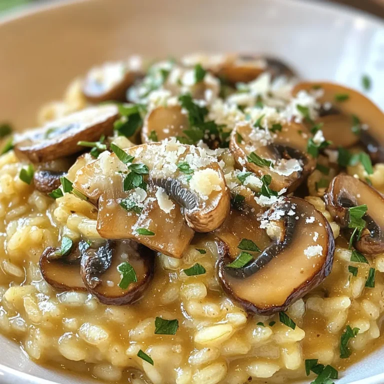 To make Garlic Butter Mushroom Risotto, you need a few key ingredients. Each one plays a special role in creating that rich, creamy flavor. - 1 cup Arborio rice - 4 cups vegetable broth - 2 tablespoons unsalted butter - 4 cloves garlic, minced - 1 medium onion, finely chopped - 1 cup fresh mushrooms, sliced (such as cremini or button) - 1/2 cup grated Parmesan cheese - 1 tablespoon olive oil - 1/4 teaspoon black pepper - Salt to taste - Fresh parsley, chopped (for garnish) Arborio rice is crucial. It has a high starch content, which makes the risotto creamy. You will also need vegetable broth to flavor the rice. Unsalted butter adds richness, while garlic and onion give depth. Fresh mushrooms bring a lovely earthiness. Parmesan cheese adds a salty, nutty taste. Olive oil helps with sautéing, and black pepper gives a little kick. Lastly, fresh parsley brightens the dish and makes it look nice. Gather these ingredients, and you're ready to start cooking! Each piece works together to make your risotto warm and comforting. {{ingredient_image_1}} First, you need to heat the vegetable broth. Pour 4 cups of broth into a saucepan. Heat it over low heat. This keeps the broth warm while you cook. Warm broth helps the rice cook evenly. Next, grab a large skillet. Heat 1 tablespoon of olive oil and 1 tablespoon of unsalted butter over medium heat. Once hot, add the finely chopped onion. Sauté for 2-3 minutes. You want the onion to soften. Then, add 4 cloves of minced garlic. Stir it in and let it cook for 30 seconds. Now, it's time for the mushrooms! Add 1 cup of sliced fresh mushrooms. Cook them for 4-5 minutes. They should become browned and tender. Make sure the liquid from the mushrooms evaporates. Now, it's time to add the star of the dish: Arborio rice. Add 1 cup of Arborio rice to the skillet. Stir it for 1-2 minutes. You want the rice to be coated and slightly translucent. Next, begin adding the warm vegetable broth. Use a ladle to add one ladleful at a time. Stir the rice while it absorbs the broth. Wait until most of the broth is gone before adding more. Continue this for about 18-20 minutes. You want the rice to be creamy and al dente. Once the rice is cooked, take the skillet off the heat. Stir in the remaining 1 tablespoon of butter and 1/2 cup of grated Parmesan cheese. Add black pepper and salt to taste. Mix until everything is creamy and well combined. Serve your risotto hot and enjoy the rich flavors! To get the best texture, focus on cooking time and consistency. Cook the Arborio rice for about 18 to 20 minutes. You want it creamy but firm. The rice should be al dente, meaning it has a slight bite to it. Stirring is key! Use a wooden spoon and stir gently. This helps release the starch and makes the risotto creamy. You can add herbs or spices to elevate the taste. Fresh thyme or rosemary pairs well with mushrooms. You can also try a pinch of nutmeg for warmth. If you want to change the broth, vegetable broth works great. You can also use chicken broth for a richer flavor. Just remember to taste as you go, adjusting salt as needed. Presentation matters! Serve the risotto in shallow bowls. Top with extra Parmesan and a few sautéed mushroom slices. This adds a nice touch. Pair your risotto with a crisp salad or roasted veggies. A glass of white wine can also enhance the meal. Enjoy your comforting dinner delight! Pro Tips Use Fresh Ingredients: Fresh mushrooms and homemade or high-quality vegetable broth will elevate the flavor of your risotto significantly. Stir Constantly: Regular stirring helps release the starches from the Arborio rice, leading to that creamy texture characteristic of good risotto. Add Broth Gradually: Adding the broth one ladle at a time allows the rice to absorb the liquid fully, ensuring even cooking and perfect consistency. Finish with Cream: For an even richer risotto, consider adding a splash of cream along with the butter and Parmesan at the end. {{image_2}} You can change the flavor of your risotto by using different mushrooms. Try shiitake, portobello, or oyster mushrooms for unique tastes. Each type adds its own character. You can also go dairy-free. Use plant-based butter and skip the Parmesan. Nutritional yeast can add a cheesy flavor without dairy. To make your risotto heartier, you can add proteins. Chicken or shrimp works well. Cook them separately and stir them in before serving. For a vegetarian option, consider adding chickpeas or lentils. They add protein and texture while keeping it meat-free. For extra flavor, add a splash of white wine when cooking the mushrooms. It adds depth to the dish. You can also incorporate seasonal veggies like peas or asparagus. Just add them in the last few minutes of cooking. They will stay bright and fresh. Store leftover risotto in the fridge. Use an airtight container to keep it fresh. This helps avoid moisture loss and keeps the flavors intact. Make sure to cool the risotto to room temperature before sealing it away. It can last in the fridge for about three days. When reheating, aim for a creamy texture. Add a splash of vegetable broth or water to the risotto. This prevents it from becoming dry. Heat it gently on the stove over low to medium heat. Stir often to help it warm evenly. It usually takes about 5 to 10 minutes to reheat. You can freeze risotto in portions for later use. First, let it cool completely. Then, place it in freezer-safe bags or containers. Remove as much air as possible to avoid freezer burn. When you're ready to enjoy it, thaw it overnight in the fridge. Reheat it on the stove, adding a bit of broth for creaminess. Making Garlic Butter Mushroom Risotto takes about 30 minutes. You need 10 minutes for prep and 20 minutes for cooking. Keep your broth warm while you cook to help the rice absorb it better. Yes, you can make risotto ahead of time. Store it in a sealed container in the fridge for up to three days. When reheating, add a little broth to restore its creamy texture. Heat it gently on the stove until warm. The creaminess of risotto comes from Arborio rice. This rice has a high starch content that helps create a rich texture. Stirring the rice while adding broth helps release more starch. This technique is key to getting that perfect creaminess. This blog post covered making Garlic Butter Mushroom Risotto. We explored key ingredients, step-by-step instructions, and tips for the perfect texture. You learned how to enhance flavor with herbs and the best ways to store leftovers. With easy variations and cooking guidelines, you can enjoy this dish any way you like. Try different mushrooms and proteins to make it your own. Risotto is not just a meal; it’s a chance to impress. Enjoy cooking, and share it with your loved ones!