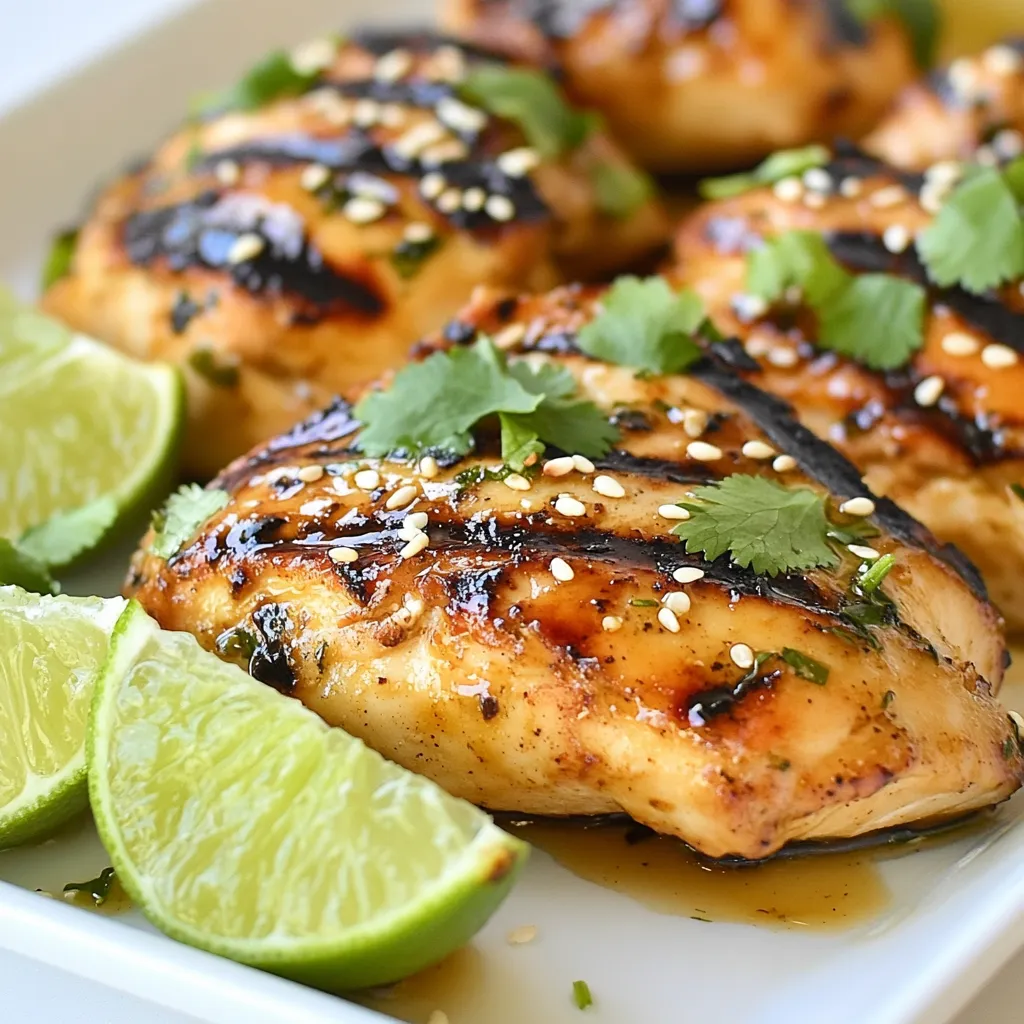 To make tasty sesame lime grilled chicken, gather these main ingredients: - 4 boneless, skinless chicken breasts - 3 tablespoons sesame oil - 3 tablespoons soy sauce (or tamari for gluten-free) - 2 tablespoons honey - 2 tablespoons fresh lime juice - 2 cloves garlic, minced - 1 teaspoon fresh ginger, grated - 2 tablespoons sesame seeds These items blend well to create a flavorful marinade and juicy chicken. You can add some optional ingredients to make this dish even better: - 1 teaspoon crushed red pepper flakes (for heat) - Fresh cilantro (for garnish) - Lime wedges (for serving) These extras give your dish a fresh taste and make it look nice! Let’s break down the nutrition for each main ingredient. This helps you know what’s in your meal: - Chicken breasts: High in protein and low in fat. Great for muscle health. - Sesame oil: Contains healthy fats and adds a nutty flavor. - Soy sauce: Provides umami and a bit of sodium. - Honey: Adds sweetness and natural energy. - Lime juice: Rich in vitamin C and aids digestion. - Garlic and ginger: Both boost flavor and have health benefits. - Sesame seeds: Good source of calcium and healthy fats. This dish is not only tasty but also packs a punch of nutrition! {{ingredient_image_1}} Start by making the marinade. In a medium bowl, whisk together the sesame oil, soy sauce, honey, lime juice, minced garlic, grated ginger, and crushed red pepper flakes. Mix well until it’s all combined. This marinade gives the chicken a rich flavor. Next, place the chicken breasts in a large resealable bag or a shallow dish. Pour the marinade over the chicken. Make sure each piece is well coated. Seal the bag tightly or cover the dish. Refrigerate for at least 1 hour. For best results, marinate for 4 hours. This step helps the chicken absorb all the delicious flavors. Preheat your grill to medium-high heat. Once hot, take the chicken out of the marinade. Let any excess marinade drip off, then discard the marinade. Place the chicken on the grill. Grill each side for about 6-7 minutes. Make sure the internal temperature hits 165°F (75°C). You want nice grill marks on each piece. In the last minute of grilling, sprinkle sesame seeds over the chicken. Close the grill lid to slightly toast the seeds. - Resting and Slicing After cooking, remove the chicken from the grill. Let it rest for 5 minutes. This allows the juices to settle. After resting, slice the chicken into strips. Garnish with fresh cilantro and serve with lime wedges. This adds a bright touch to each bite. To get those perfect grill marks, preheat your grill well. Aim for medium-high heat. Before grilling, pat the chicken dry with a paper towel. This helps it sear better. Place the chicken on the grill at a 45-degree angle. After a few minutes, rotate it to get that classic crosshatch pattern. Flip the chicken only once to keep the grill marks sharp. To keep your chicken juicy, use a meat thermometer. Cook the chicken until it reaches 165°F (75°C). This is the safe point for chicken. Let the chicken rest for five minutes after grilling. This will help the juices redistribute. If you overcook it, the chicken can become dry. Check the chicken early to avoid this. Sesame lime grilled chicken pairs well with many sides. Serve it with a fresh salad or grilled veggies. Rice or quinoa also complement this dish nicely. For a tangy twist, add lime wedges on the side. You can garnish with fresh cilantro for extra flavor. For a fun option, serve it as wraps with crunchy veggies. Pro Tips Marinate Longer for Flavor: For the best flavor, marinate the chicken for at least 4 hours or overnight. This allows the flavors to penetrate the meat deeply. Ensure Perfect Grill Marks: To achieve those beautiful grill marks, avoid moving the chicken too much while grilling. Let it sear for the recommended time before flipping. Rest Before Slicing: After grilling, let the chicken rest for at least 5 minutes. This helps the juices redistribute, keeping the chicken moist. Customize Your Heat Level: If you prefer less heat, reduce or omit the crushed red pepper flakes. Conversely, add more for an extra kick! {{image_2}} To make this dish gluten-free, use tamari instead of soy sauce. Tamari offers a similar flavor without gluten. All other ingredients in the recipe are naturally gluten-free. This way, everyone can enjoy the savory taste. You can swap chicken for tofu or fish. For tofu, use firm or extra-firm varieties. Cut it into cubes and marinate just like the chicken. For fish, choose salmon or tilapia. Fish cooks faster, so watch it closely on the grill. Both options soak up the marinade well. Grilling vegetables adds color and flavor. Try bell peppers, zucchini, or corn on the cob. Cut them into even pieces to grill evenly. Toss the veggies in the same marinade. This adds a tangy taste that pairs nicely with the chicken. Grilled veggies also make a great side dish. To store leftover sesame lime grilled chicken, let it cool first. Place the chicken in an airtight container. Make sure you seal it well. Store it in the fridge for up to 3 days. If you want to keep it longer, freezing is a good option. When you are ready to eat your leftovers, take the chicken out of the fridge. For best results, reheat the chicken in the oven. Preheat the oven to 350°F (175°C). Place the chicken on a baking sheet and cover it with foil. Heat for about 15-20 minutes or until warm. You can also use the microwave. Just warm it in short bursts, checking often, so it stays juicy. To freeze your sesame lime grilled chicken, wrap each piece tightly in plastic wrap. Then, place them in a freezer-safe bag or container. Label the bag with the date. The chicken can stay in the freezer for up to 3 months. When you are ready to use it, thaw it in the fridge overnight. Avoid thawing at room temperature to keep it safe. You should marinate the chicken for at least 1 hour. However, for the best flavor, let it sit for 4 hours. The longer you marinate, the more the chicken absorbs the tasty sesame and lime flavors. This step is key to having juicy and flavorful chicken. Yes, you can use chicken thighs. Thighs are juicier and have a richer taste. They also stay tender when grilled. Just adjust the cooking time as thighs may take a few more minutes to cook. Aim for an internal temp of 165°F (75°C) for safety. Many sides pair nicely with this dish. Here are a few options: - Steamed rice - Quinoa salad - Grilled vegetables - Cucumber salad - Fresh fruit salad These sides balance the dish’s flavors. They add color and texture, making your meal more enjoyable. This blog shared how to make Sesame Lime Grilled Chicken, step by step. You learned about important ingredients, like fresh lime and sesame oil. I also offered tips to get perfect grill marks and avoid overcooking. Variations, like gluten-free options and extra veggies, give you more choices. Lastly, I covered how to store leftovers. Enjoy trying this recipe and make it your own! Simple changes can lead to amazing meals. Happy grilling!