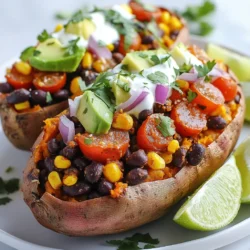 - 2 large sweet potatoes - 1 cup cooked black beans - 1 cup corn - 1 teaspoon chili powder - 1 teaspoon cumin - ½ teaspoon smoked paprika - ½ teaspoon garlic powder - Salt and pepper to taste - 1 cup cherry tomatoes, halved - ½ cup red onion, diced - 1 avocado, diced - ½ cup plain Greek yogurt or sour cream - Fresh cilantro, for garnish - Lime wedges, for serving Taco stuffed sweet potatoes are a tasty meal. They blend sweet and savory flavors. First, you need sweet potatoes. They are the base of this dish. They add a natural sweetness. Next, black beans pack protein and fiber. They also add a nice texture. Corn brings a sweet crunch. It complements the beans well. The spices—chili powder, cumin, smoked paprika, and garlic powder—give the filling a kick. They create that taco flavor we love. You can adjust the spice levels to fit your taste. Fresh toppings are key to this dish. Cherry tomatoes add a burst of flavor. Diced red onion adds a crunch. Avocado brings creaminess, making each bite rich. Lastly, Greek yogurt or sour cream adds smoothness. It cools the spices and ties everything together. Fresh cilantro on top gives a bright finish. Don't forget lime wedges! They add a zesty punch when squeezed over the dish. {{ingredient_image_1}} 1. First, preheat your oven to 400°F (200°C). This helps cook the sweet potatoes evenly. 2. Wash the sweet potatoes well to remove any dirt. 3. Use a fork to poke several holes in each sweet potato. This step is key! It lets steam escape while baking. 4. Place the sweet potatoes on a baking sheet. Bake them for about 45-50 minutes. They should be soft when you poke them with a fork. 1. While the sweet potatoes bake, let’s make the taco filling. 2. In a medium skillet, mix together 1 cup of black beans, 1 cup of corn, and spices: 1 teaspoon of chili powder, 1 teaspoon of cumin, ½ teaspoon of smoked paprika, and ½ teaspoon of garlic powder. 3. Add salt and pepper to taste. 4. Cook this mixture over medium heat for 5-7 minutes. Stir it occasionally until it heats through. This step brings out the flavors. 1. After the sweet potatoes are done, take them out and let them cool slightly. 2. Carefully slice each potato open lengthwise. Be careful not to cut all the way through. 3. Use a fork to mash the insides gently. This creates space for the taco filling. 4. Now, fill each sweet potato generously with the taco mixture. 5. Top with halved cherry tomatoes, diced red onion, and diced avocado for freshness. 6. Finally, drizzle with Greek yogurt or sour cream. This adds creaminess. 7. Garnish with fresh cilantro. Serve with lime wedges for that zesty touch. To make great taco stuffed sweet potatoes, start with the right texture. Bake them until they are soft. Poke holes in them before baking. This lets steam escape and helps them cook evenly. When you mash the insides, it creates a great base for the filling. For the filling, you can change it up! Try adding ground turkey or tofu for variety. You can also mix in some diced bell peppers or zucchini for more veggies. If you like heat, add some diced jalapeños, too. The spices like chili powder and cumin bring flavor, so don’t skip them! When serving, think about toppings. Cherry tomatoes add sweetness, while red onion offers a nice crunch. Diced avocado gives a creamy touch. Greek yogurt or sour cream adds richness, so drizzle it on top. Fresh cilantro brightens everything up, and lime wedges give a burst of zest. For sides, consider a simple salad or tortilla chips. They pair well with the sweet potatoes. A fresh corn salad also works great, adding more texture and flavor to your meal. Enjoy your taco stuffed sweet potatoes! Pro Tips Choose the Right Sweet Potatoes: Opt for firm and smooth-skinned sweet potatoes for the best results. Avoid any with blemishes or soft spots. Customize Your Fillings: Feel free to add or substitute ingredients in the taco filling, such as bell peppers, ground turkey, or cheese for a different flavor profile. Perfectly Bake Your Sweet Potatoes: For evenly cooked sweet potatoes, choose ones that are similar in size and rotate them halfway through baking. Add Extra Flavor: Enhance the taste by incorporating fresh lime juice into the filling or on top of the finished dish for a zesty kick. {{image_2}} You can change the protein in your taco filling. Ground beef or ground turkey works great. If you prefer plant-based options, try tofu or tempeh. Both options soak up flavors well and keep the dish hearty. For a vegetarian or vegan twist, skip the meat entirely. Use more beans or add lentils for protein. You can also add chopped bell peppers or mushrooms for extra taste and texture. These changes make the dish flexible and fun for everyone. Sweet potatoes are not just orange. You can use purple sweet potatoes for a unique look and flavor. They add a lovely color to your meal and are just as sweet. You can also change how you cook your sweet potatoes. If you are short on time, you could use an air fryer or even a microwave. The air fryer gives you a crispy skin, while the microwave cooks them quickly. Just remember to poke holes in them to let steam escape. Each method offers a different texture, so experiment and find your favorite! To keep your taco stuffed sweet potatoes fresh, you need to store them right. First, let the leftovers cool down to room temperature. Then, place them in an airtight container. You can refrigerate them for up to 3 days. If you want to keep them longer, freeze them. Wrap each potato tightly in plastic wrap, then place them in a freezer bag. In the freezer, they stay good for up to 3 months. When it's time to eat your leftovers, reheating them correctly is key. The best way to reheat is in an oven. Preheat it to 350°F (175°C). Place the sweet potatoes on a baking sheet and cover them with foil. Heat for about 20 minutes, or until warm. This method keeps the flavor intact and the sweet potatoes soft. If you want to refresh the filling and toppings, consider adding fresh ingredients. Try adding new diced avocado or a sprinkle of fresh cilantro. A squeeze of lime juice can also brighten the flavors. Enjoy your tasty meal all over again! Can I use regular potatoes instead of sweet potatoes? Yes, you can use regular potatoes. However, sweet potatoes add a nice sweetness. This pairs well with the taco flavors. Regular potatoes might taste more neutral. How can I make this recipe gluten-free? This recipe is already gluten-free as written. Just check the black beans and corn for gluten-free labels. You can enjoy this dish without worry! What can I substitute for Greek yogurt or sour cream? You can use avocado or a dairy-free yogurt. Both options give a creamy texture. They will add flavor without changing the dish too much. Caloric content and macronutrient breakdown One serving of taco stuffed sweet potatoes has about 450 calories. You get 15 grams of protein, 70 grams of carbs, and 10 grams of fat. It is a balanced meal. Health benefits of ingredients used in the recipe Sweet potatoes are high in fiber and vitamins. Black beans offer protein and iron. Corn adds healthy carbs. Tomatoes and avocado provide vitamins and healthy fats. This meal supports good health! Taco stuffed sweet potatoes blend flavor and nutrition beautifully. We covered the key ingredients, from sweet potatoes to spices. I walked you through prepping, cooking, and assembling the dish. Don't forget the tips for perfect texture and creative filling options. You can customize your meal with various proteins and sweet potato types. Store leftovers wisely, and enjoy them later without losing taste. This dish is both hearty and healthy, making it an easy favorite for anyone. Dive in and enjoy your delicious creation!