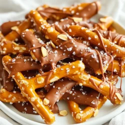 - 2 cups pretzel sticks - 1 cup semi-sweet chocolate chips - 3/4 cup caramel sauce - 1 teaspoon sea salt - 1/2 cup chopped nuts (optional) - 1 tablespoon butter (for greasing) To make salted caramel pretzel bark, you need a few simple ingredients. The pretzel sticks give a nice crunch. The semi-sweet chocolate chips add sweetness and richness. Caramel sauce brings gooeyness and flavor. Sea salt balances the sweetness with a savory bite. You can add chopped nuts for extra crunch, but this is optional. Don't forget to grease your baking sheet with butter to prevent sticking. - Instead of pretzel sticks, you can use pretzel crisps or even popcorn. - For chocolate, try dark chocolate or white chocolate if you prefer. - You can make your own caramel sauce if you want a richer flavor. Use sugar, butter, and cream for a homemade touch. These substitutions will still give you a tasty treat. Choose what you like best! {{ingredient_image_1}} 1. Preheat your oven to 350°F (175°C). This step helps make everything bake evenly. 2. Line a baking sheet with parchment paper. Lightly grease it with butter to prevent sticking. 3. Spread the pretzel sticks evenly across the lined baking sheet. Make sure they form a single layer. This helps every pretzel get the caramel and chocolate. 1. In a small saucepan, warm the caramel sauce over medium heat. Stir gently until it becomes pourable. This will help it coat the pretzels well. 2. Melt the chocolate chips in a microwave-safe bowl. Heat them in 30-second intervals. Stir after each interval until the chocolate is fully melted and smooth. 1. Drizzle the warm caramel evenly over the pretzel sticks. Make sure each one gets coated. 2. Pour the melted chocolate over the caramel-coated pretzels. Use a spatula to spread it evenly. 3. Sprinkle sea salt over the chocolate and caramel layer. If you like, add chopped nuts for a nice crunch. 4. Bake the sheet in the preheated oven for 8-10 minutes. Watch for the chocolate to look shiny and slightly melted. 5. Let it cool at room temperature. After cooling, place it in the fridge for about 30 minutes to set. 6. Break the bark into pieces. Enjoy your salted caramel pretzel bark or store it in an airtight container. To get a smooth coating, pour the warm caramel carefully. Drizzle it over the pretzel sticks. Use a spatula to spread it evenly. This helps each pretzel get its share. For the chocolate, melt it in short bursts. Stir it well after each 30 seconds. This keeps the chocolate from burning. Bake the bark for just 8-10 minutes. You want the chocolate to shine and soften. Overbaking can make it hard and dry. Serve your salted caramel pretzel bark on a nice plate. Cut it into fun shapes. You can also layer it in a jar for a sweet gift. Wrap it in clear cellophane and tie with a ribbon. It looks great and makes a perfect treat for friends. Want to kick up the taste? Add a pinch of cinnamon or nutmeg to the caramel. You can also mix in a splash of vanilla extract. For fun pairings, try adding dried fruit or coconut. Each bite will surprise your taste buds! Pro Tips Use Fresh Caramel Sauce: Make sure your caramel sauce is fresh and warm for easy drizzling. If it's too thick, heat it slightly to achieve the right consistency. Choose Quality Chocolate: The flavor of your bark depends significantly on the quality of chocolate you use. Opt for high-quality semi-sweet chocolate chips for the best taste. Customize Your Nuts: Feel free to experiment with different types of nuts. You can use walnuts, cashews, or even skip them altogether for a nut-free version. Storage Tips: Store your pretzel bark in an airtight container at room temperature. For longer shelf life, refrigerate and consume within two weeks for optimal freshness. {{image_2}} You can have fun with themed bark by changing flavors or toppings. For the holidays, add crushed peppermint to the top. This gives a fresh taste that pairs well with the sweet caramel. You can also use seasonal sprinkles to make it festive. Another option is to mix different pretzel types. Try using flavored pretzels or chocolate-covered ones. They add a new twist to the classic recipe. You can even use gluten-free pretzels if you want to make it suitable for everyone. If you need gluten-free options, look for gluten-free pretzel brands. They taste great and work well in this recipe. You won't miss the regular pretzels at all. For vegan alternatives, use dairy-free chocolate chips and a vegan caramel sauce. Many stores sell these items today. This way, everyone can enjoy the bark without worry. You can make the bark even more special by adding dried fruits. Chopped dried cherries or cranberries add a sweet and tart flavor. They also give a nice chewy texture that contrasts with the crunch of the pretzels. Using flavored chocolate chips can also boost the taste. You might try mint, dark chocolate, or even white chocolate. Each option brings its own unique taste. Feel free to experiment and find your favorite flavor combos! To keep your salted caramel pretzel bark fresh, store it in an airtight container. This helps prevent air from making it soggy. Place the container in a cool, dry spot away from direct sunlight. A pantry or cupboard works well. Avoid humid areas, as moisture can harm the bark's texture. Salted caramel pretzel bark lasts about a week at room temperature. If you want it to last longer, consider freezing it. Wrap the pieces in plastic wrap and place them in a freezer-safe bag. The bark can stay fresh for up to three months in the freezer. Just remember to let it thaw at room temperature before serving. Check for changes in texture and smell. If the bark feels soft or sticky, it's time to toss it. If you notice any off smells or visible mold, do not eat it. Always trust your senses; if it seems off, it's better to be safe. Enjoy your sweet treat while it’s fresh! Yes, you can make salted caramel pretzel bark ahead of time. I recommend storing it in an airtight container. Let it cool completely before you store it. For the best taste, keep it at room temperature. If you want to keep it longer, you can refrigerate it. It will stay fresh for about two weeks. Just remember to let it come back to room temperature before serving. To prevent chocolate from seizing, melt it gently. Use a microwave-safe bowl and heat in 30-second bursts. Stir the chocolate often between each burst. If you notice the chocolate thickening, it may have gotten too hot. You can add a small amount of vegetable oil to help smooth it out. Always use dry utensils and bowls to avoid any moisture. Yes, you can use other nuts or skip them entirely. Almonds, pecans, or walnuts work well. If you are nut-free, just leave them out. The bark will still taste great without nuts. You can also add seeds like pumpkin or sunflower seeds for crunch. You can find pre-made salted caramel pretzel bark at many stores. Look for it in candy sections or gourmet shops. Online, check sites like Amazon or specialty food stores. Some local bakeries might also sell it. Always read reviews to find the best options. This blog post covered making salted caramel pretzel bark. You learned the key ingredients and how to substitute them. I detailed step-by-step instructions for prep, assembly, and baking. I shared tips for texture, presentation, and added flavors. You explored fun variations, from themed ideas to dietary adjustments. Finally, we discussed storage tips and safety signs for spoilage. You now have the tools to create delicious treats. Enjoy experimenting and sharing your yummy creations with family and friends.