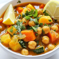 - 2 cans (15 oz each) chickpeas, drained and rinsed - 1 large onion, diced - 3 cloves garlic, minced - 2 medium carrots, diced - 1 red bell pepper, diced - 1 zucchini, diced - 1 can (14 oz) diced tomatoes, with juices - 2 cups vegetable broth - 2 teaspoons ground cumin - 1 teaspoon ground coriander - 1 teaspoon smoked paprika - 1/2 teaspoon ground cinnamon - 1/4 teaspoon cayenne pepper (optional) - Salt and pepper to taste - 2 tablespoons olive oil - Fresh cilantro or parsley, for garnish - Lemon wedges, for serving Use fresh and ripe vegetables for the best taste. Dice the onions small for even cooking. Mince the garlic finely so it blends well with the stew. Rinse the chickpeas well. This helps remove extra salt. Cut the carrots and zucchini into uniform pieces. This helps them cook evenly. If you want to make this stew gluten-free, use gluten-free broth. For nut allergies, this recipe is already nut-free. If you can’t use chickpeas, consider lentils or white beans. These options still give you a nice texture. For added creaminess, use coconut milk instead of broth. {{ingredient_image_1}} To make Moroccan chickpea stew, you will follow a simple method. We will sauté vegetables, add spices, and then simmer everything together. This stew cooks quickly, and it gives a warm, hearty feel. Using just one pot, you can create a flavorful meal in under an hour. 1. Start by heating olive oil in a large pot over medium heat. This will help the stew to cook evenly. 2. Add the diced onion and sauté for 5 minutes. Wait until the onion turns translucent. 3. Stir in minced garlic and cook for 1 more minute. This step adds a wonderful aroma. 4. Add diced carrots, red bell pepper, and zucchini to the pot. Cook for about 5 minutes. Stir occasionally until they soften slightly. 5. Sprinkle in cumin, coriander, smoked paprika, cinnamon, and cayenne pepper if you like heat. Stir well to coat the veggies with spices. 6. Pour in the diced tomatoes with their juices and the vegetable broth. This will create a rich base for the stew. 7. Bring the mixture to a simmer. Once it bubbles gently, lower the heat. 8. Add the drained chickpeas to the pot. Cover and let the stew cook for 25-30 minutes. Stir occasionally to mix the flavors. 9. Taste the stew. Adjust the seasoning if you need more salt or pepper. 10. Serve hot, garnished with fresh cilantro or parsley, and a wedge of lemon on the side. - Keep an eye on the heat when cooking. Too high can burn the garlic and spices. - Stir regularly. This helps the veggies cook evenly and prevents sticking. - Taste often. This way, you can adjust the seasoning to your liking. - Use a timer to check the stew. This ensures vegetables are tender but not mushy. Following these steps, you’ll create a delicious Moroccan chickpea stew that bursts with flavor and goodness. To boost the flavor of your Moroccan chickpea stew, use fresh herbs. Fresh cilantro or parsley adds a bright taste. A squeeze of lemon juice brings a zest that lifts the dish. Don't skip the spices! They are key to achieving that Moroccan flair. Toasting the spices first in the pan makes them pop. This simple step adds depth and richness to your stew. One common mistake is not rinsing the chickpeas. Rinsing removes excess sodium and improves taste. Another error is cutting the veggies too small. They need space to soften without losing their shape. Also, don’t rush the simmering process. Letting the stew cook longer melds the flavors beautifully. Lastly, avoid over-seasoning early. Always taste before adding more salt or spices. Using the right tools makes cooking easier. A large pot or Dutch oven is best for this stew. It holds all the ingredients and allows for even cooking. A good knife helps chop veggies quickly. Don’t forget a wooden spoon to stir the stew gently. A measuring spoon ensures accurate spice amounts. Lastly, have a colander handy for rinsing the chickpeas. Pro Tips Enhance Flavor: For a deeper flavor, let the stew simmer longer, even up to an hour. This allows the spices to meld beautifully. Vegetable Variations: Feel free to add other vegetables like sweet potatoes or spinach for extra nutrients and flavor. Storage Tips: This stew stores well in the fridge for up to 5 days and can be frozen for up to 3 months. Just make sure to cool it completely before freezing. Serving Suggestions: Serve over couscous or with crusty bread to soak up the delicious broth. {{image_2}} You can easily make this stew vegan and gluten-free. The base is already plant-based! Use vegetable broth for the liquid. The chickpeas add protein and fiber. To make it gluten-free, check labels on the broth and spices. Most are safe, but it's good to double-check. If you want to add meat, chicken or lamb works well. Cut it into small pieces and brown it before adding the veggies. You can also use tofu or tempeh for a meat alternative. Just cube the tofu and add it in with the chickpeas. It soaks up the spices and flavors. You can easily change the spice level. If you like heat, add more cayenne pepper. Start with a little and taste as you go. For a milder stew, skip the cayenne altogether. You can also add sweet spices like extra cinnamon for warmth. This adds depth and a lovely aroma without the heat. After you enjoy your Moroccan chickpea stew, store any leftovers in a clean, airtight container. This keeps the stew fresh and safe to eat. Let the stew cool down before sealing it. It is best to store leftovers in the fridge for up to 3 days. Make sure to label your container with the date, so you remember when you made it. If you want to keep your stew for longer, freezing is a great choice. Pour the cooled stew into freezer-safe bags or containers. Leave some space at the top for expansion. Seal tightly and write the date on the bag. You can freeze the stew for up to 3 months. When you are ready to eat it, just take it out and let it thaw in the fridge overnight. Reheating is easy! You can use the microwave or the stovetop. If using the microwave, transfer the stew to a bowl and heat it for 2-3 minutes. Stir halfway through to ensure even heating. If you choose the stovetop, pour the stew into a pot and heat it over medium heat. Stir often until it is hot. Always check the temperature before serving. Enjoy your meal! Moroccan Chickpea Stew lasts about 4 to 5 days in the fridge. Make sure to store it in an airtight container. This keeps the stew fresh and tasty. Always check for any signs of spoilage before eating. Yes, you can make this stew ahead of time. It tastes even better after sitting for a day. The flavors blend and deepen, making each bite more delicious. Just store it in the fridge and reheat when ready to eat. You can serve Moroccan Chickpea Stew with many tasty sides. Here are some ideas: - Couscous or quinoa for a hearty base. - Warm pita bread for dipping. - A fresh salad for crunch and color. - Yogurt for creaminess and cooling flavor. These sides balance the stew's rich spices and add variety to your meal. This blog post covered all you need for a great Moroccan Chickpea Stew. We listed the best ingredients and shared handy preparation tips. You learned how to cook it right with clear steps and timing advice. We also shared tips to boost flavor, avoid mistakes, and suggested tools to help. Finally, we explored variations, storage tips, and answered common questions. With this knowledge, you can enjoy your hearty stew anytime. Happy cooking!