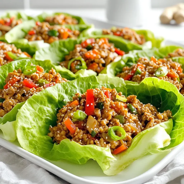 To make these spicy Korean chicken lettuce wraps, gather these key ingredients: - 1 lb ground chicken - 2 tablespoons sesame oil - 3 cloves garlic, minced - 1 tablespoon ginger, minced - 3 tablespoons gochujang (Korean chili paste) - 2 tablespoons soy sauce (low sodium) - 1 tablespoon honey - 1 cup shiitake mushrooms, finely chopped - 1 red bell pepper, diced - 1 carrot, grated - 1 green onion, chopped - 1 head of butter lettuce, leaves separated - Sesame seeds for garnish These ingredients pack flavor and make each bite delicious. Ground chicken gives the wraps a juicy base. Gochujang adds a fiery kick, while sesame oil gives a nutty taste. The vegetables provide freshness and color, making the dish appealing. You can enhance your wraps with these optional garnishes: - Sliced cucumbers - Chopped cilantro - Extra gochujang for spice - Lime wedges for a zesty touch These extras add layers of flavor and texture. Fresh herbs brighten the dish, and lime juice adds acidity. If you want more heat, a drizzle of extra gochujang works wonders. Each serving of spicy Korean chicken lettuce wraps offers: - Calories: 320 - Protein: 28g - Carbohydrates: 22g - Fat: 15g - Fiber: 3g This dish is not just tasty; it is also a balanced meal. The lean ground chicken provides protein, while the vegetables offer fiber and vitamins. Enjoy these wraps guilt-free, knowing they are both delicious and nutritious. Start by heating 2 tablespoons of sesame oil in a large skillet over medium heat. Add 3 cloves of minced garlic and 1 tablespoon of minced ginger. Sauté these for about 1 minute until you smell their great aroma. Now, add 1 pound of ground chicken to the skillet. Break it up with a spatula. Cook for about 5 to 7 minutes until it is nicely browned. Next, stir in 3 tablespoons of gochujang, 2 tablespoons of low-sodium soy sauce, and 1 tablespoon of honey. Mix everything well until the chicken gets covered in this spicy sauce. Now, add in 1 cup of finely chopped shiitake mushrooms, 1 diced red bell pepper, and 1 grated carrot. Cook everything for another 5 minutes until the veggies are tender. Finally, remove the skillet from the heat and fold in 1 chopped green onion for that fresh touch. To boost flavor, always start with good oil. Sesame oil adds a sweet, nutty taste. Make sure to cook the garlic and ginger just until fragrant. If they cook too long, they can burn and taste bitter. Use a spatula to break the chicken into small pieces. This helps it cook evenly. Taste the mixture before serving. If you want more heat, add a little more gochujang. If it’s too spicy, balancing it with more honey can help. Remember, cooking is about balance. Now it’s time to put it all together! Take a head of butter lettuce and separate the leaves. These leaves will be your wraps. Spoon a generous amount of the spicy chicken mixture into the center of each lettuce leaf. This way, you get all the flavors in every bite. For a finishing touch, sprinkle sesame seeds on top. This adds a nice crunch and makes the wraps look great. Arrange the filled wraps on a platter. Serve extra gochujang on the side for anyone who loves extra spice. Enjoy your delicious creation! To make your Spicy Korean Chicken Lettuce Wraps even better, focus on flavor layers. Use fresh ingredients for bold taste. Add more gochujang if you love heat. A splash of lime juice brightens the dish. Try adding chopped herbs like cilantro or mint for freshness. Toasted sesame seeds add a nice crunch. Pair with a dipping sauce made from soy sauce and rice vinegar for extra zing. Avoid using too much gochujang at first. Start with a little, then taste. This way, you control the heat. Don’t skip the garlic and ginger; they give depth to the dish. Overcooking the chicken can make it dry. Cook until it’s just browned. Also, don’t forget to chop your veggies small. This helps them mix well into the chicken. You need a large skillet for this recipe. A wooden spatula works well for breaking up the chicken. A sharp knife and cutting board make chopping veggies easy. If you have a microplane, use it for grating ginger and garlic. For serving, a platter is great for arranging your wraps. Consider using small bowls for extra gochujang and dipping sauce. {{image_2}} You can easily make this dish vegetarian. Use mushrooms, tofu, or tempeh instead of chicken. Shiitake mushrooms, in particular, add a great texture. Dice them finely for a hearty bite. Add extra veggies like zucchini or bell peppers for color and crunch. This way, you keep the flavor while making it plant-based. You can swap ground chicken for other proteins. Ground turkey is a lighter option with similar taste. For beef lovers, lean ground beef works well too. If you prefer seafood, use shrimp or crab. Just be careful with cooking times. Each protein brings its own flavor and texture, making it fun to experiment. Adjust the heat based on your taste. For less spice, use less gochujang or add more honey. If you love heat, add extra gochujang. You can also include diced jalapeños or red pepper flakes for more kick. Taste as you mix to find your perfect level of spice. To store your leftovers, place them in an airtight container. Keep the chicken mixture separate from the lettuce leaves. This helps the lettuce stay fresh and crisp. You can store the chicken in the fridge for up to three days. When you are ready to enjoy the leftovers, heat the chicken mixture in a skillet over medium heat. Stir it often to warm it evenly. This keeps the flavors fresh and tasty. Avoid using the microwave, as it can make the chicken soggy. If you want to store the chicken for longer, freezing is a great option. Place the cooled chicken mixture in a freezer-safe bag. Remove as much air as possible to prevent freezer burn. It can last up to three months in the freezer. When you’re ready to eat, thaw it overnight in the fridge before reheating. Yes, you can use other types of lettuce. Romaine, iceberg, or even collard greens work well. Each type adds a unique crunch and flavor. I love using butter lettuce for its softness and sweetness. However, feel free to experiment. Just choose leaves that can hold your filling. Many side dishes go great with spicy Korean chicken lettuce wraps. Here are some ideas: - Steamed rice: White or brown rice complements the spicy filling. - Kimchi: This fermented dish adds a tangy kick that pairs nicely. - Cucumber salad: A fresh salad cools down the heat. - Miso soup: This warm soup complements the meal well. These sides enhance flavors and make your meal more complete. Leftovers can last in the fridge for about three days. Store the chicken mixture in a sealed container. Keep the lettuce leaves separate to prevent wilting. When ready to eat, simply reheat the chicken filling in a skillet. Enjoy your meal again without any fuss! This blog post covered how to make tasty spicy Korean chicken lettuce wraps. We explored the main ingredients, cooking steps, and helpful tips. You also learned ways to customize the recipe for different diets and preferences. Remember to store leftovers properly for the best taste. With these easy guides, you can enjoy delicious wraps anytime. Get cooking, and enjoy these meals with friends and family!