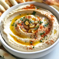 - 1 can (15 oz) chickpeas, drained and rinsed - 1 head of garlic - 3 tablespoons tahini - 2 tablespoons olive oil - 2 tablespoons lemon juice - 1 teaspoon ground cumin - Salt to taste - Water as needed - Optional: Paprika and parsley for garnish This creamy roasted garlic hummus is not just tasty, but also healthy. Each serving has proteins from chickpeas and healthy fats from tahini and olive oil. It's rich in vitamins, especially vitamin C from lemon juice. A serving has about 150 calories, 6 grams of protein, and 8 grams of fat. It’s a good choice for snacks or meals. While the hummus shines on its own, you can elevate its look and flavor. Try sprinkling paprika for a hint of spice and color. Chopped parsley adds a fresh touch. A drizzle of olive oil on top makes it look fancy and adds richness. These garnishes make your dish even more inviting! {{ingredient_image_1}} Start by preheating your oven to 400°F (200°C). Take a whole head of garlic and slice off the top. This exposes the cloves. Drizzle a little olive oil on top. Wrap the head in aluminum foil. Roast it in the oven for 30 to 35 minutes. The garlic will be soft and caramelized. Let it cool until you can handle it. Squeeze out the soft cloves into a bowl. Next, place the roasted garlic cloves into a food processor. Add a can of drained chickpeas, tahini, olive oil, lemon juice, and ground cumin. Sprinkle in some salt to taste. Blend the mixture until it is smooth. If it seems too thick, add water one tablespoon at a time. Blend again until you reach your desired creamy consistency. Now, taste your hummus. You can add more salt or lemon juice if needed. This is your chance to make it perfect. Transfer the hummus to a serving dish. Use a spoon to create a swirl on the surface. Drizzle a little olive oil on top. For a fun finish, sprinkle paprika and fresh parsley for garnish. Enjoy your tasty roasted garlic hummus! To get a smooth and creamy texture, add water slowly. Start with one tablespoon and blend. If it’s still too thick, add more water. Use fresh chickpeas for the best results. You can also blend longer to make it extra silky. To boost the taste, try adding spices. Smoked paprika adds a nice touch. You can also use lemon zest for brightness. Fresh herbs like basil or cilantro can add a twist. Experiment with different flavors to find your favorite mix. Serve your hummus with fresh veggies or warm pita. Carrot sticks, cucumber slices, and bell pepper strips work great. You can also serve it with chips for a fun snack. For a nice touch, drizzle olive oil and sprinkle paprika on top before serving. Pro Tips Roasting Garlic: To achieve a sweeter, nuttier flavor, make sure to roast the garlic until it's fully caramelized. This enhances the overall taste of your hummus. Chickpea Tip: For a creamier hummus, consider peeling the chickpeas before blending. This step may take a bit longer but will result in a smoother texture. Adjusting Consistency: Add water gradually and blend thoroughly to achieve your preferred silky texture. Remember, you can always add more but can't take it out! Flavor Enhancements: Experiment with additional spices like smoked paprika or ground coriander for a unique twist on traditional hummus flavor. {{image_2}} To make a spicy version, add a pinch of cayenne pepper. You can also use chili powder for a smoky kick. Blend it in with the other ingredients. Taste and adjust the spice level to your liking. This spicy twist brings warmth and depth to the hummus. Serve it with tortilla chips for a fun snack. To make herb-infused hummus, add fresh herbs like basil or cilantro. Chop a handful and mix it in during blending. You can also use dried herbs if fresh ones aren’t available. This gives a fresh taste and vibrant color. Pair it with bread or crackers for a tasty appetizer. If you want to switch things up, try other beans. Black beans or white beans work great. Use the same method but substitute chickpeas for your chosen bean. Each bean brings its unique flavor, making the hummus fun and different. This way, you can enjoy a variety of tastes while keeping it healthy. To keep your roasted garlic hummus fresh, store it in an airtight container. This helps prevent it from drying out. Place a thin layer of olive oil on top before sealing the container. This creates a barrier and keeps the hummus creamy. You can freeze hummus for later use. Scoop the hummus into freezer-safe containers. Leave some space at the top since it will expand as it freezes. Label the containers with the date. Hummus can stay fresh in the freezer for up to three months. Homemade hummus lasts about four to five days in the fridge. Always check for any off smells or mold before eating. Use clean utensils to scoop out hummus to avoid contamination. If your hummus seems dry, add a splash of water or olive oil and stir well. Roasted garlic is often easier to digest than raw garlic. The roasting process softens the strong flavor and makes it milder. This can help you enjoy its benefits without the harsh taste. Roasted garlic still has good nutrients, like antioxidants, which help protect your body. Many people find roasted garlic more enjoyable. This can lead to eating more of it, which is good for health. Yes, you can use dried chickpeas! They need more time and care, though. Soak the dried chickpeas overnight in water. Then, cook them until they are soft. This can take about 1 to 2 hours on the stove. Using dried chickpeas can add a richer flavor to your hummus. Just remember to drain and rinse them well before blending. To make your hummus thicker, add less water when blending. Start with a small amount and keep checking the texture. You can also use more chickpeas or tahini. Adding extra tahini will make the hummus creamier and richer. If you like, blend in a little olive oil for added thickness. Always taste and adjust to find your perfect blend! This guide covered how to make tasty hummus. We explored key ingredients and their nutrition. We shared tips on prepping garlic and blending for creaminess. You learned creative variations and how to store hummus for later. Making hummus is easy and fun. It opens up many flavors and uses. Enjoy experimenting in the kitchen with your new skills!