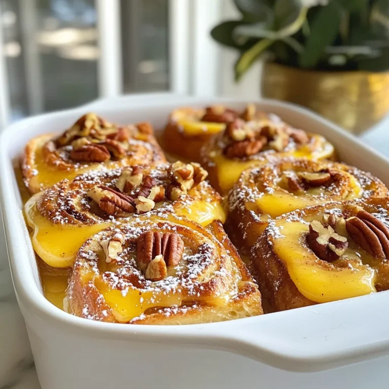 To make a tasty cinnamon roll French toast bake, gather these ingredients: - 2 cans of refrigerated cinnamon rolls (8 rolls each) - 6 large eggs - 1 cup milk (dairy or non-dairy) - 1 teaspoon vanilla extract - 1 teaspoon ground cinnamon - 1/4 teaspoon nutmeg - 1/2 cup maple syrup (plus extra for serving) - 1/2 cup chopped pecans (optional) - Powdered sugar for dusting (optional) Each ingredient plays a key role. The cinnamon rolls form the base, giving that sweet and fluffy texture. Eggs and milk create a rich custard, soaking into the rolls. Vanilla adds warmth, while cinnamon and nutmeg enhance the flavor. Maple syrup sweetens the dish, and pecans add a nice crunch. Dusting with powdered sugar makes it look even prettier. These ingredients combine to create a dish that is not only simple but also bursting with flavor. The best part? You can customize it with your favorite toppings or add-ins. {{ingredient_image_1}} 1. Preheating and greasing the baking dish Start by preheating your oven to 350°F (175°C). This heat makes the bake rise nicely. Next, grease a 9x13 inch baking dish with cooking spray or butter. This step keeps the bake from sticking. 2. Cutting and arranging cinnamon rolls Open the cans of cinnamon rolls. Each can has 8 rolls. Cut each roll into quarters. This helps them soak up the egg mixture. Place the pieces evenly in the greased baking dish. 3. Mixing the egg mixture In a large bowl, whisk together 6 large eggs, 1 cup of milk, 1 teaspoon of vanilla extract, 1 teaspoon of ground cinnamon, and 1/4 teaspoon of nutmeg. Add 1/2 cup of maple syrup to sweeten the mix. Whisk until everything is well combined. 4. Pouring and soaking the rolls Pour the egg mixture over the cinnamon roll pieces in the baking dish. Make sure all pieces are soaked. If you like, sprinkle 1/2 cup of chopped pecans on top for extra crunch. Gently press down on the rolls. This helps them soak even better. 5. Baking process and timing Place the baking dish in the oven. Bake for 25-30 minutes. The top should turn golden brown, and the custard should be set. Once baked, take it out and let it cool for a few minutes. Drizzle with the icing from the rolls. You can also dust with powdered sugar if you want. Serve warm with extra maple syrup on the side. - Choosing the right cinnamon rolls: Use refrigerated cinnamon rolls from the store. They are soft and sweet. I like the ones with cream cheese icing. This adds extra flavor to your bake. - Tips for even soaking and baking: Cut each cinnamon roll into quarters. This helps them soak up the egg mixture better. When you pour the mixture, make sure it covers all the pieces. Press down gently to ensure they soak. - How to avoid sogginess: Don’t let the rolls soak too long. If they sit in the mixture for too long, they can get mushy. Bake them until they are golden brown. This will give you a nice, fluffy texture. - Accompaniments to enhance flavors: Serve your baked treat with warm maple syrup on the side. Fresh fruit like berries or bananas also adds a nice touch. You can also try whipped cream for extra sweetness. - Presentation ideas: Dust the top with powdered sugar for a beautiful look. Use a large serving plate to show off the cinnamon roll bake. Drizzle the icing over the top right before serving. - Adjusting serving size: This recipe serves 8-10 people. If you want to make a smaller batch, use one can of cinnamon rolls. Adjust the egg and milk mixture accordingly, using half the amount. Pro Tips Use Day-Old Cinnamon Rolls: For a richer flavor and better texture, use day-old cinnamon rolls. They will absorb the custard mixture more effectively. Chill Before Baking: Allow the assembled dish to chill in the refrigerator for about 30 minutes before baking. This helps the rolls soak up the custard thoroughly. Add Fresh Fruit: Enhance the flavor and nutrition by adding fresh fruits like blueberries or sliced bananas to the mixture before baking. Experiment with Flavors: Try adding different extracts, such as almond or maple, to the custard mixture for a unique twist on the classic cinnamon roll flavor. {{image_2}} You can change the flavor of your Cinnamon Roll French Toast Bake by using different types of bread. Try brioche or challah for a richer taste. You can also use whole grain bread for a healthier option. Each type of bread adds its own unique twist. Alternative flavorings and spices can take this dish to new heights. Consider adding a splash of almond extract for a nutty flavor. You can even mix in some cocoa powder for a chocolatey treat. Don’t be shy to experiment! Seasonal variations help you enjoy this dish year-round. For fall, add pumpkin spice mix to the egg mixture. In summer, try fresh berries for a fruity twist. These changes keep the recipe fresh and exciting. If you need gluten-free options, use gluten-free cinnamon rolls. Many brands offer tasty alternatives that work well. Check your local store for these options. For vegan substitutions, replace the eggs with flax eggs or a commercial egg replacer. Use non-dairy milk, like almond or oat milk, for a creamy texture. You can also skip the icing or use a plant-based version. Reducing sugar content is simple. Cut down on the maple syrup in the egg mixture. You can also use a sugar substitute like stevia or monk fruit. This way, you can enjoy the dish while keeping it lighter. To keep your Cinnamon Roll French Toast Bake fresh, store it in the fridge. Use an airtight container. This helps protect against drying out and smells from other foods. Place your leftovers in the fridge within two hours of baking. They can last up to three days. If you want to save them longer, freezing is a great option. To freeze, wrap the bake tightly in plastic wrap. Then, place it in a freezer-safe bag or container. It can stay frozen for up to three months. When you are ready to eat, let it thaw in the fridge overnight. For reheating, preheat your oven to 350°F (175°C). Place the bake in an oven-safe dish. Cover with foil to keep it moist. Heat for about 15-20 minutes or until warmed through. You can also use a microwave for a quicker option. Heat individual portions for about 30-60 seconds, checking for warmth. Cinnamon Roll French Toast Bake can last in the fridge for up to three days. After that, it may lose flavor and texture. Look for signs of spoilage. If it smells off or has a strange texture, it’s best to throw it away. If you froze it, use it within three months for the best taste. After that, it may get freezer burn. Always check before eating. If the bake looks dry or has ice crystals, it’s no longer good. Enjoy your tasty treat while it’s fresh! Can I prepare this dish ahead of time? Yes, you can prepare this dish the night before. Just assemble it in the baking dish and cover it. Store it in the fridge. Bake it in the morning for a fresh taste. How do I reheat cinnamon roll French toast bake? To reheat, place it in the oven at 350°F (175°C) for about 10-15 minutes. You can also use the microwave. Heat it for 30 seconds to 1 minute, checking often. What can I substitute if I don’t have pecans? If you don’t have pecans, you can use walnuts or almonds. If you prefer no nuts, skip them entirely. The dish will still taste great! Can I use homemade cinnamon rolls? Absolutely! Homemade cinnamon rolls work perfectly in this recipe. Just cut them into quarters like the store-bought ones. What is the best way to serve it? Serve it warm with a drizzle of maple syrup. You can also dust it with powdered sugar for a nice touch. Add fresh fruit for extra flavor and color. This blog post explored how to make a delicious cinnamon roll bake. You learned about key ingredients, step-by-step instructions, and tips to perfect your dish. Remember, you can customize flavors and adjust for dietary needs. Use the storage tips to enjoy leftovers later. Experiment with variations to keep it fresh and fun. Enjoy this treat with family or friends. Happy baking!