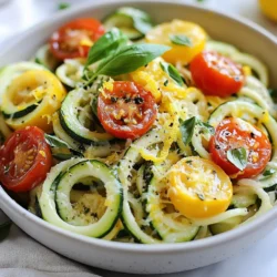 To make this dish, you need a few key ingredients. Here’s what you will need: - 4 medium zucchinis, spiralized into noodles - 1 cup cherry tomatoes, halved - 1/4 cup olive oil - 1 lemon (zest and juice) - 1/2 cup grated Parmesan cheese - 3 cloves garlic, minced - Salt and pepper to taste - Fresh basil leaves, for garnish These ingredients come together to create a fresh, bright dish. The zucchini noodles serve as a light base, while the cherry tomatoes add sweetness. The lemon gives it a nice zing, and the Parmesan adds rich flavor. Garlic rounds it all out, making each bite a delight. You can also add some optional ingredients to boost the taste: - 1/4 teaspoon red pepper flakes Adding red pepper flakes gives your dish a nice kick. It’s a small touch but can really change the flavor profile. This dish is not only tasty but also healthy. Here’s a quick look at the nutrition: - Low in calories - High in vitamins from the zucchini and tomatoes - A good source of protein from the Parmesan cheese Lemon Parmesan Zucchini Pasta is a great option for a light meal. It’s perfect for anyone wanting to enjoy a fresh and healthy dish. {{ingredient_image_1}} To make zucchini noodles, start with fresh zucchinis. Wash them well and trim the ends. Use a spiralizer to create long, thin strands. You can also use a vegetable peeler for wider noodles. Place the spiralized noodles on a clean kitchen towel to drain some moisture. This step helps prevent sogginess later. Heat a large skillet over medium heat. Add olive oil and let it warm up. Once hot, add minced garlic. Stir it for 1-2 minutes until it smells nice. Be careful not to let it burn. Now, add the zucchini noodles to the skillet. Sauté them for about 3-4 minutes until they soften a bit. Next, toss in halved cherry tomatoes. If you like spice, add red pepper flakes. Cook for another 2-3 minutes. Take the skillet off the heat. Squeeze fresh lemon juice over the noodles and add lemon zest. Mix in grated Parmesan cheese while everything is still warm. This helps the cheese melt and coat the noodles. Season with salt and pepper to taste. To serve, grab shallow bowls. Place a generous portion of the Lemon Parmesan Zucchini Pasta in each bowl. For a pop of color, add fresh basil leaves on top. You can also sprinkle more Parmesan cheese and lemon zest for extra flair. A drizzle of olive oil adds a nice shine and flavor, making this dish look as good as it tastes. Spiralizing zucchini is easy and fun. Start with firm zucchinis for the best noodles. Wash them well and cut off the ends. Use a spiralizer or a vegetable peeler to create thin noodles. If you have a spiralizer, choose a flat blade for thin strands. Twist the zucchini slowly for even noodles. This helps them cook quickly and evenly. To store leftovers, let the pasta cool down first. Place it in an airtight container. This keeps out air and moisture. You can keep it in the fridge for up to three days. When you want to eat it again, heat it gently. Use a skillet over low heat or the microwave for quick warming. Taste your dish as you cook. Add salt and pepper a little at a time. This way, you control the flavor better. If you like heat, add red pepper flakes. Start with a pinch and increase as needed. Remember, you can always add more, but you can't take it out! Adjusting these flavors makes the dish truly yours. Pro Tips Use Fresh Zucchini: Choose firm, fresh zucchinis for the best texture and flavor in your pasta dish. Adjust Garlic to Taste: If you're a garlic lover, feel free to add an extra clove or two for a bolder flavor. Experiment with Cheese: Try adding a mix of cheeses like Pecorino Romano or a sprinkle of feta for a unique twist. Serve Immediately: Enjoy the pasta right after cooking for the best texture; it tends to release moisture if left to sit. {{image_2}} You can boost the dish by adding protein. Chicken, shrimp, or tofu work great. For chicken, grill or sauté it first. Cut it into bite-sized pieces and mix it in with the zucchini. If you love shrimp, sauté it in olive oil until it turns pink. Tofu is a good choice for a plant-based option. Press, cube, and cook it until golden. Each protein adds flavor and makes the dish more filling. If you want a gluten-free option, try using rice noodles. They have a nice texture and soak up flavor well. You can also use chickpea or lentil pasta. These options are high in protein and fiber. They cook just like regular pasta. Follow the package instructions to get the best results. Mix them with the sauce and zucchini for a tasty meal. You can make this dish even more colorful. Add bell peppers, spinach, or asparagus. Chop them to bite-sized pieces. Sauté them with the garlic for added flavor. You can also try adding mushrooms for an earthy taste. Carrots, shredded or spiralized, can add sweetness. Mixing different vegetables makes the dish fresh and exciting. It’s a fun way to get more nutrients in your meal. After enjoying your Lemon Parmesan Zucchini Pasta, store leftovers in an airtight container. Keep the pasta in the fridge for up to three days. This helps maintain the flavors and texture. If you want to keep it fresh longer, consider separating the pasta from the sauce. This prevents the noodles from becoming too soft. To reheat the pasta, use a skillet over medium heat. Add a splash of olive oil to keep it moist. Stir gently for about three to five minutes. You can also use the microwave. Place the pasta in a safe bowl, cover it with a damp paper towel, and heat for one to two minutes. This keeps the pasta warm without drying it out. If you want to freeze Lemon Parmesan Zucchini Pasta, do so before adding cheese. Place the cooled zucchini noodles in a freezer-safe bag. Remove excess air before sealing. It can last for up to three months in the freezer. When ready to eat, thaw overnight in the fridge. Reheat using the skillet method for the best flavor. You can use several vegetables as pasta alternatives. Some great options are: - Spaghetti squash: This has a mild flavor and a similar texture. - Carrots: Spiralized carrots add a sweet crunch. - Butternut squash: It is sweet and creamy when cooked. - Eggplant: Sliced thin, it can mimic pasta's texture. These choices keep the dish light and fresh while adding new flavors. Yes, you can prepare some parts ahead. Here’s how: - Prepare the sauce: Make the lemon and garlic mix and store it. - Spiralize the zucchini: You can do this a day before. Keep it in a sealed bag. - Combine before serving: Cook the zucchini and add the sauce just before you eat. This keeps the dish fresh and tasty. To keep your zucchini noodles firm, follow these steps: - Salt the zucchini: Lightly sprinkle salt on the noodles. Let them sit for 10 minutes. This pulls out extra moisture. - Cook briefly: Sauté the noodles for just a few minutes. This keeps them from becoming mushy. - Add cheese last: Mix in the Parmesan when the noodles are warm but off the heat. This helps it melt without making the dish watery. These tips will help you enjoy a perfect Lemon Parmesan Zucchini Pasta. This blog post covered how to make Lemon Parmesan Zucchini Pasta. We discussed key ingredients, prep steps, and cooking tips. You can enhance flavors with spices or add protein for more nutrition. Proper storage can keep your leftovers fresh, and we shared ways to reheat them. To sum up, this dish is flexible and fun. Whether you follow the steps exactly or mix in your own ideas, you’ll create a tasty meal. Enjoy your cooking adventure!