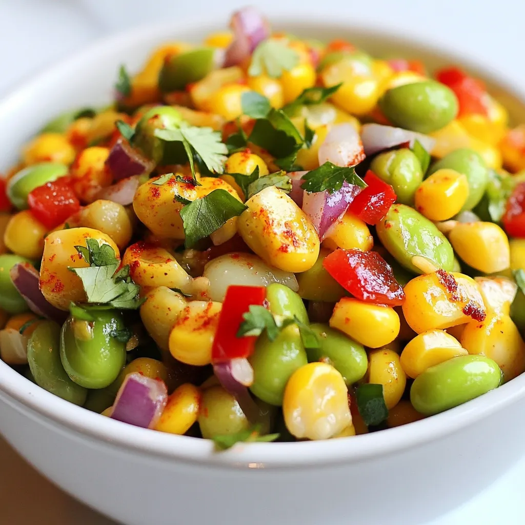 To make Edamame Corn Succotash, gather these simple ingredients: - 1 cup shelled edamame (fresh or frozen) - 1 cup sweet corn kernels (fresh, frozen, or canned) - 1 red bell pepper, diced - 1 small red onion, finely chopped - 2 cloves garlic, minced - 1 tablespoon olive oil - 1 teaspoon smoked paprika - Salt and pepper to taste - 1 tablespoon lemon juice - 2 tablespoons fresh cilantro, chopped (for garnish) I often use frozen edamame and corn. They are easy to find and save time. Fresh ingredients have a great taste but require more prep. If you use fresh corn, remove it from the cob. Fresh edamame is quick to cook, but frozen is just as good. Both options work well in this dish. For frozen edamame, I like brands like Seapoint Farms or Trader Joe's. Their products are high quality and tasty. If you prefer canned corn, choose brands like Del Monte or Green Giant. They have sweet flavors. You can swap smoked paprika with regular paprika or chili powder if needed. Fresh cilantro can be replaced with parsley for a different taste. {{ingredient_image_1}} Start by gathering your ingredients. You will need edamame, corn, bell pepper, onion, and garlic. If you use frozen edamame and corn, thaw them quickly under running water. Drain them well and set them aside. Next, dice the red bell pepper and finely chop the onion and garlic. This prep makes cooking easy and fun. Grab a large skillet and heat one tablespoon of olive oil over medium heat. Add the chopped red onion first. Sauté it for about 3 to 4 minutes until it starts to soften. The onion should look nice and translucent. Next, stir in the minced garlic and diced red bell pepper. Cook for another 2 to 3 minutes. You want the bell pepper to become tender, adding a sweet flavor to your dish. Now it’s time to bring everything together. Add the shelled edamame and sweet corn to the skillet. Stir well to mix all the ingredients. Season your mixture with one teaspoon of smoked paprika, salt, and pepper to taste. Mix everything thoroughly and let it cook for about 5 to 7 minutes. This lets the flavors meld together beautifully. Once cooked, remove the skillet from heat and drizzle one tablespoon of lemon juice over the succotash. Toss gently to combine everything. Now, you have a colorful, tasty dish ready to enjoy! To make the best Edamame Corn Succotash, start by preparing your ingredients well. If you use frozen edamame and corn, thaw them first. Rinse them under running water and drain. This helps keep the dish fresh. Heat your skillet over medium heat. Use a good quality olive oil. It helps the flavors blend nicely. When you sauté the onion, stir it often to avoid burning. This makes sure it cooks evenly. Adding smoked paprika brings a warm, rich taste. It makes your succotash more exciting. You can also try fresh herbs. Cilantro adds a bright flavor. For a twist, mix in some lime juice instead of lemon juice. If you want a spicy kick, add red pepper flakes. This will give your dish a nice heat. Mixing flavors is key. Taste as you cook to adjust seasoning. One common mistake is overcooking the veggies. They should be tender but still crisp. If you cook them too long, they become mushy. Don’t skip the seasoning. Salt and pepper enhance the dish. Also, be careful with the lemon juice. Too much can make it sour. Add it slowly and taste! Lastly, remember to garnish with fresh cilantro. This adds color and freshness to your dish. Enjoy your cooking! Pro Tips Freshness Matters: Use fresh corn when in season for the best flavor and sweetness in your succotash. Adjust the Spice: If you like a bit of heat, add a pinch of cayenne pepper or some diced jalapeños to the mix. Make it Colorful: Feel free to experiment with different bell pepper colors or add in other veggies like zucchini or carrots for more variety. Serve Warm or Cold: This succotash can be enjoyed warm as a side dish or chilled as a refreshing salad. {{image_2}} Edamame Corn Succotash is already a great choice for vegetarians and vegans. It uses no meat or dairy. You can make it even more filling by adding more veggies. Try zucchini or mushrooms for added texture and flavor. You can also use vegetable broth instead of oil for a lighter dish. If you want to add protein, chicken or shrimp works well. For chicken, use cooked, diced breast. Toss it in during the last few minutes of cooking. For shrimp, add raw shrimp to the skillet after the aromatics. Cook until they turn pink, about 3-4 minutes. This makes the dish heartier and more satisfying. You can change the flavor of this dish with different herbs and spices. Try fresh basil or thyme for a fragrant touch. A pinch of cayenne pepper adds a nice kick. For a smoky flavor, use smoked paprika as the recipe suggests. Each spice brings a new taste, making this dish fun to customize. To keep your Edamame Corn Succotash fresh, place it in an airtight container. Let it cool first. Store it in the fridge for up to three days. This way, the flavors stay bold and bright. When you want to enjoy your leftovers, heat them in a skillet. Add a splash of olive oil to keep it moist. Cook over medium heat for about 5 minutes, stirring often. You can also microwave it for about 2 minutes. Just cover it with a damp paper towel. If you want to freeze the succotash, let it cool completely. Then, place it in a freezer-safe bag. Squeeze out as much air as you can before sealing. It can stay good in the freezer for up to three months. To enjoy it later, thaw it in the fridge overnight. Reheat it using the skillet method for the best taste. Yes, you can use canned corn. Just drain and rinse it before adding. Canned corn saves time and is easy to find. It works well in this dish. It will still taste great with the fresh flavors of edamame and bell pepper. You can prep this dish ahead of time. Cook the succotash as directed. After it cools, store it in an airtight container. Keep it in the fridge for up to two days. When ready to serve, just reheat it on the stove or in the microwave. This succotash pairs well with many dishes. Try serving it with grilled chicken or fish for a complete meal. It also works as a side with tacos or burgers. You can even enjoy it on its own as a light lunch. The vibrant flavors make it a hit at any table. In this article, we explored all the key ingredients for a tasty dish. We examined the benefits of fresh versus frozen items and shared recommended brands and substitutions. Following the step-by-step instructions, you can prep, sauté, and combine your ingredients seamlessly. Remember the tips for best practices and flavor enhancements to avoid common mistakes. We also discussed delicious variations and how to store leftovers properly. With this knowledge, you can create a satisfying meal that meets your tastes. Cooking can be fun and easy when you know what to do!