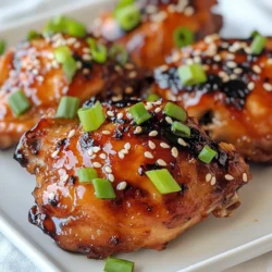 To make Air Fryer Teriyaki Chicken Thighs, gather these simple ingredients: - 4 boneless, skinless chicken thighs - 1/4 cup soy sauce - 2 tablespoons mirin (or substitute with honey) - 2 tablespoons brown sugar - 1 tablespoon sesame oil - 2 garlic cloves, minced - 1 teaspoon ginger, grated - 1 tablespoon cornstarch - 1 tablespoon water - Sesame seeds and sliced green onions for garnish Each ingredient plays a role in creating that sweet and savory flavor. The chicken thighs are juicy and tender. Soy sauce provides a rich umami taste. Mirin adds a touch of sweetness, while brown sugar deepens the flavor. Sesame oil gives it a nutty aroma, and garlic and ginger offer a warm spice. When you mix these ingredients, you create a delicious marinade. This marinade soaks into the chicken, making it extra tasty. Using cornstarch helps thicken the glaze later, adding a nice shine when you brush it on the cooked chicken. The sesame seeds and green onions make for a beautiful garnish, adding color and crunch to your dish. Now, let's get ready to cook! {{ingredient_image_1}} First, we need to get that flavor into the chicken. In a bowl, whisk together: - 1/4 cup soy sauce - 2 tablespoons mirin (or honey) - 2 tablespoons brown sugar - 1 tablespoon sesame oil - 2 minced garlic cloves - 1 teaspoon grated ginger Mix until everything blends well. Next, place the chicken thighs in a resealable bag or shallow dish. Pour the marinade over the chicken, making sure it covers all the pieces. Seal the bag or cover the dish. Let it marinate in the fridge for at least 30 minutes. For even better flavor, marinate for 1-2 hours. Now it’s time to prepare the air fryer. Preheat it to 400°F (200°C). This step is crucial for getting a crispy texture on your chicken. After preheating, remove the chicken from the fridge. Let the excess marinade drip off, but keep the leftover marinade for later. Place the chicken thighs in the air fryer basket in a single layer. Make sure they have space around them for even cooking. Cook them for 15-18 minutes. Flip them halfway through to ensure they cook evenly. Check the internal temperature; it should reach 165°F (75°C) for safe eating. The chicken should look golden brown when done. While the chicken cooks, let’s make the glaze. Pour the reserved marinade into a small saucepan. Bring it to a boil over medium heat. In a separate bowl, mix 1 tablespoon cornstarch with 1 tablespoon water until it's smooth. Once the marinade boils, add the cornstarch mix. Stir until it thickens into a glaze, which will take about 2-3 minutes. Once the chicken is ready, remove it from the air fryer and brush the thickened glaze over the thighs. Now you're ready to enjoy a tasty meal! To get the best flavor from your teriyaki chicken, marinate for at least 30 minutes. For more taste, aim for 1 to 2 hours. This allows the chicken to soak in all the rich flavors. For even cooking, place the chicken thighs in a single layer. Make sure there is space between them. This helps hot air to circulate. To get a crispy outside, flip the chicken halfway through cooking. This gives both sides a nice texture. Teriyaki chicken pairs well with simple sides. Try serving it with steamed rice or stir-fried veggies. You can also add a fresh salad for crunch. These sides will balance the rich flavors of the chicken. Pro Tips Marination Time: For the best flavor, marinate the chicken thighs for at least 1-2 hours, or overnight if possible. Cooking Temperature: Ensure your air fryer is preheated to 400°F (200°C) for optimal cooking results and crispy skin. Glaze Thickness: Adjust the cornstarch amount in the glaze to achieve your desired thickness; add more for a thicker glaze. Garnishing: Enhance the presentation and flavor by using fresh sesame seeds and green onions as a garnish just before serving. {{image_2}} You can switch up sweeteners in the teriyaki marinade. Instead of mirin, try honey or maple syrup. Both add a nice flavor. If you want less sugar, use coconut sugar. For soy sauce, you can choose tamari for a gluten-free option. There are also low-sodium soy sauces available if you want to cut salt. If you prefer, you can bake or grill the chicken instead of using the air fryer. For baking, set your oven to 400°F (200°C). Place the marinated thighs on a baking sheet and cook for 25-30 minutes. Flip them halfway for even cooking. Grilling is also a great choice. Preheat your grill and cook the thighs for about 6-7 minutes per side. Adding vegetables to the air fryer makes the dish even better. Try bell peppers, broccoli, or snap peas. They cook quickly and soak up the teriyaki flavor. You can also try spices like chili flakes or smoked paprika. These add a nice kick to the dish. To keep your teriyaki chicken fresh, store it in an airtight container. Place the chicken in the fridge within two hours of cooking. It stays good for up to four days. You can also wrap it tightly in plastic wrap or foil. This helps to lock in moisture and flavor. To reheat your air fryer teriyaki chicken, use the air fryer for best results. Preheat the air fryer to 350°F (175°C). Place the chicken thighs in the basket. Heat them for about 5-7 minutes. Make sure they reach an internal temperature of 165°F (75°C). This keeps the chicken juicy and flavorful. If you want to freeze your chicken thighs, let them cool first. Place them in a freezer-safe bag or container. Remove as much air as possible. They can last for up to three months in the freezer. When ready to eat, thaw the chicken in the fridge overnight. Reheat it in the air fryer for a tasty meal! Yes, you can use chicken breasts. They are leaner than thighs. You should adjust the cooking time. Chicken breasts usually need about 18-20 minutes in the air fryer. Flip them halfway through cooking. Always check that they reach 165°F (75°C) for safety. The recipe is not gluten-free as it uses soy sauce. You can easily make it gluten-free. Substitute regular soy sauce with tamari. Tamari is a great gluten-free option. It provides a similar flavor without gluten. The best way to check is by using a meat thermometer. Insert it into the thickest part of the chicken. It should read 165°F (75°C) to ensure it is safe to eat. If you don’t have a thermometer, look for golden brown skin and clear juices. This blog post covered how to make air fryer teriyaki chicken. We started with the right ingredients and marinating steps. Next, we discussed cooking tips and how to prepare a tasty glaze. I shared ways to vary the recipe and storage methods for leftovers. Remember, cooking is fun and allows for creativity. Try new flavors and enjoy your meal. You can make this dish perfect for any occasion!
