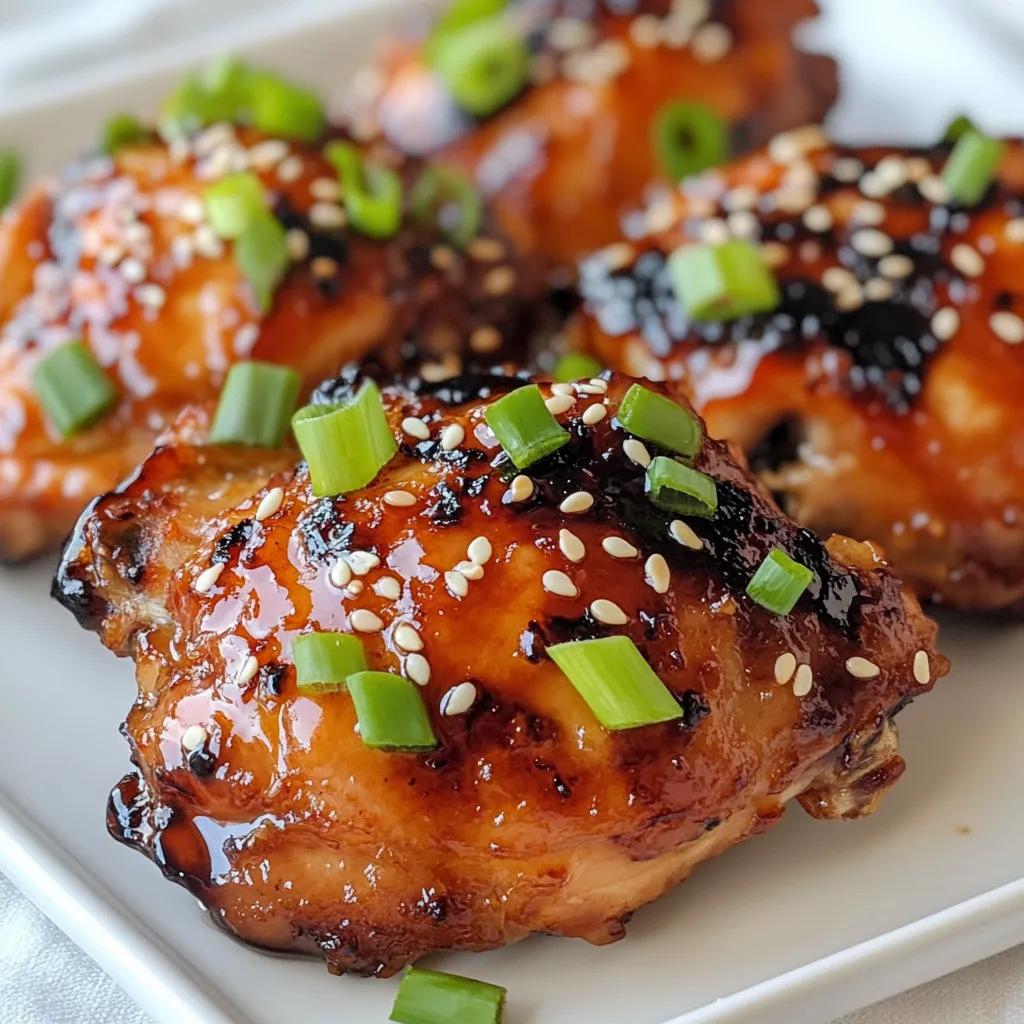 To make Air Fryer Teriyaki Chicken Thighs, gather these simple ingredients: - 4 boneless, skinless chicken thighs - 1/4 cup soy sauce - 2 tablespoons mirin (or substitute with honey) - 2 tablespoons brown sugar - 1 tablespoon sesame oil - 2 garlic cloves, minced - 1 teaspoon ginger, grated - 1 tablespoon cornstarch - 1 tablespoon water - Sesame seeds and sliced green onions for garnish Each ingredient plays a role in creating that sweet and savory flavor. The chicken thighs are juicy and tender. Soy sauce provides a rich umami taste. Mirin adds a touch of sweetness, while brown sugar deepens the flavor. Sesame oil gives it a nutty aroma, and garlic and ginger offer a warm spice. When you mix these ingredients, you create a delicious marinade. This marinade soaks into the chicken, making it extra tasty. Using cornstarch helps thicken the glaze later, adding a nice shine when you brush it on the cooked chicken. The sesame seeds and green onions make for a beautiful garnish, adding color and crunch to your dish. Now, let's get ready to cook! {{ingredient_image_1}} First, we need to get that flavor into the chicken. In a bowl, whisk together: - 1/4 cup soy sauce - 2 tablespoons mirin (or honey) - 2 tablespoons brown sugar - 1 tablespoon sesame oil - 2 minced garlic cloves - 1 teaspoon grated ginger Mix until everything blends well. Next, place the chicken thighs in a resealable bag or shallow dish. Pour the marinade over the chicken, making sure it covers all the pieces. Seal the bag or cover the dish. Let it marinate in the fridge for at least 30 minutes. For even better flavor, marinate for 1-2 hours. Now it’s time to prepare the air fryer. Preheat it to 400°F (200°C). This step is crucial for getting a crispy texture on your chicken. After preheating, remove the chicken from the fridge. Let the excess marinade drip off, but keep the leftover marinade for later. Place the chicken thighs in the air fryer basket in a single layer. Make sure they have space around them for even cooking. Cook them for 15-18 minutes. Flip them halfway through to ensure they cook evenly. Check the internal temperature; it should reach 165°F (75°C) for safe eating. The chicken should look golden brown when done. While the chicken cooks, let’s make the glaze. Pour the reserved marinade into a small saucepan. Bring it to a boil over medium heat. In a separate bowl, mix 1 tablespoon cornstarch with 1 tablespoon water until it's smooth. Once the marinade boils, add the cornstarch mix. Stir until it thickens into a glaze, which will take about 2-3 minutes. Once the chicken is ready, remove it from the air fryer and brush the thickened glaze over the thighs. Now you're ready to enjoy a tasty meal! To get the best flavor from your teriyaki chicken, marinate for at least 30 minutes. For more taste, aim for 1 to 2 hours. This allows the chicken to soak in all the rich flavors. For even cooking, place the chicken thighs in a single layer. Make sure there is space between them. This helps hot air to circulate. To get a crispy outside, flip the chicken halfway through cooking. This gives both sides a nice texture. Teriyaki chicken pairs well with simple sides. Try serving it with steamed rice or stir-fried veggies. You can also add a fresh salad for crunch. These sides will balance the rich flavors of the chicken. Pro Tips Marination Time: For the best flavor, marinate the chicken thighs for at least 1-2 hours, or overnight if possible. Cooking Temperature: Ensure your air fryer is preheated to 400°F (200°C) for optimal cooking results and crispy skin. Glaze Thickness: Adjust the cornstarch amount in the glaze to achieve your desired thickness; add more for a thicker glaze. Garnishing: Enhance the presentation and flavor by using fresh sesame seeds and green onions as a garnish just before serving. {{image_2}} You can switch up sweeteners in the teriyaki marinade. Instead of mirin, try honey or maple syrup. Both add a nice flavor. If you want less sugar, use coconut sugar. For soy sauce, you can choose tamari for a gluten-free option. There are also low-sodium soy sauces available if you want to cut salt. If you prefer, you can bake or grill the chicken instead of using the air fryer. For baking, set your oven to 400°F (200°C). Place the marinated thighs on a baking sheet and cook for 25-30 minutes. Flip them halfway for even cooking. Grilling is also a great choice. Preheat your grill and cook the thighs for about 6-7 minutes per side. Adding vegetables to the air fryer makes the dish even better. Try bell peppers, broccoli, or snap peas. They cook quickly and soak up the teriyaki flavor. You can also try spices like chili flakes or smoked paprika. These add a nice kick to the dish. To keep your teriyaki chicken fresh, store it in an airtight container. Place the chicken in the fridge within two hours of cooking. It stays good for up to four days. You can also wrap it tightly in plastic wrap or foil. This helps to lock in moisture and flavor. To reheat your air fryer teriyaki chicken, use the air fryer for best results. Preheat the air fryer to 350°F (175°C). Place the chicken thighs in the basket. Heat them for about 5-7 minutes. Make sure they reach an internal temperature of 165°F (75°C). This keeps the chicken juicy and flavorful. If you want to freeze your chicken thighs, let them cool first. Place them in a freezer-safe bag or container. Remove as much air as possible. They can last for up to three months in the freezer. When ready to eat, thaw the chicken in the fridge overnight. Reheat it in the air fryer for a tasty meal! Yes, you can use chicken breasts. They are leaner than thighs. You should adjust the cooking time. Chicken breasts usually need about 18-20 minutes in the air fryer. Flip them halfway through cooking. Always check that they reach 165°F (75°C) for safety. The recipe is not gluten-free as it uses soy sauce. You can easily make it gluten-free. Substitute regular soy sauce with tamari. Tamari is a great gluten-free option. It provides a similar flavor without gluten. The best way to check is by using a meat thermometer. Insert it into the thickest part of the chicken. It should read 165°F (75°C) to ensure it is safe to eat. If you don’t have a thermometer, look for golden brown skin and clear juices. This blog post covered how to make air fryer teriyaki chicken. We started with the right ingredients and marinating steps. Next, we discussed cooking tips and how to prepare a tasty glaze. I shared ways to vary the recipe and storage methods for leftovers. Remember, cooking is fun and allows for creativity. Try new flavors and enjoy your meal. You can make this dish perfect for any occasion!