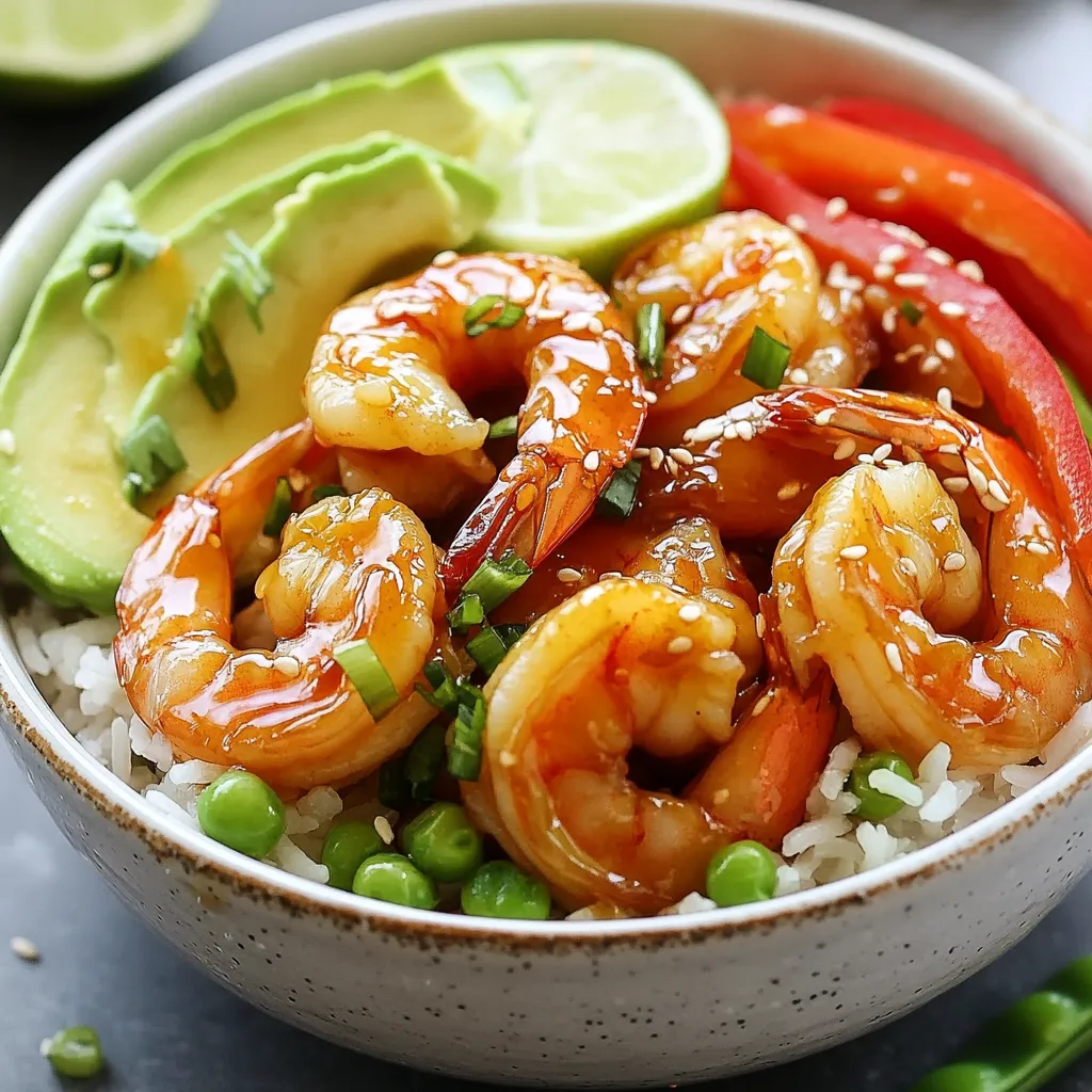 To make a Sriracha Honey Shrimp Bowl, you need these key items: - 1 lb shrimp, peeled and deveined - 2 tablespoons Sriracha sauce - 2 tablespoons honey - 1 tablespoon soy sauce - 1 tablespoon sesame oil - 2 cups cooked jasmine rice - 1 red bell pepper, sliced - 1 cup snap peas, trimmed - 1 avocado, sliced - 2 green onions, chopped - Sesame seeds for garnish - Lime wedges for serving These ingredients create a mix of sweet and spicy flavors. The shrimp becomes tender and tasty. The veggies add a nice crunch. Together, they make a colorful and fun bowl. You can add extras to make your bowl even better. Here are some ideas: - Chopped cilantro for freshness - Crushed peanuts for crunch - Extra Sriracha for more heat - Pickled vegetables for tang - A drizzle of lime juice for zest Feel free to mix and match these toppings. They can change the taste and make your dish special. This bowl is not just tasty; it's also pretty healthy. Here’s a quick look: - Protein: Shrimp packs a punch with protein. - Carbs: Jasmine rice adds good carbs for energy. - Fats: Avocado offers healthy fats. - Vitamins: Vegetables add vitamins and minerals. Each serving gives you a balance of nutrients. It's a smart choice for a meal. Enjoy the flavors while fueling your body! {{ingredient_image_1}} Start by grabbing a bowl. Whisk together 2 tablespoons of Sriracha sauce, 2 tablespoons of honey, 1 tablespoon of soy sauce, and 1 tablespoon of sesame oil. This mix makes a sweet and spicy marinade. It will give the shrimp great flavor. Next, add 1 pound of peeled and deveined shrimp to the marinade. Toss the shrimp well to coat each piece. Let it sit for at least 15 minutes. This helps the shrimp soak up the flavors. While the shrimp marinates, heat a skillet over medium-high heat. You can add a splash of sesame oil if you like. Once the skillet is hot, add sliced red bell pepper and trimmed snap peas. Sauté them for about 3-4 minutes until they are tender but still crisp. Then, remove them from the skillet and set aside. In the same skillet, add the marinated shrimp. Cook for about 2-3 minutes on each side. The shrimp should turn pink and opaque when done. This means they are cooked perfectly. To put it all together, start with a scoop of cooked jasmine rice at the base of your bowl. Then, add the sautéed vegetables on top. Now, place the cooked shrimp over the veggies. Finish by garnishing with sliced avocado, chopped green onions, and a sprinkle of sesame seeds. Serve with lime wedges on the side for a fresh zing. Enjoy your flavorful dish! To get the best flavor, marinate the shrimp for at least 15 minutes. This lets the shrimp soak up the Sriracha, honey, soy sauce, and sesame oil. You can even marinate it longer, up to an hour, in the fridge. Just remember to cover the bowl to keep it fresh. For a bit of zing, add some lime juice to the marinade. It brightens the taste and adds a nice twist. When cooking shrimp, timing is key. Heat your skillet over medium-high heat. Add a splash of sesame oil for extra flavor. Cook the shrimp for about 2-3 minutes on each side. Watch for color change; they should turn pink and opaque. Overcooking makes shrimp tough, so stay alert. If you have a lot of shrimp, cook them in batches. This helps them cook evenly. Feel free to adjust the spice level to match your taste. If you want it hotter, add more Sriracha. For a milder flavor, reduce the Sriracha and add extra honey. You can also mix in garlic or ginger for added depth. Try different veggies, like broccoli or carrots, for a colorful twist. The beauty of this dish is its flexibility. Have fun experimenting! Pro Tips Marinate for Maximum Flavor: Let the shrimp marinate for at least 15 minutes, but up to an hour for deeper flavor penetration. Cooking the Shrimp: Ensure your skillet is hot enough before adding the shrimp to achieve a nice sear and prevent them from becoming rubbery. Fresh Ingredients Matter: Use fresh vegetables and ripe avocados for the best texture and flavor in your bowl. Customize Your Bowl: Feel free to add other toppings like pickled ginger, cilantro, or a drizzle of lime juice to enhance the dish further. {{image_2}} You can switch shrimp with other proteins. Try chicken, tofu, or scallops. Chicken gives a hearty taste. Tofu is great for a plant-based option. Scallops add a touch of luxury. Each protein takes the dish in a new direction. Feel free to change up the veggies. Broccoli, carrots, or zucchini work well. These add color and crunch to your bowl. You can also use mushrooms for an earthy flavor. The key is to pick fresh, vibrant options that you enjoy. Experiment with different sauces for fun. Try teriyaki or garlic sauce for new flavors. You can also mix in lime juice for a tangy twist. A dash of fish sauce adds depth. Each option brings a unique taste to your meal. Enjoy the process of finding your favorite combo! To store leftovers from your Sriracha Honey Shrimp Bowl, let everything cool first. Place the shrimp, rice, and veggies in an airtight container. Keep it in the fridge. It should stay fresh for up to three days. If you want, store the shrimp and rice separately to keep them fresher. When you’re ready to eat, take the bowl out of the fridge. You can reheat it in the microwave. Use a microwave-safe dish and cover it. Heat for 1-2 minutes, checking often. You want the shrimp and rice warm but not dry. Stir halfway through to help them heat evenly. You can freeze leftovers, but shrimp is best fresh. If you do freeze, pack the shrimp and rice in separate bags. Use freezer-safe bags and remove as much air as possible. They can last up to two months. When ready to eat, thaw them in the fridge overnight. Reheat as described above. Yes, you can use frozen shrimp. Just thaw them first. Place the shrimp in cold water for about 15-20 minutes. Once thawed, peel and devein them if needed. This saves time and still tastes great in the bowl. The spice level depends on how much Sriracha you use. Two tablespoons give a nice kick. If you want it spicier, add more Sriracha. If you prefer less heat, use one tablespoon. Adjust it to your taste. This bowl pairs well with many sides. Try a fresh salad or steamed broccoli. You can also serve it with extra lime wedges. They add a fresh, zesty flavor. Jasmine rice is perfect as a base. Yes, you can prepare the shrimp and veggies in advance. Marinate the shrimp and store it in the fridge. You can also slice the veggies early. Just cook them fresh before serving for the best taste. Absolutely! The Sriracha Honey Shrimp Bowl is great for meal prep. Make a batch and portion it into containers. Store in the fridge for up to three days. Reheat when ready to eat for a quick, tasty meal. In this blog post, we explored how to make a Sriracha Honey Shrimp Bowl. We covered key ingredients, step-by-step cooking instructions, and useful tips. You can customize this dish with different proteins and veggies. Proper storage is vital for keeping leftovers fresh. With these insights, you can enjoy a delicious meal that suits your taste. Try this recipe to impress your family or friends. Enjoy your cooking adventure!