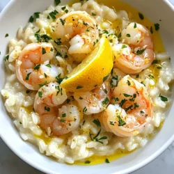 - 1 cup Arborio rice - 1 lb shrimp, peeled and deveined - 4 cups chicken or vegetable broth - 1 medium onion, finely chopped - 3 cloves garlic, minced - 1 lemon (zest and juice) - 1 cup heavy cream - 1/2 cup grated Parmesan cheese - 2 tablespoons olive oil - 2 tablespoons unsalted butter - Salt and pepper to taste - Fresh parsley, chopped, for garnish When making creamy lemon garlic shrimp risotto, these ingredients are key. Arborio rice gives the dish its creamy texture. The shrimp adds a lovely flavor. Chicken or vegetable broth keeps it rich. Fresh onion and garlic bring out the best in each bite. Lemon zest and juice add a bright taste. Heavy cream makes the risotto extra smooth. Parmesan cheese enhances the flavor profile. Olive oil and butter create a savory base. Salt and pepper balance everything out. Fresh parsley is perfect for a pop of color and taste. - Alternative types of rice: You can use Carnaroli rice or even sushi rice if Arborio is not available. Both types will give a creamy texture. - Substitute for heavy cream: If you want a lighter option, try using half-and-half or coconut cream for a dairy-free version. - Options for vegetable broth: Use homemade broth for the best flavor. Store-bought options work well too, just watch for added salt. {{ingredient_image_1}} Heat the chicken or vegetable broth in a saucepan over low heat. Keep it warm but do not let it boil. This step is key. Boiling can change the texture of the rice and make it less creamy. In a large skillet, add olive oil and one tablespoon of butter over medium heat. Once the butter melts, toss in the finely chopped onion. Sauté it for about three to four minutes until it turns translucent. Next, add the minced garlic and cook for one more minute until it smells amazing. Now, stir in the Arborio rice. Keep stirring for two to three minutes until the rice is lightly toasted. Start adding the warm broth one ladle at a time. Stir it often and let the rice soak up the liquid before adding more. Keep this going for about 18 to 20 minutes. You want the rice creamy and just a bit firm. While the risotto cooks, grab another skillet. Melt the remaining tablespoon of butter over medium heat. Add the shrimp right in, along with the zest of the lemon, salt, and pepper. Cook the shrimp for about three to four minutes. They should turn pink and opaque. When done, take them off the heat and set aside. Once your risotto is creamy and al dente, it’s time to mix in the heavy cream, fresh lemon juice, and grated Parmesan cheese. Stir everything until it’s well combined. Season with salt and pepper to taste. Gently fold in the cooked shrimp, letting them warm through in the risotto. Now, you can serve it hot! Make it pretty by garnishing with chopped fresh parsley and an extra sprinkle of lemon zest, if you like. Enjoy your creamy lemon garlic shrimp risotto! Stirring is key to a creamy risotto. Constant movement helps release the starch from the rice. This starch creates that rich texture you want. You should stir the rice often as it cooks. Add broth at the right time. Use a ladleful at first. Wait until most of the liquid is absorbed before adding more. This slow method builds flavor and creaminess. Keep the broth warm, but don’t let it boil. To avoid overcooked shrimp, cook them just until they turn pink. This takes about 3-4 minutes. If you cook them too long, they get rubbery. Keep an eye on them while they cook. Enhance the shrimp's flavor by adding lemon zest and seasoning. The zest adds brightness. Salt and pepper balance the dish well. You can also add a pinch of red pepper flakes for heat. When serving, use shallow bowls. This makes the dish look nice and allows for easy eating. Top the risotto with extra shrimp for a great look. Add a sprinkle of fresh parsley for color. A drizzle of olive oil on top makes it shine. This small touch elevates the dish, making it feel special. Pro Tips Use Fresh Shrimp: For the best flavor and texture, choose fresh shrimp over frozen if possible. They will enhance the overall taste of your risotto. Stir Constantly: Stirring the risotto continuously helps release the starch from the Arborio rice, creating that creamy texture we love. Don’t Rush the Broth: Adding the broth slowly allows the rice to absorb the liquid properly, ensuring a perfect al dente consistency. Garnish Generously: A sprinkle of fresh parsley and extra lemon zest not only adds color but also enhances the dish's brightness and flavor. {{image_2}} You can boost the flavor of your risotto by adding vegetables. Peas and spinach work well. Simply stir them in during the last few minutes of cooking. This adds a nice color and extra nutrients. Consider using herbs and spices too. Fresh parsley brightens the dish. You might also try adding a pinch of red pepper flakes for heat or some thyme for a warm flavor. These small tweaks can make a big difference. If you want to switch up your seafood, scallops or crab are great choices. Scallops offer a sweet taste, while crab adds a rich, savory note. Remember to adjust the cooking time. Scallops need about 2-3 minutes per side. Crab meat is usually pre-cooked, so just warm it through at the end to keep it tender. For a vegetarian version, swap the shrimp for mushrooms. Mushrooms add a nice umami flavor and work well with the creamy texture. To maintain creaminess without seafood, you can use vegetable broth along with the heavy cream. This keeps the dish rich and satisfying. You might also add a bit of nutritional yeast for a cheesy flavor. To keep your risotto fresh, store it in the fridge. Use an airtight container. This helps keep out air and moisture. Aim to eat it within three days for the best taste. If you leave it too long, it may spoil. For reheating, you can use a microwave or stovetop. If using a microwave, place the risotto in a bowl. Add a splash of broth or cream to keep it moist. Heat it in short bursts, stirring often. For stovetop reheating, place the risotto in a pan. Add a little broth and heat over low. Stir it gently to keep it creamy. Avoid high heat; it can dry out. If you want to freeze risotto, let it cool first. Place it in a freezer-safe container. Use a container that seals well to avoid freezer burn. It can last up to three months in the freezer. When ready to eat, thaw it in the fridge overnight. Reheat it on the stovetop with a bit of broth to bring back its creaminess. Cooking creamy lemon garlic shrimp risotto takes about 35 minutes. This includes prep time and cooking time. The risotto needs about 18-20 minutes to cook once you start adding broth. You can make risotto ahead of time, but it’s best to serve it fresh. If you do prepare it early, store it in the fridge. Reheat with a bit of broth to restore creaminess. I enjoy serving risotto with a simple green salad or steamed veggies. Garlic bread also pairs well, adding a nice crunch. A light white wine can enhance the meal too. Traditional risotto is not vegan-friendly because it contains butter and cheese. However, you can make it vegan by using vegetable broth, olive oil, and nutritional yeast for a cheesy flavor. To prevent sticky risotto, stir it gently while adding broth. Use the right amount of broth, and don’t rush the cooking time. It should be creamy, but not gluey. This blog post covered making creamy lemon garlic shrimp risotto. We discussed key ingredients, cooking steps, and tips for a perfect dish. You learned about ingredient swaps, storage recommendations, and how to enhance flavors. Incorporating these strategies can boost your cooking skills. Remember, practice leads to better risotto. Enjoy impressing others with your delicious meals!