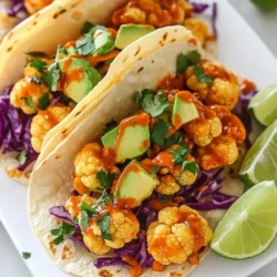 - 1 medium head of cauliflower, cut into bite-sized florets - 1 cup all-purpose flour - 1 cup buttermilk (or plant-based milk for dairy-free) - 1 cup breadcrumbs (panko recommended for crunch) Buffalo cauliflower tacos start with fresh cauliflower florets. Choose a medium head for the best size. The all-purpose flour helps the batter stick. You can use buttermilk or plant-based milk, depending on your diet. Panko breadcrumbs add a crunchy texture that everyone loves. - 1 tablespoon garlic powder - 1 tablespoon onion powder - 1 teaspoon smoked paprika - 1 teaspoon cayenne pepper (adjust to taste) - Salt and pepper to taste - 1 cup buffalo sauce - 8 small corn tortillas - 1 avocado, sliced - 1 cup shredded purple cabbage - Fresh cilantro leaves, for garnish - Lime wedges, for serving Seasoning makes a big difference in flavor. Garlic powder and onion powder create a savory base. Smoked paprika adds depth, while cayenne pepper gives a kick. Adjust the cayenne to suit your heat preference. Salt and pepper enhance all the other flavors. Finally, top your tacos with slices of avocado, crunchy cabbage, and fresh cilantro. Lime wedges add a zesty finish. Enjoy these tacos with friends for a fun meal! {{ingredient_image_1}} 1. Preheat the oven and prepare the baking sheet: Set your oven to 425°F (220°C). Line a baking sheet with parchment paper. This helps the cauliflower crisp up without sticking. 2. Mix dry ingredients and buttermilk: In a large bowl, combine 1 cup of all-purpose flour, 1 tablespoon of garlic powder, 1 tablespoon of onion powder, 1 teaspoon of smoked paprika, and 1 teaspoon of cayenne pepper. Add salt and pepper to taste. In another bowl, pour 1 cup of buttermilk. 3. Coat the cauliflower florets: Take each cauliflower floret and dip it into the buttermilk. Let the excess drip off. Then, coat it with the flour mix. Shake off any extra flour before moving on to the breadcrumbs. 4. Bake until crispy and golden brown: Place the coated florets on the baking sheet in a single layer. Bake for about 25-30 minutes. Flip the florets halfway through. They should be crispy and golden when done. 5. Heat the buffalo sauce: While the cauliflower bakes, pour 1 cup of buffalo sauce into a small saucepan. Heat on low until warm, stirring occasionally. This step adds a nice kick to your dish. 6. Warm corn tortillas: Heat 8 small corn tortillas on a skillet. You can also warm them directly over the flames of a gas stove for a few seconds. This makes them soft and easy to fold. 7. Fill and top the tacos: Take a tortilla and add some buffalo cauliflower. Top it with sliced avocado, shredded purple cabbage, and fresh cilantro. For a zesty finish, serve with lime wedges. These simple steps will help you create tasty Buffalo Cauliflower Tacos that everyone will love. Enjoy the crunch and flavor! To make your buffalo cauliflower shine, focus on two main areas: crispiness and spice. - Ensuring crispiness: - Bake the cauliflower at high heat, around 425°F (220°C). This helps achieve a crunchy texture. - Use panko breadcrumbs for extra crunch. They make a big difference! - Flip the florets halfway through baking. This ensures even cooking and browning. - Adjusting spice levels: - Start with one teaspoon of cayenne pepper. You can always add more if you want more heat. - Taste the buffalo sauce before tossing in the cauliflower. Adjust it to your liking by adding a bit of honey or more hot sauce. Pair your tacos with tasty sides and drinks to enhance the meal. - Pairing with sides or additional toppings: - Serve with a side of fresh salsa or guacamole for added flavor. - Add toppings like diced red onions or jalapeños for a zesty kick. - You could also try a sprinkle of queso fresco for creaminess. - Recommended drinks: - A cold beer pairs well with buffalo flavors. Try a light lager or a hoppy IPA. - For non-alcoholic options, a refreshing lemonade complements the spicy tacos nicely. Pro Tips Use Fresh Cauliflower: For the best flavor and texture, select a fresh head of cauliflower with tightly packed florets and vibrant color. Adjust the Spice Level: Feel free to modify the amount of cayenne pepper in the recipe to match your heat preference. Start with less and add more as needed. Make it Ahead: You can prepare the buffalo cauliflower in advance and reheat it before serving. This helps save time during meal prep. Experiment with Toppings: Customize your tacos by adding ingredients like pickled onions, jalapeños, or a drizzle of ranch dressing for extra flavor. {{image_2}} To make Buffalo Cauliflower Tacos vegan, you can easily substitute buttermilk. Instead of buttermilk, use any plant-based milk. Almond, soy, or oat milk all work well. Just add a splash of vinegar or lemon juice to mimic that tangy flavor. For gluten-free options, replace all-purpose flour with gluten-free flour. You can also find gluten-free breadcrumbs. This way, everyone can enjoy these tasty tacos without worry. You can boost the flavor with different sauces. Try drizzling ranch or barbecue sauce over the tacos for a twist. Creamy avocado sauce also adds a nice touch. Adding more veggies can elevate your tacos. Consider including roasted bell peppers, corn, or diced tomatoes. These ingredients not only add color but also more nutrients. Mix and match to find your favorite combination! After making Buffalo Cauliflower Tacos, you may have some leftovers. To keep them fresh, store the cauliflower and toppings separately. Place the leftover cauliflower in an airtight container. This helps keep it crispy. You can store it in the fridge for about three days. For the toppings, like avocado and cabbage, place them in smaller containers. This keeps them fresh and prevents browning. If you want to save the tortillas, wrap them in foil or place them in a bag. They will stay good in the fridge for about two days. When it's time to eat your leftovers, reheating is key. To keep the cauliflower crispy, avoid the microwave. Instead, use an oven or an air fryer. Preheat the oven to 375°F (190°C). Spread the cauliflower on a baking sheet. Heat it for about 10 to 15 minutes, until it's warm and crispy again. If you use an air fryer, set it to 350°F (175°C). Cook for about 5 to 7 minutes, checking often. This method helps keep that tasty crunch. Enjoy your tacos just like they were fresh! You can use plant-based milk as a great option. Almond milk or soy milk works well. Add a splash of vinegar or lemon juice to mimic buttermilk. This will give it that tangy taste. Yes! You can prep the cauliflower and keep it in the fridge. Coat the florets and store them in an airtight container. Bake them when you're ready to eat. You can also warm the tortillas and toppings ahead of time. Absolutely! Baking is a healthier choice. It cuts down on oil and keeps the cauliflower crispy. Plus, you still get that golden finish. Baking gives you that crunch without the extra fat. Buffalo Cauliflower Tacos are a tasty, easy meal made with simple ingredients and steps. We covered how to prepare crispy cauliflower, the best seasonings, and smart serving tips. You can adjust spice levels and experiment with different flavors. These tacos fit many diets, too. Enjoy them fresh or save leftovers for later. I hope you feel inspired to try this recipe and share it with friends. It’s a fun way to enjoy a classic dish with a twist.