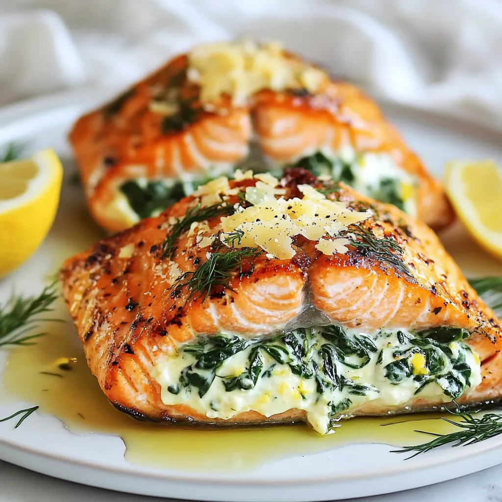 - 4 salmon fillets (6 oz each) - 2 cups fresh spinach, chopped - 3 cloves garlic, minced - 1 cup cream cheese, softened - 1/4 cup grated Parmesan cheese - 1/2 teaspoon lemon zest - 1/4 teaspoon black pepper - 1/4 teaspoon salt - 2 tablespoons olive oil - 1 tablespoon fresh dill, chopped (optional) The key to making creamy garlic spinach stuffed salmon is using fresh ingredients. I like to use wild-caught salmon for its rich flavor. Fresh spinach adds a lovely green color and taste. Garlic gives the dish a bold kick. Cream cheese makes the filling smooth and creamy. Parmesan cheese brings in a salty, nutty touch. Lemon zest adds brightness and freshness. Black pepper and salt enhance all the flavors. When you gather these ingredients, make sure they are high quality. This choice makes a big difference in your dish. Each ingredient plays a role in making the salmon juicy and tasty. {{ingredient_image_1}} - Preheat your oven to 375°F (190°C). - Heat 1 tablespoon of olive oil in a skillet over medium heat. - Add 3 minced garlic cloves and sauté for 1 minute, until fragrant. - Toss in 2 cups of chopped spinach. Cook for 2-3 minutes until wilted. - Remove the skillet from heat and let it cool. - In a bowl, mix 1 cup of softened cream cheese, cooked spinach, garlic, and 1/4 cup grated Parmesan. - Add 1/2 teaspoon lemon zest, 1/4 teaspoon black pepper, and 1/4 teaspoon salt. Stir until smooth. - Place 4 salmon fillets on a cutting board. - Use a sharp knife to make a pocket in each fillet. Cut carefully, but don’t slice all the way through. - Fill each salmon pocket generously with the creamy spinach mixture. - Heat the remaining tablespoon of olive oil in an oven-proof skillet over medium-high heat. - Place the stuffed salmon fillets skin-side down in the skillet. Sear for 3-4 minutes until the skin is crispy. - Transfer the skillet to your preheated oven. Bake for 10-12 minutes until the salmon flakes easily. - For a nice touch, sprinkle fresh dill before serving if you like. How to choose the right salmon fillets Look for fresh salmon that has bright color and moist skin. The fillets should smell like the ocean, not fishy. Choose fillets that are about 6 oz for even cooking. Ensuring the filling stays inside Make a pocket in each fillet without cutting all the way through. This keeps the filling secure. Stuff it generously but don’t overfill, or it may spill out during cooking. Checking doneness of the salmon Salmon is done when it flakes easily with a fork. You can also check the internal temperature. It should reach 145°F (63°C). If it looks opaque and the flesh is firm, it’s ready. Best sides to serve with stuffed salmon Pair stuffed salmon with quinoa, rice, or steamed vegetables. A light salad also works well. Each side adds balance and color to your plate. Garnishing ideas Add lemon wedges on the side for a fresh zing. Fresh herbs like dill or parsley make your dish pop. A sprinkle of extra Parmesan gives a nice touch, too. Using different herbs and spices Try adding basil, thyme, or oregano for new flavors. You can even use a bit of paprika for some heat. This makes each bite exciting and unique. Adding more cheese or cream for richness If you love cheese, add more Parmesan or a bit of feta. A splash of heavy cream can also make the filling even creamier. Adjust to your taste for a richer dish. Pro Tips Use Fresh Spinach: Fresh spinach will yield the best flavor and texture. Avoid using frozen spinach, as it can be too watery and affect the stuffing consistency. Season the Salmon: For an extra layer of flavor, lightly season the salmon fillets with salt and pepper before stuffing them. Check for Doneness: Salmon is perfectly cooked when it flakes easily with a fork and has an internal temperature of 145°F (63°C). Use a meat thermometer for accurate results. Experiment with Cheese: Feel free to substitute the Parmesan cheese with other varieties like feta or goat cheese for a different flavor profile. {{image_2}} You can change the filling in your salmon to keep things fresh. Instead of spinach, try using other greens like kale or Swiss chard. These options can add a different flavor and texture. You can also mix in herbs, like basil or parsley, to enhance the taste. For cheese, cream cheese is great, but you can swap it for feta or goat cheese. Feta adds a salty punch, while goat cheese gives a tangy twist. Each cheese will change the dish's flavor, making it fun to experiment. You can cook your salmon in different ways to suit your taste. Baking is the most common method. It keeps the salmon moist and allows the filling to meld nicely. Grilling is another option. It adds a lovely smoky flavor. Just watch the salmon closely. It cooks faster on the grill. If you want a quicker way, try using an air fryer. It cooks the salmon quickly and makes the skin crispy. Set your air fryer to 375°F and cook for about 8-10 minutes. The result is just as delicious! If you need to make this dish gluten-free, you’re in luck! All the main ingredients are gluten-free. Just make sure any additional products you use, like seasonings, are also gluten-free. For dairy-free versions, use plant-based cream cheese. There are many options available that taste great. You can also skip the cheese altogether and add more herbs and spices. This change will still give you a tasty meal while keeping it dairy-free. To keep your creamy garlic spinach stuffed salmon fresh, place leftovers in an airtight container. This helps prevent moisture loss and keeps flavors intact. Store it in the fridge. Leftover salmon stays fresh for about 2 to 3 days. If you want to keep it longer, consider freezing it. Wrap the salmon tightly in plastic wrap and then place it in a freezer bag. It can stay good for up to 2 months in the freezer. When reheating salmon, aim for gentle methods to avoid drying it out. One great way is to use the oven. Preheat it to 275°F (135°C) and place the salmon on a baking dish. Cover it loosely with foil to keep moisture in. Heat for about 15 minutes or until warm. The ideal temperature for reheating cooked salmon is around 125°F (52°C). You can also reheat it in the microwave. Use low power and heat in short bursts. This helps keep the fish moist and tasty. Can I use frozen salmon for this recipe? Yes, you can use frozen salmon. Just make sure to thaw it first. Thawed salmon cooks more evenly. If you skip thawing, the cooking time may change. How do I know when the salmon is fully cooked? The salmon is done when it flakes easily with a fork. It should be opaque and not translucent. You can also use a meat thermometer. It should read 145°F (63°C) at the thickest part. Can I prepare the filling in advance? Yes, you can prepare the filling a day ahead. Store it in the fridge in an airtight container. Just remember to bring it back to room temperature before using. What are good side dishes to serve with creamy garlic spinach stuffed salmon? Some great side dishes include: - Quinoa - Rice - Steamed vegetables - Roasted potatoes These sides balance the richness of the salmon well. Is it safe to reheat cooked salmon? Yes, it is safe to reheat cooked salmon. Just make sure to heat it gently. Use low heat in the oven or microwave. Avoid overcooking, as this can dry it out. You learned how to make delicious creamy garlic spinach stuffed salmon. We covered all the ingredients, step-by-step cooking, tips, and variations. Remember to pick the freshest salmon and check doneness properly. Feel free to experiment with different herbs, and don’t hesitate to modify for dietary needs. With these tools and ideas, you’ll impress anyone at your dinner table. Enjoy your cooking adventure!