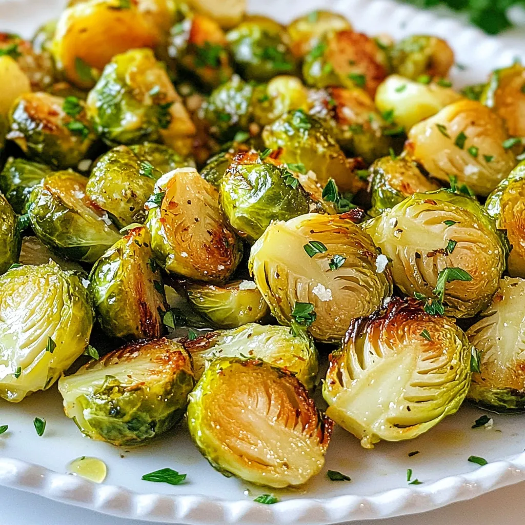 To make Garlic Herb Roasted Brussels Sprouts, you need the following ingredients: - 1 lb Brussels sprouts, trimmed and halved - 4 cloves garlic, minced - 3 tablespoons olive oil - 1 teaspoon dried thyme - 1 teaspoon dried rosemary - 1 teaspoon sea salt - 1/2 teaspoon black pepper - 1 tablespoon balsamic vinegar (optional for a tangy finish) - Fresh parsley for garnish (optional) These ingredients work together to create a flavorful dish that shines on any table. You might not have every ingredient at hand. Here are some easy swaps: - Brussels sprouts: Try using broccoli or green beans instead. - Olive oil: Canola oil or avocado oil works well too. - Dried herbs: Fresh thyme or rosemary can replace dried ones. Use three times more fresh herbs for good flavor. - Balsamic vinegar: Use red wine vinegar or lemon juice for a different twist. - Sea salt: Regular salt will work if sea salt is not available. These swaps help you keep the recipe tasty, even with changes. Using fresh Brussels sprouts gives the best results. They are crisp and full of flavor. Look for bright green sprouts with tight leaves. Frozen Brussels sprouts can work in a pinch. They are often blanched before freezing, which can soften them. If using frozen, roast them a bit longer to get a nice texture. For the best taste and look, I recommend fresh sprouts. They truly bring this dish to life! {{ingredient_image_1}} To start, you need to trim and halve your Brussels sprouts. First, remove any yellow leaves. Then, cut each sprout in half from top to bottom. This cut helps them cook evenly. You want them to be tender and crispy. Rinse the sprouts under cold water to clean them. Pat them dry with a paper towel. A dry sprout will roast better. In a large bowl, combine the halved Brussels sprouts with minced garlic. Next, pour in the olive oil. This oil gives them a nice flavor and helps them crisp up. Toss everything together so each sprout gets coated. Then, add the dried thyme, rosemary, sea salt, and black pepper. Mix again to ensure even seasoning. You can add balsamic vinegar later for a tangy touch. Spread the seasoned sprouts in a single layer on a baking sheet lined with parchment paper. This step helps with cleanup. Roast them in a preheated oven at 400°F for 20-25 minutes. Halfway through, turn the sprouts to get them golden brown on all sides. If you added balsamic vinegar, drizzle it on during the last 5 minutes of roasting. This will enhance the flavor. Once done, they should be crisp-tender and full of flavor. Let them cool for a minute, then garnish with fresh parsley if desired. Enjoy your tasty side dish! To make your Brussels sprouts shine, experiment with seasoning. You can mix garlic with lemon zest for a bright twist. Try adding chili flakes for heat or smoked paprika for depth. A sprinkle of Parmesan cheese at the end can add a savory touch. For a sweeter flavor, consider maple syrup. It pairs well with the earthiness of the Brussels sprouts. Achieving a crunchy texture is easy with a few steps. First, make sure your Brussels sprouts are dry before roasting. Excess moisture can lead to sogginess. Use a high temperature, like 400°F, to create that golden brown outside. Turning them halfway through roasting helps them crisp evenly. If you want extra crunch, space them out on the baking sheet. Overcrowding can cause steaming instead of roasting. Garlic herb roasted Brussels sprouts make a great side dish. They pair well with roasted chicken or grilled steak. Serve them with a squeeze of fresh lemon juice for brightness. They also go well with grains, like quinoa or farro, for a hearty meal. For a complete vegetarian dish, add them to pasta with a light sauce. You might also enjoy them on a salad with nuts and cheese. Pro Tips Choose Fresh Brussels Sprouts: Select Brussels sprouts that are firm and bright green for the best flavor and texture. Even Roasting: Make sure to spread the Brussels sprouts in a single layer on the baking sheet to ensure they roast evenly. Customize Your Herbs: Feel free to experiment with different herbs such as oregano or sage for a unique twist on the flavor profile. Perfectly Golden Brown: Keep an eye on the Brussels sprouts in the last few minutes of roasting to achieve that perfect golden brown color without burning. {{image_2}} You can change the flavor of your Brussels sprouts with different herbs and spices. Try using fresh herbs like basil or dill for a new taste. You can also add a pinch of red pepper flakes for heat. If you enjoy a smoky flavor, smoked paprika works nicely too. Experimenting with herbs and spices can make this dish exciting every time. This recipe is already vegetarian, but you can easily make it vegan. Just ensure your balsamic vinegar is vegan-friendly. You can also add nutritional yeast for a cheesy flavor without using dairy. If you want extra protein, toss in some cooked chickpeas before roasting. These simple swaps keep the dish tasty and satisfying. If you want to cook your Brussels sprouts faster, try an air fryer. Set it to 375°F (190°C) and cook for about 15 minutes. Shake the basket halfway through for even cooking. Grilling is another fun method. Coat the sprouts with olive oil, then place them on a grill basket. Grill for about 10-15 minutes until they are tender and have nice char marks. Both methods give a delicious twist to the classic recipe. To store leftover Garlic Herb Roasted Brussels Sprouts, wait until they cool. Place them in an airtight container. This keeps them fresh for about three to four days in the fridge. Make sure to seal the container tightly. This helps prevent them from drying out. When you want to enjoy them again, simply take them out and reheat. You can freeze Brussels sprouts for later use. First, let them cool completely. Then, place them in a freezer-safe bag. Squeeze out the air before sealing. Label the bag with the date. They will stay good for about three months in the freezer. When you’re ready to use them, thaw them in the fridge overnight. For the best flavor when reheating, use the oven. Preheat it to 350°F (175°C). Place the leftover Brussels sprouts on a baking sheet. Bake them for about 10-15 minutes. This will help them regain their crispness. If you prefer, you can also use a microwave. Just heat them for one to two minutes. However, this may make them less crispy. Adding a little olive oil can help keep them tasty. Yes, you can swap Brussels sprouts with other veggies. Try broccoli, cauliflower, or carrots. These vegetables roast well and soak up flavors nicely. Just make sure to cut them to a similar size. This way, they cook evenly with the same timing. To keep Brussels sprouts crisp, avoid overcooking them. Roast them at high heat. Preheat your oven to 400°F (200°C). Spread the sprouts in a single layer on the baking sheet. Make sure they are not crowded. Turn them halfway through roasting for even cooking. If you lack olive oil, use other oils like canola or avocado oil. These oils also work well. You can even try melted butter for a rich flavor. Just remember to use the same amount as the recipe calls for. To make tasty Brussels sprouts, we covered the best ingredients and tips. Using fresh or frozen sprouts impacts taste. Seasoning and roasting techniques help you get that crunchy texture. Remember, variations can keep meals fun. You can also store and reheat leftovers to enjoy later. With these steps, you can create delicious dishes that impress anyone. Enjoy your cooking journey!