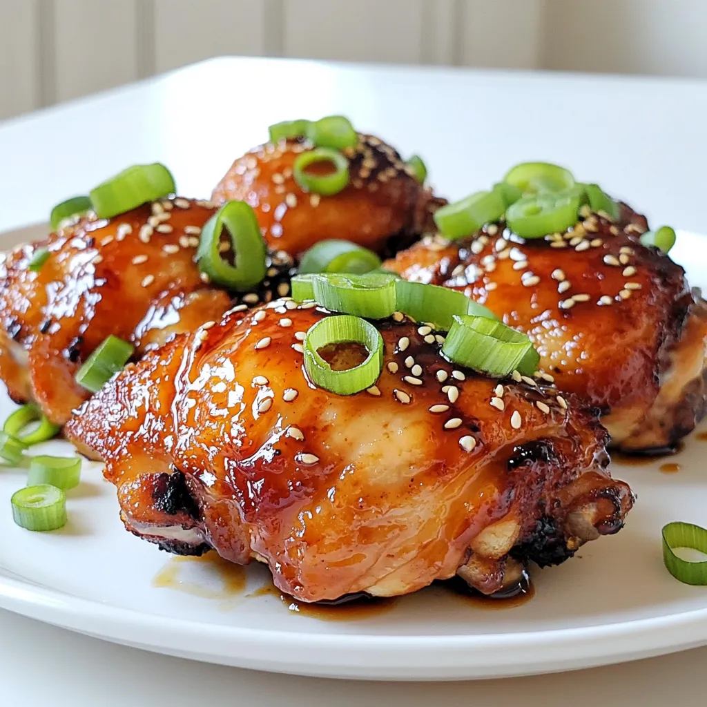 To make Air Fryer Teriyaki Chicken Thighs, gather these simple ingredients: - 4 boneless, skinless chicken thighs - 1/4 cup soy sauce (or tamari for gluten-free) - 2 tablespoons honey or maple syrup - 2 tablespoons rice vinegar - 1 tablespoon sesame oil - 2 cloves garlic, minced - 1 teaspoon freshly grated ginger - 1 tablespoon cornstarch - 1/2 teaspoon black pepper - Sliced green onions and sesame seeds for garnish You can swap some ingredients if needed. Use tamari instead of soy sauce for gluten-free meals. Honey can be replaced with maple syrup if you prefer. Rice vinegar can be replaced with apple cider vinegar for a different taste. If you do not have ginger, use ginger powder in half the amount. These changes keep the flavor while fitting your needs. When picking chicken thighs, look for fresh, bright color. The skin should be smooth and not slimy. If buying bone-in thighs, check that the bones look clean. If you can, buy organic or free-range chicken. This often means better taste and quality. Always check the sell-by date to ensure freshness. To make the teriyaki marinade, gather your ingredients. You need soy sauce, honey or maple syrup, rice vinegar, sesame oil, minced garlic, and grated ginger. In a bowl, mix these until smooth. Whisk them together well to blend all the flavors. This marinade brings a sweet and savory taste to the chicken. Next, it’s time to marinate the chicken thighs. Place them in a resealable bag or bowl. Pour the marinade over the chicken, making sure each piece is coated. Seal the bag or cover the bowl. Refrigerate for at least 30 minutes. If you have time, let it sit for up to 2 hours. This will make your chicken taste even better. Now, let's cook the chicken. First, preheat your air fryer to 380°F (193°C) for about 5 minutes. Remove the chicken from the marinade, letting the extra drip off. Place the thighs in the air fryer basket in a single layer. Sprinkle cornstarch and black pepper on top. This helps the chicken get crispy. Cook for 18 to 20 minutes. Flip the thighs halfway through for even cooking. Your chicken is done when it reaches 165°F (74°C) and looks golden brown. While it's cooking, heat the reserved marinade in a saucepan until it thickens. Once done, drizzle the sauce over the chicken and enjoy! To get that perfect crunch, start with dried chicken. Pat the thighs dry with paper towels. This removes moisture and helps them crisp up. Sprinkle cornstarch on the thighs before cooking. This step is key for crispiness. It creates a nice outer layer when cooked. Flip the chicken halfway through cooking. This ensures even browning on both sides. Set your air fryer to 380°F (193°C). Preheat it for about 5 minutes. This helps the chicken cook evenly. Cook the thighs for 18-20 minutes. Make sure to check the internal temperature. It should reach 165°F (74°C). If the chicken is not golden brown yet, cook it a bit longer. One common mistake is skipping the marinade. Marinating adds great flavor and moisture. Another mistake is overcrowding the air fryer. Always place the chicken in a single layer. This allows air to circulate freely. Lastly, don’t skip the cornstarch! It is crucial for getting that crispy crust. {{image_2}} You can use honey or maple syrup in this recipe. Honey gives a rich, sweet flavor. Maple syrup adds a unique taste with a hint of earthiness. Both options work great. If you want a classic teriyaki taste, stick with honey. For a twist, try maple syrup. You can even mix them for a perfect balance. If you need a gluten-free version, use tamari instead of soy sauce. Tamari is a great swap and tastes similar. Ensure all other ingredients are gluten-free, too. Check labels on sauces and vinegar. You can still enjoy the same delicious teriyaki flavor without gluten! Want to make it a complete meal? Add vegetables! Bell peppers, broccoli, and snap peas work well. Toss the veggies in the marinade for extra flavor. You can air fry them along with the chicken. This method gives you crispy chicken and tasty veggies in one dish. Plus, it adds color and nutrition! To keep your teriyaki chicken fresh, let it cool first. Place it in an airtight container. You can store it in the fridge for up to 3 days. Be sure to keep the sauce separate to avoid sogginess. For the best taste, reheat the chicken in the air fryer. Set it to 350°F (175°C) for about 5-7 minutes. This helps keep the chicken crispy. You can also use a microwave. Heat it on high for 1-2 minutes, but it may lose some crispness. If you want to freeze the chicken, wrap it tightly in plastic wrap. Then, place it in a freezer bag. It stays good for up to 3 months. When ready to eat, thaw it overnight in the fridge. Reheat as mentioned above for the best flavor. You should air fry chicken thighs for 18 to 20 minutes. Flip them halfway through. This helps them cook evenly and get crispy. Always check the internal temperature. It should reach 165°F (74°C) for safety. Yes, you can use chicken breasts instead of thighs. However, thighs stay juicier and more tender. If you use breasts, cook them for about 15 to 18 minutes. Check the same internal temperature to ensure they are safe to eat. Teriyaki chicken thighs pair well with rice. You can serve white rice or brown rice for a healthy option. Steamed vegetables are also great. Try broccoli, snap peas, or bell peppers. Add a simple salad for a fresh touch. To tell if chicken is fully cooked, use a meat thermometer. Insert it into the thickest part of the thigh. The temperature should read 165°F (74°C). If you don’t have a thermometer, cut into the chicken. The juices should run clear, not pink. You now have a detailed guide for making air fryer teriyaki chicken thighs. We've covered the important ingredients, simple steps, and tasty variations. You learned how to get that crispy texture and avoid common mistakes. Remember to store any leftovers well and reheat them to maintain flavor. Whether you're a beginner or an expert, this recipe is easy to make and share. Enjoy cooking this delicious dish and impress your friends or family with your skills!