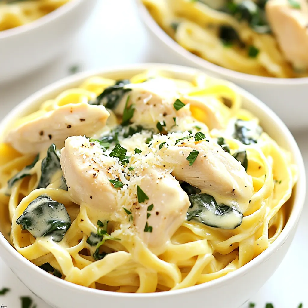 - 1 lb boneless, skinless chicken breasts, diced - 2 tablespoons olive oil - 3 cloves garlic, minced - 2 cups chicken broth - 8 oz fettuccine pasta - 1 cup heavy cream - 1 cup grated Parmesan cheese The chicken is the star here. I use skinless, boneless pieces for quick cooking. Dicing them helps cook evenly. The pasta must be fettuccine for that classic Alfredo style. It holds the sauce well. The heavy cream gives a rich, smooth texture. Parmesan cheese adds flavor and thickness. - 1/2 teaspoon salt - 1/2 teaspoon black pepper - 1/4 teaspoon nutmeg Salt and pepper bring out the best in this dish. Nutmeg adds a warm, unique note. Each spice enhances the creamy sauce. I always taste as I go to get it just right. - 2 cups fresh spinach - Fresh parsley, chopped (for garnish) Spinach is a great way to sneak in some greens. It wilts quickly in the heat. A sprinkle of parsley adds color and freshness. You can mix and match these optional items based on what you like! {{ingredient_image_1}} Searing the Chicken Start by heating olive oil in a large pot over medium-high heat. Add 1 pound of diced chicken. Cook the chicken until it’s browned on all sides. This should take about 5 to 7 minutes. Browning adds great flavor. Adding Garlic Next, lower the heat to medium. Toss in 3 cloves of minced garlic. Stir it for about 1 minute. You want the garlic to become fragrant but not burnt. Garlic adds a lovely aroma to your dish. Simmering with Chicken Broth Now, pour in 2 cups of chicken broth. Bring it to a gentle simmer. This broth will give your pasta lots of flavor. Cooking the Fettuccine Add 8 ounces of fettuccine pasta to the pot. Make sure the pasta is fully submerged in the broth. Cover the pot and cook for 10 to 12 minutes. Stir it occasionally until the pasta is al dente. This means it should be firm but not hard. Incorporating Heavy Cream Once the pasta is cooked, reduce the heat to low. Pour in 1 cup of heavy cream. The cream makes the sauce rich and smooth. Adding Parmesan Cheese Then, add 1 cup of grated Parmesan cheese. Stir until the cheese melts into the sauce. Also, add 1/2 teaspoon of salt, 1/2 teaspoon of black pepper, and 1/4 teaspoon of nutmeg. These spices enhance the flavor of your dish. Mix everything well until it’s creamy and delicious. If you want, you can toss in 2 cups of fresh spinach. Let it wilt for about 2 to 3 minutes. This adds color and nutrition to your meal. Finally, taste the sauce and adjust the seasoning if needed. Browning Chicken Properly Start by heating olive oil in your pot. Add the diced chicken in a single layer. Let it cook untouched for a few minutes. Use high heat to get a nice brown color. This step adds flavor to your dish. Browned chicken tastes better! Avoiding Overcooked Pasta Cook the fettuccine with the chicken broth. Stir it gently as it cooks. Set a timer for 10 minutes. Check for doneness. You want it al dente, which means it should still be firm. If you overcook pasta, it becomes mushy and loses its texture. Plating Ideas Serve the One Pot Chicken Alfredo in shallow bowls. This lets the sauce shine. Drizzle some extra cream sauce over the top. It makes the dish look richer and more inviting. Garnishing Tips Chop fresh parsley and sprinkle it on top. This adds color and freshness. You can also add a pinch of black pepper for some extra flavor. A little garnish goes a long way! Using Cold Ingredients Make sure all your ingredients are at room temperature. Cold chicken or cream can change cooking times. It can lead to uneven cooking. Always prep ahead to avoid this issue. Skipping Seasoning Adjustments Taste your dish before serving. If it lacks flavor, adjust the seasoning. Add more salt, pepper, or even a dash of nutmeg. Small tweaks can make a big difference in taste! Pro Tips Use Fresh Ingredients: For the best flavor, opt for fresh garlic and high-quality Parmesan cheese. They make a significant difference in the creaminess and overall taste of your Alfredo sauce. Cook Pasta Al Dente: Ensure that your fettuccine is cooked al dente for the perfect texture. It will continue to cook slightly in the sauce, so avoid overcooking it in the broth. Add Extra Veggies: Consider including other vegetables like mushrooms or bell peppers for added flavor and nutrition. Sauté them with the garlic for a delicious mix. Adjust Creaminess: If you prefer a thicker sauce, let it simmer a little longer after adding the cream and cheese. Just be careful not to let it boil, as this can cause separation. {{image_2}} Using Shrimp You can swap chicken for shrimp. Shrimp cooks fast and adds a sweet touch. Use about 1 lb of peeled shrimp. Add it after the garlic, cooking for 3-4 minutes. This change gives a nice seafood twist. Substituting with Tofu For a plant-based option, use tofu. Choose firm tofu for the best texture. Cut 1 lb into cubes and sauté it like chicken. Tofu absorbs flavors well, making it a great choice for this dish. Gluten-Free Options If you're avoiding gluten, use gluten-free pasta. Options like brown rice or chickpea pasta work well. Just check the package for cooking times. These pastas keep the dish tasty and safe for those with gluten allergies. Different Pasta Shapes Fettuccine is traditional, but feel free to use other shapes. Penne, rigatoni, or even spaghetti can work. Each shape holds sauce differently, giving a new taste experience. Adding Vegetables You can boost nutrition by adding veggies. Spinach is a good choice, but try peas or bell peppers too. Add them when you stir in the cream. They cook quickly and add color. Changing the Cheese While Parmesan is classic, you can mix it up. Try using pecorino or a blend of cheeses. Each cheese gives a unique flavor profile, making your dish special every time. How to Store Leftovers After enjoying your One Pot Chicken Alfredo, let the dish cool down. Place the leftovers in an airtight container. This helps keep the flavors fresh. You can store it in the fridge for up to three days. Best Practices for Reheating When you're ready to enjoy the dish again, use a skillet. Heat it on low. Add a splash of chicken broth or cream to keep it creamy. Stir often to heat evenly. You can also use the microwave. Just cover it with a lid or microwave-safe wrap to avoid spills. Freezing Instructions If you want to save some for later, freezing is a great option. Let the dish cool completely. Then, transfer it into freezer-safe containers. Make sure to leave some space at the top. This allows for expansion when it freezes. You can freeze it for up to two months. Thawing Tips When you're ready to eat your frozen Alfredo, move it to the fridge to thaw overnight. This keeps the texture nice. If you're in a hurry, you can also thaw it in the microwave. Just use the defrost setting and stir as it thaws. Recommended Storage Times For the best taste and quality, eat your refrigerated One Pot Chicken Alfredo within three days. If you freeze it, aim to use it within two months. Eating it within these times helps ensure the flavors stay fresh and delicious. Yes, you can use whole wheat pasta in this recipe. Whole wheat pasta has more fiber than regular pasta. This fiber can help with digestion and keep you full longer. Whole wheat pasta also has a nuttier flavor, which adds depth to the dish. Just remember to adjust the cooking time. Whole wheat pasta may need a bit longer than regular fettuccine. Keep an eye on it so it stays al dente. To make this dish dairy-free, swap the heavy cream and cheese. Use coconut cream or cashew cream instead. Both give a nice creamy texture. For cheese, try a dairy-free Parmesan made from nuts or nutritional yeast. These options still give a rich taste without the dairy. You can also add a splash of almond or soy milk for extra creaminess. Many tasty sides go well with One Pot Chicken Alfredo. Consider a simple green salad with a light vinaigrette. The freshness of the salad balances the creaminess of the pasta. Garlic bread is another great choice. It’s perfect for soaking up the sauce. Roasted vegetables can also add flavor and color to your meal. Try broccoli or zucchini for a nice touch. We've covered the key ingredients and steps to make a delicious One Pot Chicken Alfredo. You learned how to prepare chicken and pasta while creating a creamy sauce with cheese. We explored tips to avoid common mistakes and shared variations for different diets. Remember, cooking is about experimenting and having fun. Don't be scared to try new ingredients or add your own twist to this classic dish. Happy cooking!