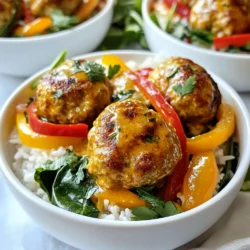 For the Thai red curry meatballs, you need the following main ingredients: - 1 pound ground chicken or turkey - 1/2 cup breadcrumbs (preferably panko) - 1/4 cup fresh cilantro, chopped - 2 tablespoons Thai red curry paste - 1 tablespoon fish sauce (or soy sauce for a vegetarian option) - 1 teaspoon ginger, grated - 2 cloves garlic, minced These ingredients form the base of the meatballs. The ground chicken or turkey keeps them light. Breadcrumbs add texture. The cilantro gives a fresh taste. Thai red curry paste brings heat and flavor. Fish sauce adds umami, but you can use soy sauce for a vegetarian option. Ginger and garlic add depth. The curry sauce uses these key ingredients: - 1 can (14 oz) coconut milk - 1 tablespoon lime juice - 1 cup bell peppers, sliced (red or yellow for color) - 1 cup baby spinach - Salt and pepper to taste Coconut milk makes the sauce creamy and rich. Lime juice adds a bright note. Bell peppers add color and crunch. Baby spinach adds nutrients and a pop of green. Season with salt and pepper to your taste. If you need alternatives, consider these options: - Use ground beef or pork instead of chicken or turkey. - Try quinoa or oats instead of breadcrumbs for a gluten-free option. - Use tamari instead of soy sauce for a gluten-free soy sauce. - Add other veggies like zucchini or carrots for more nutrition. These substitutions can change the dish while keeping its essence. Explore different options to suit your taste or dietary needs. {{ingredient_image_1}} First, preheat your oven to 400°F (200°C). This helps the meatballs cook evenly. Next, take a large mixing bowl. Add 1 pound of ground chicken or turkey. Then, sprinkle in 1/2 cup of breadcrumbs. I prefer panko for extra crunch. Chop 1/4 cup of fresh cilantro and add it to the bowl. Now, add 2 tablespoons of Thai red curry paste. This gives the meatballs a great flavor. Next, pour in 1 tablespoon of fish sauce or soy sauce for a vegetarian option. Grate 1 teaspoon of ginger and add it. Don't forget to add 2 cloves of minced garlic. Finally, season with salt and pepper to taste. Mix everything well with your hands. Form the mixture into small meatballs. Aim for about 1 to 1.5 inches in size. Place them on a baking sheet lined with parchment paper. Once you've formed the meatballs, place them in the oven. Bake for about 20 minutes. You want them to be cooked through and slightly golden. The smell will be amazing while they bake! While the meatballs bake, let's make the curry sauce. Take a large skillet and set it over medium heat. Pour in one can of coconut milk. Bring it to a gentle simmer. This will be the base of your sauce. Next, stir in 1 tablespoon of lime juice. Then, add 1 cup of sliced bell peppers. Red or yellow peppers add nice color. Season the sauce with a pinch of salt and let it cook for about 5 minutes. You want the bell peppers to soften. After the meatballs are done baking, add them to the skillet. Gently toss them in the sauce. Add 1 cup of baby spinach and let it cook for another 2 to 3 minutes. The spinach will wilt and blend nicely with the sauce. Taste the sauce, and if it needs more seasoning, adjust it now. Serve your Thai red curry meatballs hot over cooked jasmine rice. Enjoy your flavorful and easy meal! To make the best meatballs, start with fresh ground chicken or turkey. Use panko breadcrumbs for a light texture. Mix well but don’t overwork the meat. This keeps them tender. When shaping, aim for small, even balls, about 1 to 1.5 inches wide. Place them on a lined baking sheet to prevent sticking. Bake until golden brown, about 20 minutes. Thai red curry paste brings heat, but you can adjust it. If you want less spice, use less paste. Start with one tablespoon and taste as you go. You can also add a bit of sugar to balance the heat. For heat lovers, add fresh chili slices or extra curry paste. Always taste your sauce before serving. Serve your meatballs over fluffy jasmine rice. The rice soaks up the curry sauce well. You can add fresh veggies like bell peppers and baby spinach for color and crunch. Top with extra cilantro for freshness. A side of lime wedges adds a nice zing. For a complete meal, pair it with a simple green salad or steamed broccoli. Enjoy! Pro Tips Use Fresh Herbs: Fresh cilantro adds a vibrant flavor to the meatballs. Ensure you chop it finely for an even distribution throughout the mixture. Adjust Spice Level: If you prefer a milder dish, start with a smaller amount of red curry paste and gradually increase until it suits your taste. Don't Overcook the Meatballs: Keep an eye on the meatballs while baking. They should be slightly golden and cooked through but not dry. Serve with Jasmine Rice: The fragrant jasmine rice complements the rich curry sauce beautifully. Consider garnishing with extra cilantro or lime wedges for added freshness. {{image_2}} You can make meatballs without meat! Use a mix of lentils and mushrooms for a tasty filling. Cook the lentils until soft, then chop the mushrooms finely. Mix these with breadcrumbs, Thai red curry paste, and spices. Use soy sauce instead of fish sauce for flavor. These veggie meatballs taste great with the curry sauce. Don’t feel stuck with chicken or turkey. You can try ground beef or pork for a richer flavor. If you want something lighter, ground turkey is a good choice. For a unique twist, use shrimp or even fish. Just make sure to adjust the cooking time, as seafood cooks quickly. You can enhance your dish with fun extras. Add chopped bell peppers or carrots to the meatball mix for crunch. Fresh herbs like basil or mint add a fresh taste. You could even mix in some chopped nuts for texture. Serve the meatballs with lime wedges for a zesty kick! To store leftover meatballs, let them cool first. Place them in an airtight container. You can keep them in the fridge for up to three days. Make sure to separate them from the sauce. This helps prevent them from getting too soggy. When you’re ready to eat, there are easy ways to reheat. You can use the microwave for quick heating. Just place the meatballs on a safe dish and cover them. Heat in short bursts, checking often. If you want to keep them moist, add a little sauce. You can also reheat them in a skillet. Just add a splash of water or sauce, and cover while they warm up. This keeps them juicy. Freezing is a great option if you want to save some for later. First, ensure the meatballs are cool. Place them on a baking sheet lined with parchment paper. Freeze them for about an hour until solid. After that, transfer them to a freezer bag. Be sure to label the bag with the date. They can last for up to three months in the freezer. To use, thaw in the fridge overnight before reheating. Yes, you can use ground beef or pork. Both options add rich flavor. They may change the texture a bit, but they will still taste great. Just make sure to cook them well to keep the meatballs safe to eat. If you want a substitute for fish sauce, use soy sauce. It gives a similar umami taste. You can also try a mix of soy sauce and lime juice. This makes a good option for those who want a vegetarian dish. To add more heat, use extra Thai red curry paste. You can also add chopped fresh chillies. Another option is to serve the meatballs with a side of spicy chili sauce. Adjust to your spice level! Yes, you can make these meatballs ahead of time. You can bake them and store them in the fridge. Just reheat them in the sauce before serving. This saves time on busy days! You learned how to make Thai Red Curry Meatballs. We covered the main ingredients, steps, and tips. You can also try variations or store leftovers. Remember, spice levels can adapt to your taste. Whether you enjoy meat, seafood, or vegetarian options, there’s a way to make this dish suit you. Now, get in the kitchen and create a meal that excites your taste buds. Enjoy the process and share your culinary success!