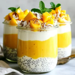 To make Mango Coconut Chia Pudding, you need simple and fresh ingredients. Here’s what you will need: - 1 cup coconut milk (canned or carton) - 1/4 cup chia seeds - 2 tablespoons maple syrup or honey (adjust to taste) - 1 ripe mango, diced - 1/2 teaspoon vanilla extract - A pinch of salt - Toasted coconut flakes for garnish - Fresh mint leaves for garnish These ingredients create a rich and creamy pudding. Coconut milk gives it a smooth texture and a lovely taste. The chia seeds thicken the pudding and add a nice crunch. You can use maple syrup or honey for sweetness, according to your taste. The ripe mango adds freshness and a burst of flavor. A hint of vanilla and a pinch of salt round out the taste perfectly. To make it look beautiful, top your pudding with toasted coconut flakes and fresh mint leaves. This dish is not only delicious; it is also visually appealing. {{ingredient_image_1}} Start by taking a mixing bowl. In it, whisk together the coconut milk, chia seeds, maple syrup, vanilla, and salt. Make sure everything mixes well. The chia seeds need to be evenly spread in the liquid. This step is important for the seeds to absorb and thicken the pudding. After mixing, let the bowl sit for about 10 minutes. This resting time helps activate the chia seeds. They will start to swell and soak up the coconut milk. After the resting period, whisk the mixture again. This helps prevent clumping. You want a smooth pudding base. Now, cover your bowl with plastic wrap or a lid. Place the bowl in the fridge for at least 2 hours or even overnight. This chilling time is vital for thickening the pudding. The chia seeds will absorb the liquid and turn into a creamy texture. Once the pudding has set, take it out of the fridge. Stir it well to ensure a good consistency. If you find it too thick, add a splash of coconut milk. This will help reach your desired texture. When you are ready to serve, grab small jars or bowls. Layer the chia pudding into these containers. This makes for a lovely presentation. Top each layer with diced mango. The sweet mango adds a nice flavor contrast to the pudding. For a finishing touch, sprinkle toasted coconut flakes on top. Add a few fresh mint leaves for color and aroma. This makes your pudding not only tasty but also a feast for the eyes. To get the right texture, adjust the coconut milk. If you want it thicker, use less coconut milk. If you like it thinner, add more. After mixing, let the pudding sit for about 10 minutes. This helps the chia seeds absorb the liquid. Stir it again to keep the seeds from clumping. This step is key to a smooth pudding. You can boost the flavor by trying different sweeteners. Maple syrup gives a nice touch, but honey works too. You can also play with spices for more depth. A dash of cinnamon or nutmeg can change the taste. Just remember to start with a little. You can always add more as you mix. Enjoy experimenting with flavors to find what you love! Pro Tips Use Ripe Mangoes: For the best flavor, make sure to use ripe mangoes that are sweet and fragrant. This will enhance the overall taste of your pudding. Experiment with Sweeteners: Feel free to adjust the sweetness of your pudding by trying different sweeteners like agave syrup or stevia if you prefer a lower-calorie option. Chill for Longer: For a thicker and creamier pudding, consider chilling it overnight. This allows the chia seeds to fully absorb the coconut milk. Garnish Creative: Add additional toppings like fresh berries, sliced bananas, or a drizzle of passion fruit puree for a unique twist on your chia pudding. {{image_2}} You can mix in other fruits to make this pudding even better. Berries add a nice tartness. Strawberries or blueberries work well. You can also try bananas for a creamy texture. Seasonal fruits are great too. In summer, use peaches or nectarines. In fall, apples or pears can be tasty. Just remember to adjust the sweetness based on the fruit you choose. If you want a different taste, try using almond milk or oat milk. These options still keep it creamy and delicious. Cashew milk is another great choice. It has a rich flavor too. You can even make your own non-dairy milk at home. Just blend soaked nuts or oats with water, strain, and enjoy! You might want to cut back on sugar. Try agave nectar or stevia for low-sugar options. Both can add sweetness without the extra calories. You can also use coconut sugar for a more natural taste. Maple syrup is sweet but can be changed out for brown rice syrup if you want something different. Always taste your mix as you swap ingredients to find the right balance. To store your mango coconut chia pudding, keep it in the refrigerator. Use a clean, airtight container. This keeps out air and prevents spills. Make sure to cover it well. If you plan to serve it later, layer your pudding and toppings separately. This helps maintain texture and taste. For freshness, always use a clean spoon when serving. Avoid double-dipping. This simple step helps keep your pudding safe to eat longer. If you use fresh mango on top, add it just before serving. Your mango coconut chia pudding lasts up to five days in the fridge. After that, the chia seeds may lose their texture. You may also notice the mango starting to brown. Signs of spoilage include an off smell or any mold. If you see any changes, it is best to throw it away. Always trust your nose and eyes when checking food. It’s better to be safe than sorry! Chia pudding is a tasty treat made with chia seeds. These tiny seeds soak up liquid and turn thick. They are rich in fiber, protein, and omega-3 fatty acids. Eating chia pudding can help keep you full and satisfied. It also promotes good digestion. This makes it a great choice for breakfast or snacks. Yes, you can make Mango Coconut Chia Pudding ahead of time. This pudding is perfect for meal prep. Just follow the steps and store it in the fridge. It can sit for at least two hours or overnight. Making it in advance helps the flavors mix well. Plus, it saves time on busy mornings. Yes, this recipe is vegan-friendly. It uses coconut milk and maple syrup. Both ingredients come from plants. You can enjoy this pudding without any animal products. Just be sure to check your sweetener. Honey is not vegan, so pick maple syrup if you want to keep it vegan. Mango Coconut Chia Pudding is simple, flavorful, and fun to make. We covered the ingredients you'll need, from coconut milk to ripe mango. You learned how to prepare, set, and serve the pudding for a tasty treat. Remember, you can customize this recipe with different fruits and sweeteners. Enjoy this healthy dessert anytime, and don’t hesitate to experiment with flavors. With some practice, you’ll master the art of chia pudding. Always store it properly, and you’ll have a delicious snack ready whenever you crave it. Happy cooking!