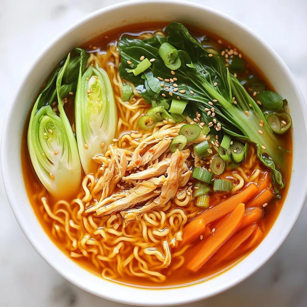 For this Spicy Sesame Chicken Ramen, you'll need: - 2 boneless, skinless chicken thighs - 2 tablespoons sesame oil - 1 tablespoon soy sauce - 1 tablespoon gochujang (Korean chili paste) - 1 teaspoon honey - 4 cups chicken broth - 2 bundles of ramen noodles - 1 cup bok choy, chopped - 1 carrot, julienned - 2 green onions, chopped - 2 cloves garlic, minced - 1 teaspoon ginger, grated - 1 tablespoon sesame seeds - Salt and pepper to taste You can swap some ingredients if needed: - Chicken thighs: Use chicken breast or tofu for a lighter option. - Gochujang: If you can't find gochujang, try sriracha or chili paste. - Bok choy: Spinach or kale can replace bok choy. - Ramen noodles: Any noodle type works, like udon or rice noodles. To boost the taste of your ramen: - Marinate the chicken longer for deeper flavors. - Use low-sodium soy sauce to control saltiness. - Add a splash of lime juice for brightness. - Fresh herbs like cilantro or basil can add a fresh twist. These tips will help you create a delicious bowl of Spicy Sesame Chicken Ramen that warms the soul. {{ingredient_image_1}} 1. First, grab a bowl and mix the soy sauce, gochujang, honey, and a pinch of salt and pepper. 2. Next, add the chicken thighs to the bowl. Make sure they are well-coated in the marinade. 3. Let the chicken marinate for at least 30 minutes. This step adds great flavor. 4. While the chicken marinates, heat the sesame oil in a large pot over medium heat. 5. Add the minced garlic and grated ginger to the pot. Sauté for about 1 minute until fragrant. 6. Now, take the marinated chicken thighs and place them in the pot. Brown them on both sides for about 5-7 minutes. 7. Once browned, remove the chicken and set it aside. 8. Pour the chicken broth into the pot and bring it to a simmer. 9. Add the chopped bok choy and julienned carrots to the broth. Cook for 5-7 minutes until the veggies are tender. 10. Meanwhile, cook the ramen noodles according to the package instructions. Drain them and set aside. 11. Shred the cooked chicken thighs using two forks and return them to the pot. Stir everything to combine. 12. Serve the spicy chicken ramen by placing the cooked noodles in bowls. Ladle the hot broth and veggies over the noodles. 13. Garnish your dish with chopped green onions and a sprinkle of sesame seeds. Marinating the chicken is key to great flavor. The soy sauce adds umami, while the gochujang gives it a spicy kick. Honey balances the heat with sweetness. Make sure to coat the chicken well. Letting it sit for at least 30 minutes allows the flavors to soak in. If you have time, marinate it longer for even better taste. When cooking ramen, follow the package instructions carefully. This ensures they are not overcooked. Always use a large pot with plenty of water. This helps the noodles cook evenly. Once cooked, drain them quickly to stop the cooking process. You can toss them with a bit of sesame oil to keep them from sticking. This small step adds flavor and keeps your ramen perfect! To cook juicy chicken, choose boneless, skinless thighs. They stay moist and tender. Marinate them well for at least 30 minutes. Use a mix of soy sauce, gochujang, honey, and seasoning. This adds flavor and spice. When cooking, heat sesame oil over medium heat. Sauté minced garlic and grated ginger first for a fragrant base. Add the marinated chicken and brown it well on both sides. This step locks in flavor. To create a rich broth, start with quality chicken broth. Homemade broth is best, but store-bought works too. After browning the chicken, pour in the broth to deglaze the pot. Scrape up the tasty bits from the bottom. Add chopped bok choy and julienned carrots for added nutrition and flavor. Let them simmer until tender. This enhances the overall taste. You can easily adjust the spice level in your ramen. To add more heat, increase the gochujang in the marinade. You can also add more chili paste while cooking. If you prefer less heat, use less gochujang. Serve with sliced fresh chili on the side for those who want extra spice. This way, everyone can enjoy their bowl just how they like it. Pro Tips Marinate for Flavor: Allow the chicken to marinate for at least 30 minutes, but for even better results, marinate it overnight in the refrigerator. This will enhance the flavor and tenderness of the chicken. Adjust the Spice Level: If you prefer a milder ramen, reduce the amount of gochujang or add it gradually to taste. Conversely, if you like it spicier, consider adding a pinch of red pepper flakes or sliced fresh chili peppers. Use Fresh Ingredients: Fresh bok choy and vibrant carrots not only look appealing but also add more nutrients and a better texture to your ramen. Choose organic vegetables when possible for the best flavor. Perfect Noodle Cooking: Cook the ramen noodles just until al dente, as they will continue to soften in the hot broth. This ensures they maintain a pleasant texture when served. {{image_2}} You can swap chicken for other proteins. Try shrimp or tofu for a twist. Shrimp cooks quickly and adds a sweet touch. Tofu soaks up flavors well, making it great for marinating. If you use shrimp, just add it to the broth for a few minutes. For tofu, pan-fry it first for a crispy texture. For a vegetarian or vegan version, skip the chicken and broth. Use vegetable broth instead for rich flavor. Add mushrooms for a hearty bite. You can also include edamame for protein. Don't forget to use soy sauce and gochujang, as they add depth. This way, you keep the dish tasty and satisfying. Feel free to mix up the veggies! Kale or spinach can replace bok choy. Broccoli or snap peas add crunch and color. You can even throw in bell peppers for sweetness. The key is to use fresh, colorful vegetables. They not only taste great but also make your bowl look amazing. After you enjoy your Spicy Sesame Chicken Ramen, you might have some left. To keep it fresh, let it cool first. Store the ramen in an airtight container. Make sure to separate the noodles from the broth if you can. This prevents the noodles from getting too soggy. Keep the leftovers in the fridge. They will stay good for 3 to 4 days. When you're ready to eat the leftovers, reheating is key. Put the broth in a pot and heat it on low. You want it to simmer, not boil. Add the noodles and veggies to the pot just before you eat. This keeps everything warm and tasty. Stir gently to mix. If you want, you can also use the microwave. Just place the ramen in a microwave-safe bowl. Heat it for 1 to 2 minutes, stirring halfway through. If you want to save the ramen for later, freezing is a great option. Start by letting the ramen cool completely. Then, put it in freezer-safe bags or containers. As a tip, freeze the broth and noodles separately. This way, the noodles stay firm when you reheat them. You can keep it in the freezer for up to 2 months. When you’re ready to enjoy it again, thaw it in the fridge overnight. Reheat as mentioned before, and you’ll have a warm, comforting meal ready to go! Yes, you can easily make this dish spicier. Start by adding more gochujang. You can also mix in some crushed red pepper flakes. For an extra kick, try adding sliced fresh chili peppers. Taste as you go to find your perfect heat level. Use fresh or dried ramen noodles for the best texture. Fresh noodles cook quickly and have a great bite. If you can't find fresh noodles, dried ones work just fine. Look for noodles labeled "ramen" for the best results. To make this ramen gluten-free, swap regular soy sauce for tamari. Use gluten-free ramen noodles or rice noodles instead. Check the labels to ensure all ingredients, like chicken broth, are gluten-free. Enjoy your tasty bowl without worry! In this article, we explored how to create the perfect Spicy Sesame Chicken Ramen. We covered key ingredients, including substitutions and seasoning tips. I provided step-by-step cooking instructions, focusing on marinating chicken and making great ramen noodles. You learned helpful tips for cooking techniques and broth flavor. We also discussed various protein and vegetable options, alongside proper storage tips. With these insights, you can make a warm, tasty bowl of ramen that's easy to enjoy. Happy cooking!