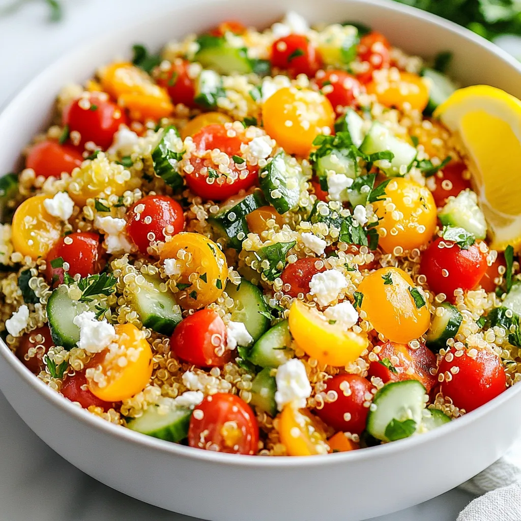 The main ingredients for this lemon garlic quinoa salad are simple and fresh. You will need: - 1 cup quinoa, rinsed - 2 cups water or vegetable broth - 1 cup cherry tomatoes, halved - 1 cucumber, diced - 1 bell pepper (any color), diced - 1/4 cup red onion, finely chopped - 1/4 cup fresh parsley, chopped - 3 tablespoons olive oil - Juice of 1 lemon - 2 cloves garlic, minced - Salt and pepper to taste These ingredients work together to create a bright and tasty salad. Quinoa provides a nice base. The veggies add crunch and color. You can add feta cheese for creaminess. If you want a vegan option, skip the cheese. Consider these optional ingredients: - 1/4 cup feta cheese, crumbled Adding feta enhances the flavor but isn't necessary. You can enjoy this salad without it. You can easily swap some ingredients. For a different taste, try: - Using brown rice instead of quinoa - Adding other veggies like corn or carrots - Using lime juice instead of lemon juice - Swapping olive oil for avocado oil These substitutions keep the salad fresh and fun. Feel free to mix and match! {{ingredient_image_1}} To cook quinoa, start by rinsing 1 cup of quinoa under cold water. This helps remove any bitter taste. Next, add the rinsed quinoa to a medium saucepan with 2 cups of water or vegetable broth. Bring it to a boil over medium-high heat. Once it boils, reduce the heat to low and cover the pan. Let it simmer for about 15 minutes. The quinoa should absorb all the liquid and become fluffy. After cooking, remove it from heat and let it cool. While the quinoa cools, you can prepare the vegetables. Halve 1 cup of cherry tomatoes and add them to a large mixing bowl. Dice 1 cucumber and 1 bell pepper (any color) and add these to the bowl as well. Then, finely chop 1/4 cup of red onion and 1/4 cup of fresh parsley. Toss all these fresh vegetables together in the bowl. Their bright colors and flavors will make your salad look great. For the dressing, grab a small bowl. Whisk together 3 tablespoons of olive oil, the juice of 1 lemon, and 2 cloves of minced garlic. Add salt and pepper to taste. This dressing adds a zesty kick to your salad. Once the quinoa has cooled, fluff it with a fork. Add the quinoa to the vegetable mixture in the large bowl. Pour the dressing over everything and toss gently until well combined. If you want, sprinkle 1/4 cup of crumbled feta cheese on top and mix it in. Taste the salad and adjust the seasoning if needed. To cook perfect quinoa, rinse it first. This removes the bitter coating. Use a ratio of 1 cup quinoa to 2 cups water or broth. Bring it to a boil over medium-high heat. Once boiling, lower the heat, cover, and simmer for about 15 minutes. The quinoa is done when it’s fluffy and the liquid is absorbed. Let it cool before mixing it with other ingredients. You can change the dressing to suit your taste. Try adding a teaspoon of honey for sweetness. Chopped herbs like basil or mint can add fresh flavor. For some heat, add a pinch of red pepper flakes. Experiment with different oils too. Avocado oil or sesame oil can give a unique twist. Meal prep is easy with this salad. Cook a larger batch of quinoa and store it in the fridge. Keep the vegetables and dressing separate until you’re ready to eat. This helps keep everything fresh. You can make this salad last for about 4 days in the fridge. Just toss it together when you want a quick meal. Pro Tips Rinse Quinoa Thoroughly: Always rinse quinoa under cold water before cooking to remove its natural coating, called saponin, which can impart a bitter flavor. Customize Your Veggies: Feel free to add or substitute any of your favorite vegetables, such as bell peppers, carrots, or spinach, to make the salad more personalized and colorful. Make Ahead: This salad can be made a day in advance. Just store it in an airtight container in the refrigerator to allow the flavors to meld. Serving Suggestions: Pair this salad with grilled chicken or fish for a complete meal, or serve it as a refreshing side dish at your next gathering. {{image_2}} You can easily make this salad vegan. Simply skip the feta cheese. The salad tastes great without it. The fresh veggies and the lemon dressing give it a tasty boost. If you want, add more chopped herbs like basil or cilantro. They add a lot of flavor and freshness. For a Mediterranean twist, add olives or artichoke hearts. They bring a salty, briny flavor. You can also toss in sun-dried tomatoes for extra depth. A sprinkle of oregano or thyme will enhance the Mediterranean vibe. These additions make the salad even more exciting and colorful. Feel free to swap quinoa with other grains like farro or bulgur. Both grains have a nice chew and flavor. For a protein boost, add chickpeas or black beans. They make the salad more filling and hearty. This way, you can enjoy a different taste each time you make it. After you enjoy your Lemon Garlic Quinoa Salad, store any leftovers in a sealed container. Keep it in the fridge for up to three days. Make sure to let it cool down before you put it away. This helps keep the flavors fresh. You can freeze this salad if you want to save it for later. Use an airtight container or a freezer bag. Remove as much air as you can. It’s best to eat frozen quinoa salad within three months. When you thaw it, the texture may change a bit, but the taste will still be good. When you’re ready to eat the salad again, you can enjoy it cold or warm it up. If you prefer it warm, place it in a pan over medium heat. Stir it gently until it is heated through. You can also microwave it for about 30 seconds. If you warm it, consider adding a splash of olive oil or lemon juice to brighten the flavors. Yes, you can make this salad ahead of time. Prepare the quinoa and veggies, then mix them with the dressing. Store the salad in the fridge for up to a day. This lets the flavors blend well. Just add the feta cheese right before serving. It keeps the cheese fresh and tasty. Quinoa is a superfood packed with nutrients. Here are some key benefits: - High in protein: Quinoa has all nine essential amino acids. This makes it a complete protein source. - Rich in fiber: It helps with digestion and keeps you feeling full. - Gluten-free: Quinoa is great for those with gluten allergies. - Loaded with vitamins: It contains B vitamins, iron, magnesium, and antioxidants. - Low in calories: Quinoa is light while still being filling. Adding quinoa to your diet can boost your overall health. This salad lasts about three to five days in the fridge. Store it in an airtight container to keep it fresh. Over time, the veggies may soften, but the flavor stays strong. If you notice any changes in smell or texture, it's best to toss it out. Enjoy this salad within the week for the best taste! In this blog post, I covered the main ingredients and steps for a delicious Lemon Garlic Quinoa Salad. We explored cooking quinoa, preparing vegetables, and making a simple dressing. I also shared tips for perfect quinoa and meal prep ideas. Variations like vegan options and storage methods help make this dish easy to enjoy. Remember, this salad is not just tasty; it’s healthy too. Make it ahead and enjoy throughout the week. Now, you can create your own twist on this recipe!