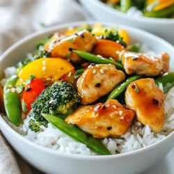 To make this dish, you need simple and fresh items. Here’s the list: - 1 lb (450g) chicken breast, sliced into thin strips - 2 tablespoons honey - 3 tablespoons soy sauce (low-sodium for lighter flavor) - 3 cloves garlic, minced - 1-inch piece of fresh ginger, grated - 1 bell pepper (red or yellow), sliced - 1 cup broccoli florets - 1 cup snap peas - 2 tablespoons vegetable oil (canola or sesame) - 1 tablespoon cornstarch mixed with 2 tablespoons cold water (slurry for thickening) - Salt and pepper to taste - Cooked jasmine rice or quinoa for serving These ingredients bring great flavor and texture to the dish. The honey adds sweetness, while the soy sauce gives it depth. The garlic and ginger bring a nice aromatic touch. You can switch up flavors easily. Try these ideas: - Add crushed red pepper flakes for heat. - Use sesame oil instead of vegetable oil for a nutty taste. - Mix in carrots or zucchini for more veggies. - Swap chicken for tofu or shrimp for a twist. These additions can make your stir fry unique and exciting. Fresh produce makes a big difference. Here are tips for choosing great veggies: - Look for bright colors in bell peppers. - Choose broccoli with tight florets and a vibrant green color. - Pick snap peas that are crisp and firm. Fresh veggies enhance both taste and nutrition. Always choose the best for your meals. {{ingredient_image_1}} To start, gather your sauce ingredients. In a bowl, mix together 2 tablespoons of honey, 3 tablespoons of low-sodium soy sauce, 3 minced garlic cloves, and a grated piece of ginger. This mix gives the dish its sweet and savory flavor. Set the sauce aside while you prepare the chicken and vegetables. Heat 1 tablespoon of vegetable oil in a large skillet or wok over medium-high heat. Add 1 pound of sliced chicken breast to the skillet. Stir-fry the chicken for about 5 to 6 minutes. Make sure the chicken is cooked through and reaches a golden color. Season with salt and pepper to taste. Once done, remove the chicken from the skillet and set it aside. In the same skillet, add another tablespoon of oil. Toss in a sliced bell pepper, 1 cup of broccoli florets, and 1 cup of snap peas. Stir-fry the vegetables for about 3 to 4 minutes. You want them to be tender but still crisp. This keeps the dish colorful and adds texture. - Incorporating Chicken and Sauce for Best Results Return the cooked chicken to the skillet. Pour the honey garlic sauce over the chicken and vegetables. Stir everything together until well coated. Then, add a cornstarch slurry made from 1 tablespoon of cornstarch mixed with 2 tablespoons of cold water. Stir continuously for about 1 to 2 minutes until the sauce thickens. This helps bind all the flavors together. Once everything is ready, serve your honey garlic chicken stir fry over cooked jasmine rice or quinoa. Enjoy your quick and tasty meal! To make sure your chicken stays tender, use fresh chicken breast. Cut it into thin strips. This helps it cook faster and stay juicy. Make sure not to overcrowd the pan. Cook in batches if needed. This way, the chicken sears nicely. Season it with salt and pepper before cooking. This adds flavor right from the start. If you want to change the sweetness, simply add or reduce the honey. Start with two tablespoons. Taste it after mixing in the sauce. If you like it sweeter, add more honey slowly. If it’s too sweet, add a splash of soy sauce. This balances the taste. You can also add a bit of lime juice for a tangy kick. Avoid cooking the chicken on low heat. Low heat makes it steam, not fry. Also, don’t skip the cornstarch slurry. It helps thicken the sauce and makes it glossy. Stir-frying takes quick movements. Don’t walk away from the pan! Keep stirring to cook evenly. Lastly, remember to use vegetables that cook quickly, like bell peppers and snap peas. This keeps them crispy and colorful. Pro Tips Use Fresh Ingredients: For the best flavor, use fresh garlic and ginger. They add a robust taste that enhances the overall dish. Customize Your Veggies: Feel free to mix and match vegetables based on what you have on hand. Carrots, snap peas, or zucchini work great! Control the Sauce Thickness: Adjust the amount of cornstarch in the slurry to achieve your desired sauce thickness. Less cornstarch will create a lighter sauce. Marinate the Chicken: For extra flavor, marinate the chicken in the honey-soy mixture for at least 30 minutes before cooking. {{image_2}} You can make this dish even better by adding more veggies. Extra vegetables add color, flavor, and nutrients. Try adding sliced carrots, zucchini, or mushrooms. Spinach or kale can also work well. These veggies cook quickly. They keep their crunch and add great taste. If you want to switch proteins, try using shrimp or tofu. Shrimp cooks fast and has a nice flavor. Tofu is a great plant-based option. Make sure to press and cube it first. You can also use beef or pork if you prefer. Just adjust the cooking time for different meats. Do you like spicy food? Adding chili flakes or sriracha can give your stir fry a kick. You can also use fresh sliced jalapeños for a fresh and spicy taste. Just be careful with the amount. Start with a little, then add more if you like it hot! To keep your honey garlic chicken stir fry fresh, let it cool first. Then, place it in an airtight container. Store it in the fridge for up to three days. If you want to save it longer, freeze it. Use freezer-safe bags or containers. The stir fry can last for up to three months in the freezer. To reheat leftovers, use a skillet over medium heat. This method helps keep the chicken tender. Add a splash of water or broth to keep it moist. Stir occasionally until heated through. You can also use the microwave. Heat in short bursts, stirring in between, until hot. For a quick meal, prep your ingredients ahead of time. Slice the chicken and veggies in advance. Store them in separate containers in the fridge. You can mix the sauce and keep it in a jar. On busy days, just stir-fry everything together. This way, you can enjoy a tasty meal in no time! Yes, you can use frozen chicken. Just make sure to thaw it first. It is best to thaw chicken overnight in the fridge. If you are short on time, you can use the microwave. After thawing, slice the chicken into strips before cooking. This helps it cook evenly. You can use maple syrup or agave nectar as a substitute. Both will give a sweet flavor. If you want a less sweet option, try brown sugar mixed with water. Adjust the amount to suit your taste. The key is to keep the balance of sweet and savory. Yes, this recipe can be gluten-free! Just choose gluten-free soy sauce. There are many brands available. Always check the label to be sure. This way, you can enjoy the dish without worry. How to make it vegetarian-friendly? To make this dish vegetarian, swap chicken for tofu or tempeh. Cut it into strips and use the same cooking method. Make sure to press tofu to remove excess water. This helps it absorb the honey-garlic sauce better. You can also add more vegetables for extra flavor and nutrition. In this blog post, we explored making Honey Garlic Chicken Stir Fry. We covered essential ingredients, variations for flavor, and tips for picking fresh produce. I walked you through step-by-step instructions, including preparing the sauce and cooking techniques for tender chicken. We also discussed mistakes to avoid and how to add more veggies or alter proteins. Remember, cooking can be simple and fun. Experiment with flavors that excite you. Enjoy your stir fry and share your tasty results!