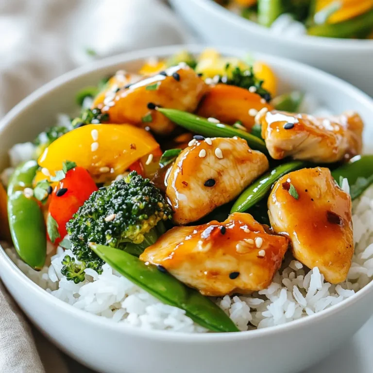 To make this dish, you need simple and fresh items. Here’s the list: - 1 lb (450g) chicken breast, sliced into thin strips - 2 tablespoons honey - 3 tablespoons soy sauce (low-sodium for lighter flavor) - 3 cloves garlic, minced - 1-inch piece of fresh ginger, grated - 1 bell pepper (red or yellow), sliced - 1 cup broccoli florets - 1 cup snap peas - 2 tablespoons vegetable oil (canola or sesame) - 1 tablespoon cornstarch mixed with 2 tablespoons cold water (slurry for thickening) - Salt and pepper to taste - Cooked jasmine rice or quinoa for serving These ingredients bring great flavor and texture to the dish. The honey adds sweetness, while the soy sauce gives it depth. The garlic and ginger bring a nice aromatic touch. You can switch up flavors easily. Try these ideas: - Add crushed red pepper flakes for heat. - Use sesame oil instead of vegetable oil for a nutty taste. - Mix in carrots or zucchini for more veggies. - Swap chicken for tofu or shrimp for a twist. These additions can make your stir fry unique and exciting. Fresh produce makes a big difference. Here are tips for choosing great veggies: - Look for bright colors in bell peppers. - Choose broccoli with tight florets and a vibrant green color. - Pick snap peas that are crisp and firm. Fresh veggies enhance both taste and nutrition. Always choose the best for your meals. {{ingredient_image_1}} To start, gather your sauce ingredients. In a bowl, mix together 2 tablespoons of honey, 3 tablespoons of low-sodium soy sauce, 3 minced garlic cloves, and a grated piece of ginger. This mix gives the dish its sweet and savory flavor. Set the sauce aside while you prepare the chicken and vegetables. Heat 1 tablespoon of vegetable oil in a large skillet or wok over medium-high heat. Add 1 pound of sliced chicken breast to the skillet. Stir-fry the chicken for about 5 to 6 minutes. Make sure the chicken is cooked through and reaches a golden color. Season with salt and pepper to taste. Once done, remove the chicken from the skillet and set it aside. In the same skillet, add another tablespoon of oil. Toss in a sliced bell pepper, 1 cup of broccoli florets, and 1 cup of snap peas. Stir-fry the vegetables for about 3 to 4 minutes. You want them to be tender but still crisp. This keeps the dish colorful and adds texture. - Incorporating Chicken and Sauce for Best Results Return the cooked chicken to the skillet. Pour the honey garlic sauce over the chicken and vegetables. Stir everything together until well coated. Then, add a cornstarch slurry made from 1 tablespoon of cornstarch mixed with 2 tablespoons of cold water. Stir continuously for about 1 to 2 minutes until the sauce thickens. This helps bind all the flavors together. Once everything is ready, serve your honey garlic chicken stir fry over cooked jasmine rice or quinoa. Enjoy your quick and tasty meal! To make sure your chicken stays tender, use fresh chicken breast. Cut it into thin strips. This helps it cook faster and stay juicy. Make sure not to overcrowd the pan. Cook in batches if needed. This way, the chicken sears nicely. Season it with salt and pepper before cooking. This adds flavor right from the start. If you want to change the sweetness, simply add or reduce the honey. Start with two tablespoons. Taste it after mixing in the sauce. If you like it sweeter, add more honey slowly. If it’s too sweet, add a splash of soy sauce. This balances the taste. You can also add a bit of lime juice for a tangy kick. Avoid cooking the chicken on low heat. Low heat makes it steam, not fry. Also, don’t skip the cornstarch slurry. It helps thicken the sauce and makes it glossy. Stir-frying takes quick movements. Don’t walk away from the pan! Keep stirring to cook evenly. Lastly, remember to use vegetables that cook quickly, like bell peppers and snap peas. This keeps them crispy and colorful. Pro Tips Use Fresh Ingredients: For the best flavor, use fresh garlic and ginger. They add a robust taste that enhances the overall dish. Customize Your Veggies: Feel free to mix and match vegetables based on what you have on hand. Carrots, snap peas, or zucchini work great! Control the Sauce Thickness: Adjust the amount of cornstarch in the slurry to achieve your desired sauce thickness. Less cornstarch will create a lighter sauce. Marinate the Chicken: For extra flavor, marinate the chicken in the honey-soy mixture for at least 30 minutes before cooking. {{image_2}} You can make this dish even better by adding more veggies. Extra vegetables add color, flavor, and nutrients. Try adding sliced carrots, zucchini, or mushrooms. Spinach or kale can also work well. These veggies cook quickly. They keep their crunch and add great taste. If you want to switch proteins, try using shrimp or tofu. Shrimp cooks fast and has a nice flavor. Tofu is a great plant-based option. Make sure to press and cube it first. You can also use beef or pork if you prefer. Just adjust the cooking time for different meats. Do you like spicy food? Adding chili flakes or sriracha can give your stir fry a kick. You can also use fresh sliced jalapeños for a fresh and spicy taste. Just be careful with the amount. Start with a little, then add more if you like it hot! To keep your honey garlic chicken stir fry fresh, let it cool first. Then, place it in an airtight container. Store it in the fridge for up to three days. If you want to save it longer, freeze it. Use freezer-safe bags or containers. The stir fry can last for up to three months in the freezer. To reheat leftovers, use a skillet over medium heat. This method helps keep the chicken tender. Add a splash of water or broth to keep it moist. Stir occasionally until heated through. You can also use the microwave. Heat in short bursts, stirring in between, until hot. For a quick meal, prep your ingredients ahead of time. Slice the chicken and veggies in advance. Store them in separate containers in the fridge. You can mix the sauce and keep it in a jar. On busy days, just stir-fry everything together. This way, you can enjoy a tasty meal in no time! Yes, you can use frozen chicken. Just make sure to thaw it first. It is best to thaw chicken overnight in the fridge. If you are short on time, you can use the microwave. After thawing, slice the chicken into strips before cooking. This helps it cook evenly. You can use maple syrup or agave nectar as a substitute. Both will give a sweet flavor. If you want a less sweet option, try brown sugar mixed with water. Adjust the amount to suit your taste. The key is to keep the balance of sweet and savory. Yes, this recipe can be gluten-free! Just choose gluten-free soy sauce. There are many brands available. Always check the label to be sure. This way, you can enjoy the dish without worry. How to make it vegetarian-friendly? To make this dish vegetarian, swap chicken for tofu or tempeh. Cut it into strips and use the same cooking method. Make sure to press tofu to remove excess water. This helps it absorb the honey-garlic sauce better. You can also add more vegetables for extra flavor and nutrition. In this blog post, we explored making Honey Garlic Chicken Stir Fry. We covered essential ingredients, variations for flavor, and tips for picking fresh produce. I walked you through step-by-step instructions, including preparing the sauce and cooking techniques for tender chicken. We also discussed mistakes to avoid and how to add more veggies or alter proteins. Remember, cooking can be simple and fun. Experiment with flavors that excite you. Enjoy your stir fry and share your tasty results!