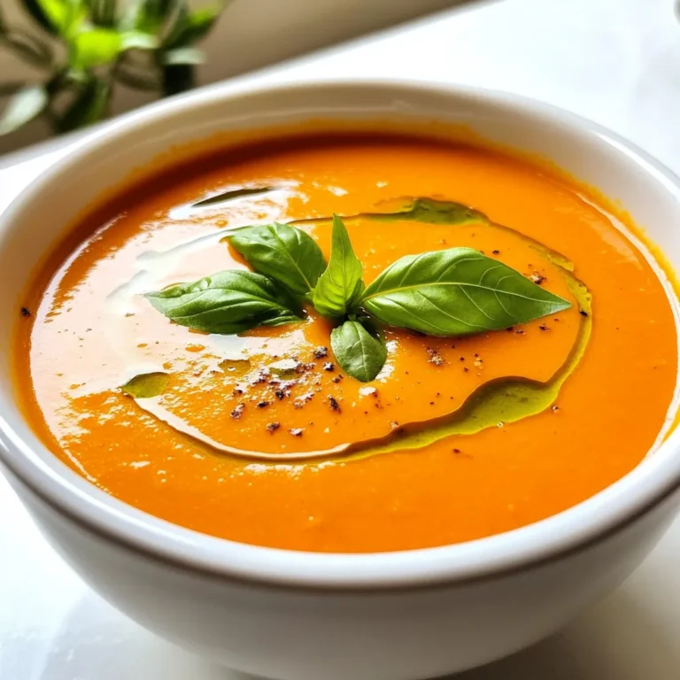 To make creamy roasted red pepper soup, you'll need the following ingredients: - 4 large red bell peppers, halved and seeds removed - 1 medium onion, chopped - 3 cloves garlic, minced - 2 tablespoons olive oil - 2 cups vegetable broth - 1 cup coconut milk (or heavy cream if preferred) - 1 teaspoon smoked paprika - Salt and pepper to taste - Fresh basil leaves for garnish You can add your own twist to this soup with these optional ingredients: - A pinch of cayenne pepper for heat - Lemon juice for brightness - A dollop of yogurt for creaminess - Grated cheese for extra flavor If you don't have certain ingredients, here are some substitutions: - Use red or yellow bell peppers if you can't find red. - Swap coconut milk with almond milk for a lighter option. - If you don't have smoked paprika, regular paprika works well too. - Use chicken broth instead of vegetable broth for added richness. Feel free to mix and match these ingredients to make the soup your own! {{ingredient_image_1}} Start with four large red bell peppers. Cut each pepper in half and remove the seeds. This will help the soup taste smooth and sweet. Rinse the halves under cold water to wash off any bits. Use a paper towel to dry them. Preheat your oven to 425°F (220°C). Place the peppers cut side down on a baking sheet lined with parchment paper. Roast them for about 25 to 30 minutes. Look for the skins to become blistered and charred. This step adds deep flavor to your soup. While the peppers roast, heat two tablespoons of olive oil in a large pot over medium heat. Add one medium chopped onion and three minced garlic cloves. Sauté these for five to seven minutes. The onion should become clear and soft. This mix gives the soup a strong base. Once the peppers cool, peel off the charred skin. Add the roasted peppers to the pot with the onion and garlic. Pour in two cups of vegetable broth and bring the mix to a boil. Lower the heat and let it simmer for ten minutes. Blend the soup until smooth using an immersion blender or a regular blender. Stir in one cup of coconut milk and one teaspoon of smoked paprika. Add salt and pepper to taste. Heat for another five minutes and serve warm, garnished with fresh basil leaves. To get the perfect creamy texture, use coconut milk or heavy cream. Coconut milk gives a light, sweet taste. Blend the soup until it is smooth. An immersion blender works best for this. If you use a regular blender, do it in small batches. This way, you avoid spills and mess. To add more depth to your soup, try smoked paprika. This spice gives a warm, rich flavor. You can also add a pinch of red pepper flakes for some heat. Fresh basil leaves not only look nice but also add a fresh taste. For an earthy note, consider adding a splash of balsamic vinegar. Serve the soup warm in bowls. Garnish it with fresh basil leaves. This adds a pop of color and flavor. Pair it with crusty bread for dipping. A simple salad on the side makes a great meal. Try a light mixed greens salad with a lemon vinaigrette. Pro Tips Roasting for Flavor: Roasting the peppers until they are charred enhances their sweetness and adds a depth of flavor to the soup. Choose Your Cream: For a dairy-free option, stick with coconut milk; for a richer taste, heavy cream can be used instead. Blending Techniques: An immersion blender is ideal for this soup, but if using a regular blender, allow the soup to cool slightly before blending in batches. Seasoning to Taste: Don’t forget to taste and adjust the seasoning; a little extra salt or smoked paprika can elevate the flavor significantly. {{image_2}} To make this soup vegan, use cashew cream instead of coconut milk or heavy cream. Soak 1 cup of raw cashews in water for 2-4 hours. After soaking, blend the cashews with 1 cup of water until smooth. Stir this creamy mix into your soup after blending. This adds a rich, nutty flavor while keeping it plant-based. If you like heat, add some spice! Mix in 1-2 teaspoons of red pepper flakes or a diced jalapeño when you sauté your onion and garlic. This will give your soup a nice kick. You can also drizzle some hot sauce over each bowl before serving for an extra punch. Add fun textures to your soup with toppings. Crispy croutons give a nice crunch. Try making them by toasting bread cubes in olive oil and seasoning them with herbs. You can also sprinkle shredded cheese, like mozzarella or goat cheese, on top for a creamy finish. Fresh herbs, like basil or parsley, add color and flavor too! After enjoying your creamy roasted red pepper soup, let it cool to room temperature. Pour any leftovers into an airtight container. This helps keep the soup fresh. Store it in the fridge for up to four days. Be sure to use a clean spoon when scooping out portions. If you want to save some for later, freezing works well. First, let the soup cool completely. Then, pour it into freezer-safe bags or containers. Leave some space at the top for expansion. Label the bags with the date. You can freeze the soup for up to three months. When you're ready to eat, just thaw it in the fridge. To reheat your soup, pour it into a pot over medium heat. Stir it often to heat evenly. If the soup seems too thick, add a splash of vegetable broth or water. You can also use a microwave. Heat the soup in a microwave-safe bowl. Start with one minute, then stir and check the heat. Enjoy it warm with fresh basil on top! You can use fresh peppers, but roasting adds flavor. Roasting brings out the sweetness. It also gives the soup a smoky taste. If you choose fresh peppers, roast them first. Just follow the same steps. This soup pairs well with many dishes. You can serve it with crusty bread. Grilled cheese sandwiches are a classic choice. A simple salad adds freshness too. You can enjoy it as a starter or a main dish. This soup stays fresh for about 3 to 4 days. Make sure to store it in an airtight container. Let it cool before sealing. Always check for any changes before eating. Yes, you can make this soup ahead of time. It actually tastes better the next day. Just reheat it gently on the stove. Add a splash of coconut milk for extra creaminess. This blog post guides you through making creamy roasted red pepper soup. We covered the ingredients, step-by-step instructions, and handy tips. You learned how to roast peppers and create a smooth texture. Consider variations like vegan options or adding spice for a kick. Remember, storage is key for leftovers, and reheating is simple. Enjoy experimenting and make this soup your own. Trust me, the rich flavors will delight your taste buds!