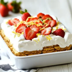 You need 2 cups of fresh strawberries. Start by hulling and slicing them. This step helps release their sweet juices. The strawberries bring bright color and flavor to the cake. You will use 1 cup of heavy cream. Whipping this cream adds a light texture. It also balances the sweetness of the other ingredients. You need 1/2 cup of powdered sugar. This sugar dissolves easily, giving the cream a smooth taste. It sweetens the whipped cream without being gritty. A teaspoon of vanilla extract is key. It adds warmth and depth to the flavor. Use pure vanilla for the best results. You need one package, or 14 ounces, of honey graham crackers. These crackers form the cake's base and layers. Their sweetness complements the strawberries and cream. You will use 1 cup of Greek yogurt. This adds creaminess and tang. You can use plain or vanilla yogurt based on your taste. Zest from one lemon adds brightness. It enhances the flavors and makes the cake pop. A little zest goes a long way in flavor. A pinch of salt is essential. It balances the sweetness of the cake. Salt enhances all the flavors in your dessert. {{ingredient_image_1}} First, wash the strawberries. Remove the tops and slice them. In a medium bowl, mix the sliced strawberries with 1/4 cup of powdered sugar. This helps the berries release their sweet juices. Let them sit for about 30 minutes. This step is key for a juicy flavor. In another bowl, pour in the heavy cream. Add the remaining powdered sugar, vanilla extract, and a pinch of salt. Use a mixer to whip the cream. Stop when you see soft peaks. Be careful not to overwhip, as it can become grainy. You want it light and fluffy for a smooth texture. Now, take the whipped cream and gently add the Greek yogurt. Also, add in the lemon zest for a fresh taste. Use a spatula to fold the mixture. Make sure it is well combined but still light. This mix adds richness and tang. Grab a 9x9 inch baking dish. Start with a layer of graham crackers at the bottom. If needed, break them to fit. Spread a third of the cream mixture over the crackers, smoothing it out evenly. Then, spoon half of the strawberries on top. This layering creates a tasty base. Next, repeat the layers. Add another layer of graham crackers, followed by another third of the cream mix. Then, add the rest of the strawberries. Finish with one last layer of graham crackers. Top it off with the last of the cream mixture. Smooth the top nicely. Cover and refrigerate for at least 4 hours. If you can, let it chill overnight. This helps all the flavors blend. Before serving, you can add fresh strawberries on top for a beautiful finish. To whip cream well, start with cold heavy cream. This helps it whip faster. Use a chilled bowl and beaters for best results. I usually whip until soft peaks form. Be careful not to overwhip; it can turn into butter. Soft peaks mean the cream holds its shape but still stays creamy. When picking strawberries, look for bright red color. They should feel firm, not soft. Smell them; ripe strawberries have a sweet scent. Avoid berries with green or white spots. These spots mean they are not fully ripe. Fresh strawberries make your cake taste amazing. You can mix flavors into your icebox cake. Try adding a splash of orange juice for zest. You can also use different fruits like blueberries or peaches. Adding a bit of almond extract gives a nice twist too. Experimenting keeps your dessert exciting! When ready to serve, cut the cake into nice squares. Top each piece with more fresh strawberries. You can also add mint leaves for a pop of color. Serve it chilled for a refreshing treat. This cake looks great and tastes even better! Pro Tips Use Fresh Strawberries: Opt for ripe, fresh strawberries for the best flavor and sweetness. They will enhance the overall taste of your icebox cake. Chill for Better Texture: Allow the cake to chill overnight if possible. This lets the flavors meld and ensures the graham crackers soften perfectly. Variations: Feel free to experiment with different fruits like peaches or blueberries to create your own twist on the classic strawberry shortcake. Presentation Matters: For a beautiful presentation, garnish your cake with whole strawberries or a sprig of mint just before serving. {{image_2}} You can make this icebox cake with other fruits. Blueberries, raspberries, or peaches work great. Just follow the same steps for the strawberries. Each fruit brings its own flavor. For a twist, try a mix of fruits. It adds color and taste to your cake. If you need a gluten-free option, swap graham crackers for gluten-free ones. Look for brands that fit your diet. You can also use crushed gluten-free cookies or even almond flour. This way, everyone can enjoy your dessert without worry. Want to add chocolate? Use chocolate graham crackers or sprinkle chocolate chips between layers. You can also add chopped nuts for crunch. Walnuts or almonds mix well with the cream. These tweaks make your icebox cake even more special and fun! You can keep your strawberry shortcake icebox cake in the fridge. Cover it well with plastic wrap or foil. This will help keep it fresh and tasty. The cake will stay good for about 3 to 4 days. After that, the graham crackers may get too soft. If you want to save some for later, you can freeze it. Cut the cake into portions first. Wrap each piece tightly in plastic wrap, then place them in a freezer bag. This helps to prevent freezer burn. You can freeze it for up to 1 month. When ready to eat, thaw it in the fridge overnight. To keep your cake fresh, always use clean utensils when serving. This avoids introducing bacteria. If you notice any signs of spoilage, like an off smell or discoloration, it's best to toss it. For the best flavor, enjoy it within a few days of making it. The strawberry shortcake icebox cake lasts about 3 to 5 days in the fridge. Keep it covered to maintain freshness. The flavors improve over time, making it taste even better! Yes, you can make this cake a day in advance. In fact, it's better if you do! Letting it chill overnight helps the flavors mix well. The graham crackers will be soft and delicious. If you need a substitute for Greek yogurt, use regular plain yogurt. You can also use sour cream for a tangy twist. Both options will keep the cake creamy and rich. The cake is ready when the graham crackers soften. After chilling for at least 4 hours, the layers should hold together. You can add extra strawberries on top for a lovely finish. In this post, we explored how to make a delicious strawberry shortcake icebox cake. You learned about the key ingredients like fresh strawberries and heavy cream. We went over simple steps for preparation and assembly. I shared tips for perfecting your whipped cream and enhancing flavors. You discovered fun variations and important storage tips. This cake is easy to make and great for any gathering. Enjoy your sweet creation!