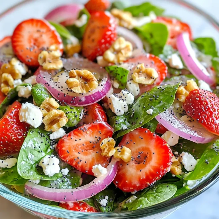 - 4 cups fresh baby spinach - 2 cups strawberries - 1/2 cup red onion - 1/2 cup feta cheese - 1/4 cup toasted pecans or walnuts - 1/2 cup olive oil - 1/4 cup apple cider vinegar - 2 tablespoons honey - 1/4 cup poppy seeds - Salt and pepper to taste This salad offers about 150 calories per serving. It packs a good mix of nutrients. Each serving has around 3 grams of protein, 12 grams of fat, and 10 grams of carbohydrates. This makes it a light yet satisfying dish. The fresh spinach and strawberries provide vitamins and minerals. The nuts add healthy fats and crunch. Overall, it’s a delicious way to enjoy a blend of flavors and nutrition in one bowl. {{ingredient_image_1}} To start, grab a large salad bowl. In this bowl, combine 4 cups of fresh baby spinach and 2 cups of sliced strawberries. Mix them well. The bright green spinach and red strawberries create a nice contrast. Next, add 1/2 cup of thinly sliced red onion. This adds a sweet and zesty kick. Now, sprinkle in 1/2 cup of crumbled feta cheese. Feta gives the salad a creamy taste. Finally, toss in 1/4 cup of chopped toasted pecans or walnuts for some crunch and flavor. For the dressing, take a small mixing bowl. Whisk together 1/2 cup of olive oil, 1/4 cup of apple cider vinegar, and 2 tablespoons of honey. Add in 1/4 cup of poppy seeds. This adds a fun texture and taste. Taste the dressing and season it with salt and pepper. Adjust the seasoning as needed to fit your taste. Now it’s time to put everything together. Drizzle the dressing over the salad ingredients. Make sure to cover everything with the dressing. Then, gently toss the salad so the spinach and strawberries mix well. This helps all the flavors blend together. Serve the salad right away for the best taste. If you prefer, let it chill in the fridge for about 30 minutes. This lets the flavors meld even better. Enjoy your fresh and flavorful Strawberry Spinach Poppyseed Salad! To show off this salad's beauty, use a clear glass bowl. The bright greens and reds pop against the glass. You can also garnish with whole strawberries and extra poppy seeds. This adds flair and draws the eye. For main dishes, this salad pairs well with grilled chicken or fish. The sweet and tangy flavors complement savory proteins. It's also great with a light pasta dish. Serve it at a picnic or family meal to add a fresh touch. Store leftovers in an airtight container. This keeps the salad fresh for up to two days. If you can, keep the dressing separate. This prevents the spinach from wilting. When ready to eat, drizzle the dressing on and toss gently. To keep the salad crisp, avoid mixing in the nuts until serving. They stay crunchy this way. Also, place a paper towel in the container. It helps absorb excess moisture and keeps the greens fresh longer. If you're not a fan of feta cheese, try goat cheese or even ricotta. These options still give a creamy texture and flavor. For nuts, swap pecans for sliced almonds or hazelnuts. Each nut adds its own unique taste and crunch. You can also try sunflower seeds for a nut-free option. This keeps the salad delicious and safe for those with nut allergies. Pro Tips Fresh Ingredients: Always use the freshest spinach and strawberries for the best flavor and texture in your salad. Chill Before Serving: Letting the salad chill in the refrigerator for 30 minutes allows the flavors to meld together beautifully. Nuts for Crunch: Toast your nuts before adding them to the salad to enhance their flavor and provide a delightful crunch. Customize Your Greens: Feel free to mix in other greens like arugula or kale for added nutrition and a different taste profile. {{image_2}} You can change this salad with seasonal fruits. In summer, add blueberries or peaches. They bring a burst of sweetness and color. In fall, try diced apples for crunch. You can also switch greens. Arugula adds a peppery taste. It pairs well with strawberries. To make this salad vegan, skip the feta cheese or use a plant-based option. You can also replace honey with maple syrup for sweetness. For gluten-free options, check your nuts and dressing. Most ingredients are naturally gluten-free, making this salad easy to enjoy. For more flavor, add fresh herbs like basil or mint. They brighten the salad up. You can also add protein to make it a meal. Grilled chicken works great here, or use chickpeas for a plant-based boost. Both options make the salad hearty and filling. To make this salad ahead, prep the ingredients first. Wash and dry the spinach. Slice the strawberries, onions, and nuts. Store each in separate containers. This helps keep them fresh. When ready to serve, mix them in a bowl. Drizzle the dressing just before serving. This keeps the salad crisp and tasty. Yes, you can make the dressing ahead of time. Combine olive oil, apple cider vinegar, honey, and poppy seeds in a jar. Shake it well until mixed. You can store it in the fridge for up to a week. Just give it a good shake before using it again. This makes salad prep easier on busy days. This salad is packed with health benefits. - Spinach is high in vitamins A and K. It is good for your bones and eyes. - Strawberries are rich in antioxidants. They help fight inflammation and boost heart health. - Feta cheese adds protein and calcium. It supports strong bones and muscle health. - Nuts, like pecans or walnuts, provide healthy fats. They can help with cholesterol levels. Overall, this salad is fresh, light, and full of nutrients. It is a great choice for a healthy meal! The strawberry spinach poppyseed salad has roots in America. It gained fame in the 1980s. It quickly became a favorite at picnics and potlucks. The bright colors and fresh flavors made it stand out. People loved how well the strawberries paired with spinach. The poppy seeds added a fun crunch. Over time, the salad found its way into many homes and restaurants. Salads have played a big role in many cultures. They often represent fresh, healthy eating. In American cuisine, salads are more than side dishes. They are often the main focus of a meal. The strawberry spinach poppyseed salad shows how salads can be creative. They can mix flavors and textures. This salad is a great example of how food can bring people together. The strawberry spinach poppyseed salad has changed a lot over the years. While the core ingredients remain, chefs have added their twists. Some add nuts for crunch or swap out feta for goat cheese. Others play with dressings, making them lighter or more flavorful. This evolution shows how versatile the salad can be. It adapts to seasonal ingredients and personal tastes while keeping its charm. This blog post covered how to make a delicious Strawberry Spinach Poppyseed Salad. We discussed fresh ingredients, a simple dressing, and step-by-step instructions. You learned tips for serving, storage, and substitutions to fit your needs. Variations help you explore new flavors, while the FAQs answered common questions. Try this salad for a tasty and healthy choice. Enjoy the flavors and the benefits!